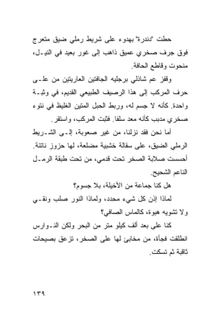 ‫ﺤﻁﺕ "ﺩﻨﺩﺭﺓ" ﺒﻬﺩﻭﺀ ﻋﻠﻰ ﺸﺭﻴﻁ ﺭﻤﻠﻲ ﻀﻴﻕ ﻤﺘﻌﺭﺝ‬
‫ﻓﻭﻕ ﺠﺭﻑ ﺼﺨﺭﻱ ﻋﻤﻴﻕ ﺫﺍﻫﺏ ﺇﻟﻰ ﻏﻭﺭ ﺒﻌﻴﺩ ﻓﻲ ﺍﻟﻨﻴـل،‬
                                  ‫ﻤﻨﺤﻭﺕ ﻭﻗﺎﻁﻊ ﺍﻟﺤﺎﻓﺔ.‬
‫ﻭﻗﻔﺯ ﻋﻡ ﺸﺎﺫﻟﻲ ﺒﺭﺠﻠﻴﻪ ﺍﻟﺠﺎﻓﺘﻴﻥ ﺍﻟﻌﺎﺭﻴﺘﻴﻥ ﻤﻥ ﻋﻠـﻰ‬
‫ﺤﺭﻑ ﺍﻟﻤﺭﻜﺏ ﺇﻟﻰ ﻫﺫﺍ ﺍﻟﺭﺼﻴﻑ ﺍﻟﻁﺒﻴﻌﻲ ﺍﻟﻘﺩﻴﻡ، ﻓﻲ ﻭﺜﺒـﺔ‬
‫ﻭﺍﺤﺩﺓ. ﻜﺄﻨﻪ ﻻ ﺠﺴﻡ ﻟﻪ، ﻭﺭﺒﻁ ﺍﻟﺤﺒل ﺍﻟﻤﺘﻴﻥ ﺍﻟﻐﻠﻴﻅ ﻓﻲ ﻨﺘﻭﺀ‬
      ‫ﺼﺨﺭﻱ ﻤﺩﺒﺏ ﻜﺄﻨﻪ ﻤﻌﺩ ﺴﻠﻔﺎ. ﻓﺜﺒﺕ ﺍﻟﻤﺭﻜﺏ، ﻭﺍﺴﺘﻘﺭ.‬
                            ‫ﹰ‬
‫ﺃﻤﺎ ﻨﺤﻥ ﻓﻘﺩ ﻨﺯﻟﻨﺎ، ﻤﻥ ﻏﻴﺭ ﺼﻌﻭﺒﺔ، ﺇﻟـﻰ ﺍﻟﺸـﺭﻴﻁ‬
‫ﺍﻟﺭﻤﻠﻲ ﺍﻟﻀﻴﻕ، ﻋﻠﻰ ﺴﻘﺎﻟﺔ ﺨﺸﺒﻴﺔ ﻤﻀﻠﻌﺔ، ﻟﻬﺎ ﺤﺯﻭﺯ ﻨﺎﺘﺌﺔ.‬
‫ﺃﺤﺴﺴﺕ ﺼﻼﺒﺔ ﺍﻟﺼﺨﺭ ﺘﺤﺕ ﻗﺩﻤﻲ، ﻤﻥ ﺘﺤﺕ ﻁﺒﻘﺔ ﺍﻟﺭﻤـل‬
                                         ‫ﺍﻟﻨﺎﻋﻡ ﺍﻟﺸﺤﻴﺢ.‬
              ‫ﻫل ﻜﻨﺎ ﺠﻤﺎﻋﺔ ﻤﻥ ﺍﻷﺨﻴﻠﺔ، ﺒﻼ ﺠﺴﻭﻡ؟‬
‫ﻟﻤﺎﺫﺍ ﺇﺫﻥ ﻜل ﺸﻲﺀ ﻤﺤﺩﺩ، ﻭﻟﻤﺎﺫﺍ ﺍﻟﻨﻭﺭ ﺼﻠﺏ ﻭﻨﻘـﻲ‬
                       ‫ﻭﻻ ﺘﺸﻭﻴﻪ ﻫﺒﻭﺓ، ﻜﺎﻟﻤﺎﺱ ﺍﻟﺼﺎﻓﻲ؟‬
‫ﻜﻨﺎ ﻋﻠﻰ ﺒﻌﺩ ﺃﻟﻑ ﻜﻴﻠﻭ ﻤﺘﺭ ﻤﻥ ﺍﻟﺒﺤﺭ ﻭﻟﻜﻥ ﺍﻟﻨـﻭﺍﺭﺱ‬
‫ﺍﻨﻁﻠﻘﺕ ﻓﺠﺄﺓ، ﻤﻥ ﻤﺨﺎﺒﺊ ﻟﻬﺎ ﻋﻠﻰ ﺍﻟﺼﺨﺭ، ﺘﺯﻋﻕ ﺒﺼﻴﺤﺎﺕ‬
                                        ‫ﺜﺎﻗﺒﺔ ﺜﻡ ﺘﺴﻜﺕ.‬




‫٩٣١‬
 