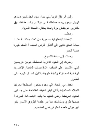 ‫ﻭﻜﺎﻥ ﺃﺒﻭ ﻨﻘﺎﺭ ﻗﺭﻴﺒﺎ ﻤﻨﻲ ﺠﺩﹰ، ﺃﺴﻭﺩ ﺍﻟﺠﻨـﺎﺤﻴﻥ ﻨـﺎﻋﻡ‬
                      ‫ﺍ‬       ‫ﹰ‬
‫ﺍﻟﺭﻴﺵ، ﻴﺤﻭﻡ ﺒﺒﻁﺀ، ﺼﺎﻤﺘﹰ، ﻓـﻲ ﺩﻭﺍﺌـﺭ ﻭﺍﺴـﻌﺔ ﺘﻀـﻴﻕ‬
                         ‫ﺎ‬
      ‫ﺒﺎﻟﺘﺩﺭﻴﺞ، ﺜﻡ ﻴﻨﻘﺽ ﻤﺭﺓ ﻭﺍﺤﺩﺓ ﺒﻤﻨﻘﺎﺭﻩ ﺍﻟﻤﺴﺩﺩ ﺍﻟﻁﻭﻴل.‬
                                          ‫ﻭﺩﺨﻠﺕ.‬
‫ﺍﻷﻋﻤﺩﺓ ﺍﻷﺴﻁﻭﺍﻨﻴﺔ ﻤﺴﺤﻭﺒﺔ ﻤﻥ ﺘﺤﺕ ﻤﻤﺘﻠﺌـﺔ ﻋﻨـﺩ‬
‫ﺴﻤﺎﻨﺔ ﺍﻟﺴﺎﻕ ﺘﻨﺘﻬﻲ ﺇﻟﻰ ﺃﻜﺎﻟﻴل ﺍﻟﻠﻭﺘﺱ ﺍﻟﻤﻠﺘﻤـﺔ ﺍﻟﻤﻀـﻔﻭﺭﺓ‬
                                           ‫ﻏﻀﺔ ﺍﻟﺤﺠﺭ.‬
                         ‫ﻭﺼﻠﺕ ﺇﻟﻰ ﺴﺎﺤﺔ ﺍﻟﺸﻤﻭﻉ.‬
‫ﻭﻋﺒﺭﺕ ﺇﻟﻰ ﺍﻟﻌﻘﻭﺩ ﺍﻟﺩﺍﺌﺭﻴﺔ ﺍﻟﻤﺨﻁﻁﺔ ﺒﻠﻭﻨﻴﻥ ﻋﺭﻴﻀﻴﻥ‬
‫ﺍﻟﺒﻨﻲ ﻭﺍﻷﺒﻴﺽ ﻋﻠﻰ ﺍﻟﺘﻌﺎﻗﺏ ﻭﺍﻟﻤﻘﺭﻨﺼﺎﺕ ﺍﻟﻤﺜﻤﻨﺔ ﻭﺍﻷﻋﻤـﺩﺓ‬
‫ﺍﻟﺭﺨﺎﻤﻴﺔ ﺍﻟﻤﺼﻘﻭﻟﺔ ﺭﺸﻴﻘﺔ ﻤﺘﻭﺠﺔ ﺒﺄﻜﺎﻟﻴل ﺍﻟﻐـﺎﺭ ﺍﻟﺭﻭﻤـﺎﻨﻲ‬
                                                ‫ﺍﻟﻤﻘﻬﻭﺭ.‬
‫ﺘﺤﺩﻕ ﺒﻲ ﻭﺘﺤﺩﻕ ﺇﻟﻲ ﻭﺠﻭﻩ ﺤﺘﺤﻭﺭ ﺍﻟﻤﺴﻁﺤﺔ ﺒﻌﻴﻭﻨﻬﺎ‬
                           ‫‪‬‬
‫ﺍﻟﻨﺠﻼﺀ ﺍﻟﻤﺴﺘﻁﻴﻠﺔ ﻭﺁﺫﺍﻥ ﺍﻟﺒﻘﺭ ﺍﻟﺩﻗﻴﻘﺔ ﺍﻟﻤﻔﻠﻁﺤﺔ ﻋﻠﻰ ﺠـﺎﻨﺒﻲ‬
‫ﺍﻟﺨﺩﻭﺩ ﺍﻟﻌﺭﻴﻀﺔ ﻭﻋﻠﻰ ﺸﻔﺘﻴﻬﺎ ﻤﺎ ﻴﺸﺒﻪ ﺍﻻﺒﺘﺴـﺎﻤﺔ ﺍﻟﻌﺎﺭﻓـﺔ‬
‫ﺠﺴﻤﻬﺎ ﻁﺭﻱ ﻭﻤﺘﻤﺎﺴﻙ ﻤﻌﺎ ﻴﺩﺭ ﺠﻠﺩﻫﺎ ﺍﻟﺒﻠﻭﺭﻱ ﺍﻷﺴﻤﺭ ﺒﻠﺒﻥ‬
                             ‫ﹰ‬
                ‫ﻏﻴﺭ ﻤﺭﺌﻲ ﻁﻌﻤﻪ ﺍﻟﺤﻠﻭ ﻓﻲ ﻓﻤﻲ ﺍﻟﻤﻀﻤﻭﻡ.‬




‫٠٤١‬
 