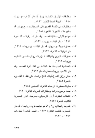 ‫٠١- ﻤﺨﻠﻭﻗﺎﺕ ﺍﻷﺸﻭﺍﻕ ﺍﻟﻁﺎﺌﺭﺓ، ﺭﻭﺍﻴـﺔ، ﺩﺍﺭ ﺍﻵﺩﺍﺏ، ﺒﻴـﺭﻭﺕ‬
                  ‫٠٩٩١ – ﺍﻟﻬﻴﺌﺔ ﺍﻟﻌﺎﻤﺔ ﻟﻠﻜﺘﺎﺏ ٢٩٩١.‬
‫١١- ﻤﺨﺘﺎﺭﺍﺕ ﻤﻥ ﺍﻟﻘﺼﺔ ﺍﻟﻘﺼﻴﺭﺓ ﻓﻲ ﺍﻟﺴﺒﻌﻴﻨﺎﺕ، ﻤـﻊ ﺩﺭﺍﺴـﺔ،‬
                    ‫ﻤﻁﺒﻭﻋﺎﺕ "ﺍﻟﻘﺎﻫﺭﺓ"، ﺍﻟﻘﺎﻫﺭﺓ ٢٨٩١.‬
‫٢١- ﺃﻤﻭﺍﺝ ﺍﻟﻠﻴﺎﻟﻲ، ﻤﺘﺘﺎﻟﻴﺔ ﻗﺼﺼـﻴﺔ، ﺩﺍﺭ ﺸـﺭﻗﻴﺎﺕ، ﺍﻟﻘـﺎﻫﺭﺓ‬
                 ‫١٩٩١ – ﺩﺍﺭ ﺍﻵﺩﺍﺏ، ﺒﻴﺭﻭﺕ، ٢٩٩١.‬
‫٣١- ﺤﺠﺎﺭﺓ ﺒﻭﺒﻴﻠﻠـﻭ، ﺭﻭﺍﻴـﺔ، ﺩﺍﺭ ﺍﻵﺩﺍﺏ، ﺒﻴـﺭﻭﺕ، ٢٩٩١.‬
                         ‫ﺩﺍﺭ ﺸﺭﻗﻴﺎﺕ، ﺍﻟﻘﺎﻫﺭﺓ، ٢٩٩١.‬
‫٤١- ﺍﺨﺘﺭﺍﻗﺎﺕ ﺍﻟﻬﻭﻯ ﻭﺍﻟﺘﻬﻠﻜﺔ، ﻨـﺯﻭﺍﺕ ﺭﻭﺍﺌﻴـﺔ، ﺩﺍﺭ ﺍﻵﺩﺍﺏ،‬
                                     ‫ﺒﻴﺭﻭﺕ، ٣٩٩١.‬
‫٥١- ﺍﻟﺤﺴﺎﺴﻴﺔ ﺍﻟﺠﺩﻴـﺩﺓ، ﻤﻘـﺎﻻﺕ ﻓـﻲ ﺍﻟﻅـﺎﻫﺭﺓ ﺍﻟﻘﺼﺼـﻴﺔ،‬
               ‫ﺩﺍﺭ ﺍﻵﺩﺍﺏ، ﺒﻴﺭﻭﺕ، ﺼﺩﺭﺕ ﻋﺎﻡ ٣٩٩١.‬
‫٦١- ﻋﺩﻟﻲ ﺭﺯﻕ ﺍﷲ، )ﻤﺎﺌﻴﺎﺕ ٦٨( ﺩﺭﺍﺴﺔ، ﻋﻠﻰ ﻨﻔﻘـﺔ ﺍﻟﻔﻨـﺎﻥ،‬
                                      ‫ﺍﻟﻘﺎﻫﺭﺓ ٦٨٩١.‬
        ‫٧١- ﻤﺎﺌﻴﺎﺕ ﺼﻐﻴﺭﺓ، ﺩﺭﺍﺴﺔ، ﺍﻟﻘﺎﻫﺭﺓ، ﺃﻏﺴﻁﺱ ٩٨٩١.‬
   ‫٨١- ﺃﺤﻤﺩ ﻤﺭﺴﻲ، ﺩﺭﺍﺴﺔ ﻭﻤﺨﺘﺎﺭﺍﺕ ﺸﻌﺭﻴﺔ، ﺍﻟﻘﺎﻫﺭﺓ ٠٩٩١.‬
‫٩١- ﺍﻟﺨﻁﺎﺏ ﺍﻟﻤﻔﻘﻭﺩ، ﺃ. ل. ﻜﺎﺭﺠﻴﺎﻟﻲ، ﻤﺴﺭﺤﻴﺔ، ﺍﻟﺩﺍﺭ ﺍﻟﻤﺼﺭﻴﺔ‬
                                ‫ﻟﻠﻜﺘﺏ، ﺍﻟﻘﺎﻫﺭﺓ ٧٥٩١.‬
‫٠٢- ﺍﻟﺤﺭﺏ ﻭﺍﻟﺴﻼﻡ، ﺝ١ ﻭ٢، ﻟﻴﻭ ﺘﻭﻟﺴـﺘﻭﻱ، ﺭﻭﺍﻴـﺔ، ﺍﻟـﺩﺍﺭ‬
‫ﺍﻟﻤﺼﺭﻴﺔ ﻟﻠﻜﺘﺏ، ﺍﻟﻘﺎﻫﺭﺓ ٨٥٩١ – ﺍﻟﻬﻴﺌﺔ ﺍﻟﻌﺎﻤـﺔ ﻟﻠﻜﺘـﺎﺏ‬
                                    ‫١٩٩١ – ٢٩٩١.‬



‫١٧٢‬
 