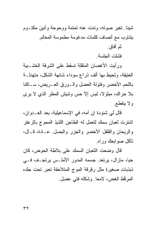 ‫ﺸﻴﺌﺎ. ﺘﻐ ‪‬ﺭ ﺼﻭﺘﻪ، ﻭﻨ ‪‬ﺕ ﻋﻨﻪ ﺘﻤﺘﻤﺔ ﻭﻭﺤﻭﺤﺔ ﻭﺃﻨﻴﻥ ﻤﻜﺘـﻭﻡ‬
                               ‫ﺩ‬           ‫ﹰ ﻴ‬
       ‫ﻴﺘﻨﺎﻭﺏ ﻤﻊ ﺃﻨﺼﺎﻑ ﻜﻠﻤﺎﺕ ﻤﺩﻏﻭﻤﺔ ﻤﻁﻤﻭﺴﺔ ﺍﻟﻤﻌﺎﻟﻡ.‬
                                           ‫ﺜﻡ ﺃﻓﺎﻕ.‬
                                                 ‫‪‬‬
                                     ‫ﻓﺸﻠﺕ ﺍﻟﺠﻠﺴﺔ.‬
‫ﻭﺭﺃﻴﺕ ﺍﻷﻏﺼﺎﻥ ﺍﻟﻤﺜﻘﻠﺔ ﺘﺴﻘﻁ ﻋﻠﻰ ﺍﻟﺸﺭﻓﺔ ﺍﻟﺨﺸـﺒ ‪‬ﺔ‬
 ‫ﻴ‬
‫ﺍﻟﻌﺘﻴﻘﺔ، ﻭﺘﺤﻴﻁ ﺒﻬﺎ ﺃﻟﻑ ﺫﺭﺍﻉ ﺴﻭﺩﺍﺀ ﺸﺎﺌﻬﺔ ﺍﻟﺸﻜل، ﻤﺘﻬ ‪‬ﻟـﺔ‬
   ‫ﺩ‬
‫ﺒﺎﻟﻠﺤﻡ ﺍﻷﺨﻀﺭ ﻭﻓﺘﻭﻟﺔ ﺍﻟﻌﻀل ﻭﺍﻟـﻭﺭﻕ ﺍﻟﻌـﺭﻴﺽ، ﺴـﺎﻜﻨﺎ‬
‫ﹰ‬
‫ﺒﻼ ﺤﺭﺍﻙ، ﻤﺒﻠﻭ ﹰ، ﻟﻴﺱ ﺇﻻ ﺤﺱ ﻭﺸﻴﺵ ﺍﻟﻤﻁﺭ ﺍﻟﺫﻱ ﻻ ‪‬ﺭﻯ‬
  ‫ﻴ‬                   ‫ﱠ ‪‬‬        ‫ﻻ‬
                                              ‫ﻭﻻ ﻴﻨﻘﻁﻊ.‬
‫ﻗﺎل ﻟﻲ ﺸﻨﻭﺩﺓ ﺇﻥ ﺃ ‪‬ﻪ، ﻓﻲ ﺍﻹﺴﻤﺎﻋﻴﻠ ‪‬ﺔ، ﺒﻌﺩ ﺍﻟﻌـﺩﻭﺍﻥ،‬
                ‫ﻴ‬               ‫‪ ‬ﻤ‬
‫ﺍﺸﺘﺭﺕ ﺜﻌﺒﺎﻥ ﺴﻤﻙ ﻟﺘﻌﻤل ﻟﻪ ﺍﻟﻁﺎﺠﻥ ﺍﻟﻠﺫﻴﺫ ﺍﻟﻤﺤ ‪‬ﺝ ﺒﺎﻟﺯﻋﺘﺭ‬
         ‫ﻭ‬
‫ﻭﺍﻟﺭﻴﺤﺎﻥ ﻭﺍﻟﻔﻠﻔل ﺍﻷﺨﻀﺭ ﻭﺍﻟﺠﺯﺭ ﻭﺍﻟﺒﺼل. ﻋـﺎﺩﺓ، ﻗـﺎل،‬
                                     ‫ﺘﺄﻜل ﺼﻭﺍﺒﻌﻙ ﻭﺭﺍﻩ.‬
‫ﻗﺎل ﻭﻀﻌﺕ ﺍﻟﺜﻌﺒﺎﻥ ﺍﻟﺴﻤﻙ ﻋﻠﻰ ﺒﻼﻁﺔ ﺍﻟﺤﻭﺽ، ﻜﺎﻥ‬
‫ﺤﻴﺎ، ﻤﺎﺯﺍل، ﻴﺭﺘﻌﺩ. ﺠﺴﻤﻪ ﺍﻟﻤﺩ ‪‬ﺭ ﺍﻷﻤﻠـﺱ ﻴﺭﺘﺠـﻑ ﻓـﻲ‬
                   ‫ﻭ‬                          ‫‪‬ﹰ‬
‫ﺫﺒﺫﺒﺎﺕ ﺼﻐﻴﺭﺓ ﻤﺜل ﺭﻗﺭﻗﺔ ﺍﻟﻤﻭﺝ ﺍﻟﻤﺘﻼﺤﻘﺔ ﺘﻌﺒﺭ ﺘﺤﺕ ﺠﻠﺩﻩ‬
                  ‫ﺍﻟﻤﺭ ﱠﻁ ﺍﻟﻐ ‪ ،‬ﻻﻤﻌﺎ. ﻭﺸﻜﻠﻪ ﻓﺘﻲ ﻋ ِل.‬
                    ‫‪ ‬ﻀ‬           ‫ﹰ‬     ‫ﺽ‬      ‫ﻗ‬




‫٢٣‬
 