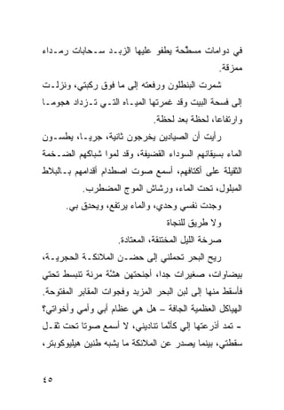 ‫ﻓﻲ ﺩ ‪‬ﺍﻤﺎﺕ ﻤﺴ ﱠﺤﺔ ﻴﻁﻔﻭ ﻋﻠﻴﻬﺎ ﺍﻟﺯﺒـﺩ ﺴـﺤﺎﺒﺎﺕ ﺭﻤـﺩﺍﺀ‬
                                   ‫ﻁ‬        ‫ﻭ‬
                                                  ‫ﻤﻤ ‪‬ﻗﺔ.‬
                                                     ‫ﺯ‬
‫ﺸ ‪‬ﺭﺕ ﺍﻟﺒﻨﻁﻠﻭﻥ ﻭﺭﻓﻌﺘﻪ ﺇﻟﻰ ﻤﺎ ﻓﻭﻕ ﺭﻜﺒﺘ ‪ ،‬ﻭﻨﺯﻟـﺕ‬
        ‫ﻲ‬                                   ‫ﻤ‬
‫ﺇﻟﻰ ﻓ ‪‬ﺤﺔ ﺍﻟﺒﻴﺕ ﻭﻗﺩ ﻏﻤﺭﺘﻬﺎ ﺍﻟﻤﻴـﺎﻩ ﺍﻟﺘـﻲ ﺘـﺯﺩﺍﺩ ﻫﺠﻭﻤـﺎ‬
‫ﹰ‬                                              ‫ﹶﺴ‬
                               ‫ﻭﺍﺭﺘﻔﺎﻋﹰ، ﻟﺤﻅﺔ ﺒﻌﺩ ﻟﺤﻅﺔ.‬
                                               ‫ﺎ‬
‫ﺭﺃﻴﺕ ﺃﻥ ﺍﻟﺼ ‪‬ﺎﺩﻴﻥ ﻴﺨﺭﺠﻭﻥ ﺜﺎﻨﻴﺔ، ﺠﺭﻴـﹰ، ﻴﻁ ‪‬ـﻭﻥ‬
   ‫ﺴ‬     ‫ﺎ‬                       ‫ﻴ‬     ‫‪‬‬
‫ﺍﻟﻤﺎﺀ ﺒﺴﻴﻘﺎﻨﻬﻡ ﺍﻟﺴﻭﺩﺍﺀ ﺍﻟﻘﻀﻴﻔﺔ، ﻭﻗﺩ ﻟ ‪‬ﻭﺍ ﺸﺒﺎﻜﻬﻡ ﺍﻟﻀـﺨﻤﺔ‬
                 ‫ﻤ‬
‫ﺍﻟﺜﻘﻴﻠﺔ ﻋﻠﻰ ﺃﻜﺘﺎﻓﻬﻡ، ﺃﺴﻤﻊ ﺼﻭﺕ ﺍﺼﻁﺩﺍﻡ ﺃﻗﺩﺍﻤﻬﻡ ﺒـﺎﻟﺒﻼﻁ‬
           ‫ﺍﻟﻤﺒﻠﻭل، ﺘﺤﺕ ﺍﻟﻤﺎﺀ، ﻭﺭﺸﺎﺵ ﺍﻟﻤﻭﺝ ﺍﻟﻤﻀﻁﺭﺏ.‬
      ‫ﻭﺠﺩﺕ ﻨﻔﺴﻲ ﻭﺤﺩﻱ، ﻭﺍﻟﻤﺎﺀ ﻴﺭﺘﻔﻊ، ﻭﻴﺤ ِﻕ ﺒﻲ.‬
           ‫‪ ‬ﺩ‬
                                   ‫ﻭﻻ ﻁﺭﻴﻕ ﻟﻠﻨﺠﺎﺓ‬
                     ‫ﺼﺭﺨﺔ ﺍﻟﻠﻴل ﺍﻟﻤﺨﺘﻨﻘﺔ، ﺍﻟﻤﻌﺘﺎﺩﺓ.‬
‫ﺭﻴﺢ ﺍﻟﺒﺤﺭ ﺘﺤﻤﻠﻨﻲ ﺇﻟﻰ ﺤﻀـﻥ ﺍﻟﻤﻼﺌﻜـﺔ ﺍﻟﺤﺠﺭ ‪‬ـﺔ،‬
   ‫ﻴ‬
‫ﺒﻴﻀﺎﻭﺍﺕ، ﺼﻐﻴﺭﺍﺕ ﺠﺩﹰ، ﺃﺠﻨﺤﺘﻬﻥ ﻫ ﱠﺔ ﻤﺭﻨﺔ ﺘﻨﺒﺴﻁ ﺘﺤﺘﻲ‬
                 ‫‪ ‬ﺸ‬          ‫‪‬ﺍ‬
‫ﻓﺄﺴﻘﻁ ﻤﻨﻬﺎ ﺇﻟﻰ ﻟ ‪‬ﻥ ﺍﻟﺒﺤﺭ ﺍﻟﻤﺯﺒﺩ ﻭﻓﺠﻭﺍﺕ ﺍﻟﻤﻘﺎﺒﺭ ﺍﻟﻤﻔﺘﻭﺤﺔ.‬
                                       ‫ﹶﺒ‬
‫ﺍﻟﻬﻴﺎﻜل ﺍﻟﻌﻅﻤ ‪‬ﺔ ﺍﻟﺠﺎ ﹼﺔ – ﻫل ﻫﻲ ﻋﻅﺎﻡ ﺃﺒﻲ ﻭﺃ ‪‬ﻲ ﻭﺃﺨﻭﺍﺘﻲ؟‬
          ‫ﻤ‬                      ‫ﻓ‬       ‫ﻴ‬
‫- ﺘﻤﺩ ﺃﺫﺭﻋﺘﻬﺎ ﺇﻟﻲ ﻜﺄ ﱠﻤﺎ ﺘﻨﺎﺩﻴﻨﻲ، ﻻ ﺃﺴﻤﻊ ﺼﻭﺘﺎ ﺘﺤﺕ ﺜﻘـل‬
         ‫ﹰ‬                      ‫‪ ‬ﻨ‬              ‫‪‬‬
‫ﺴﻘﻁﺘﻲ، ﺒﻴﻨﻤﺎ ﻴﺼﺩﺭ ﻋﻥ ﺍﻟﻤﻼﺌﻜﺔ ﻤﺎ ﻴﺸﺒﻪ ﻁﻨﻴﻥ ﻫﻴﻠﻴﻭﻜﻭﺒﺘﺭ،‬


‫٥٤‬
 