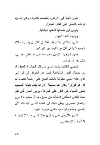 ‫ﺘﻐﺭﺯ ﺫﻴﻠﻬﺎ ﻓﻲ ﺍﻷﺭﺽ، ﺘﻨﺘﺼﺏ ﻜﺎﻟﻌﻭﺩ، ﻭﻫﻲ ﺘﻔـ ‪،‬‬
 ‫ﺢ‬
                       ‫ﺜﻡ ﺘﺜﺏ ﻜﺎﻟﻁﻴﺭ ﻋﻠﻰ ﺍﻟﻘﺎﺘل ﺍﻟﻤﻘﺘﻭل.‬
                                                      ‫‪‬‬
                  ‫ﻴﺘ ‪‬ﺒﺱ ﻓﻭﺭ ﻁﻌ‪‬ﻨﺘﻬﺎ ﻟﺩ‪‬ﻏﺘﻬﺎ ﻨﻬ‪‬ﺸﺘﻬﺎ.‬
                                         ‫ﹶ‬       ‫ﻴ‬
                                ‫ﻭﻴﻨﺯﻑ ﺍﻟﺩﻡ ﺍﻷﺴﻭﺩ.‬
‫ﺍﻟﻘﻲﺀ ﻭﺍﻟﺸﻠل ﻭﺍﻟﺴﻘﻭﻁ. ﺍﻟﻘﺎﺘـل ﺍﻟﻘﺘﻴـل ﻴﻌـﺭﻑ ﺁﻻﻡ‬
               ‫ﺍﻟﺠﺤﻴﻡ ﻜﹼﻬﺎ ﻓﻲ ﺃﻗل ﻤﻥ ﺜﺎﻨﻴﺔ. ﻤﻥ ﻏﻴﺭ ﺜﻤﻥ.‬
                                     ‫ّ‬        ‫ﻠ‬
‫ﺼﻭﺭﺓ ﻭﺠﻬﻙ ﺍﻷﺴﻴل ﻤﻁﺒﻭﻋﺔ ﻋﻠﻰ ﺤـﺩﻗﺘﻲ ﻋﻴﻨـ ‪،‬‬
 ‫ﻲ‬      ‫‪‬‬
                                       ‫ﺤ ﱠﻰ ﺒﻌﺩ ﺃﻥ ﺃﻤﻭﺕ.‬
                                                     ‫ﺘ‬
‫ﺘﻨﺒﺤﻨﻲ ﺍﻟﻜﻼﺏ ﺒﺸ ‪‬ﺓ، ﻓـﻲ ﺴـﻜﻙ ﺍﻟﺠ ‪‬ﺎﻨـﺔ ﺍﻟﻌﺘﻴﻘـﺔ،‬
              ‫ﺒ‬                ‫ﺩ‬
‫ﺒﻴﻥ ﺤﻴﻁﺎﻥ ﺍﻟﻘﺒﻭﺭ ﺍﻟﻤﺘﺩﺍﻋﻴﺔ. ﺘﻬﺕ ﻋﻥ ﺍﻟﻁﺭﻴﻕ ﺇﻟﻰ ﻗﺒﺭ ﺃ ‪‬ﻲ‬
 ‫ﻤ‬
‫ﺍﻟﺫﻱ ﻋﻠﻴﻪ ﺍﺴﻤﻲ ﻤﻨﻘﻭﺸﺎ ﺒﺎﻟﺨﻁ ﺍﻟﻨﺴﺦ ﻋﻠﻰ ﺭﺨﺎﻤﺔ ﺒﻴﻀـﺎﺀ،‬
                        ‫ﹼ‬     ‫ﹰ‬
‫ﻫل ﻫﻭ ﻗﺒﺭﻱ؟ ﻭﻜﺎﻥ ﻋﻡ ﻤﺴﻴﺤﺔ ﺍﻵﻥ ﻗﺩ ﺘﻬ ‪‬ﻡ ﺒﻨﻴﺎﻨﻪ ﺍﻟﺠﺴﻴﻡ،‬
                ‫ﺩ‬
‫ﻫﺎﺌﺵ ﺍﻟﻠﺤﻴﺔ، ﻏﻴﺭ ﻗﺎﺩﺭ ﻋﻠﻰ ﺍﻟﺤﺭﻜﺔ، ﺒﻭﺍﺒﻴﺭ ﺍﻟﺠﺎﺯ ﺍﻟﺘﻲ ﺘﻔﺢ‬
‫‪‬‬
‫ﺘﺤﺕ ﻗﻠﻘﺎﺱ ﺍﻟﻐﻁﺎﺱ ﺍﻨﻁﻔﺄﺕ ﻤﻥ ﺴﻨﻴﻥ، ﺤـل ﻤﺤﹼﻬـﺎ ﻓـﺭﻥ‬
        ‫ﱠ ﻠ‬
‫ﺒﻭﺘﺎﺠﺎﺯ ﻋﺼﺭﻱ ﺃﺒﻴﺽ ﺸﻴﻙ ﻓﻲ ﺍﻟﻌ ﹼﺔ ﺍﻟﺘـﻲ ﺍﻨﺒﻨـﺕ ﺍﻵﻥ‬
                  ‫ﺸ‬
              ‫ﺒﺎﻟﺤﺠﺭ ﻭﺃﺼﺒﺢ ﻟﻬﺎ ﺒﺎﺏ ﺨﺸﺒﻲ ﻤﺭﺩﻭﺩ ﻋﻠﻴﻬﺎ.‬
                           ‫‪‬‬
‫ﺍﻟﺴﻭﺭ ﺍﻷﺒﻴﺽ ﻋﻠﻰ ﻴﺴﺎﺭﻱ ﻤﻤﺘﺩ ﺇﻟـﻰ ﻤـﺎ ﻻ ﻨﻬﺎﻴـﺔ‬
                  ‫‪‬‬
                                     ‫ﻻ ﺃﻋﺭﻑ ﺇ ﹶﻡ ﻴﻔﻀﻲ.‬
                                            ‫ﻻ‬


‫٢٥‬
 