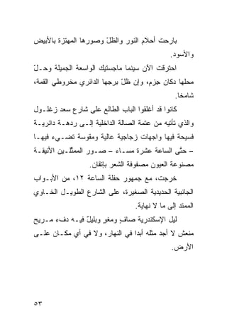 ‫ﺒﺎﺭﺤﺕ ﺃﺤﻼﻡ ﺍﻟﻨﻭﺭ ﻭﺍﻟﻅل ﻭﺼﻭﺭﻫﺎ ﺍﻟﻤﻬﺘ ‪‬ﺓ ﺒﺎﻷﺒﻴﺽ‬
        ‫ﺯ‬              ‫ّ‬
                                                ‫ﻭﺍﻷﺴﻭﺩ.‬
‫ﺍﺤﺘﺭﻗﺕ ﺍﻵﻥ ﺴﻴﻨﻤﺎ ﻤﺎﺠﺴﺘﻴﻙ ﺍﻟﻭﺍﺴﻌﺔ ﺍﻟﺠﻤﻴﻠﺔ ﻭﺤـل‬
‫ّ‬
‫ﻤﺤﹼﻬﺎ ﺩ ﹼﺎﻥ ﺠ ‪‬ﻡ، ﻭﺇﻥ ﻅل ﺒﺭ ‪‬ﻬﺎ ﺍﻟﺩﺍﺌﺭﻱ ﻤﺨﺭﻭﻁﻲ ﺍﻟﻘ ‪‬ﺔ،‬
  ‫‪ ‬ﻤ‬          ‫‪‬‬         ‫ّ ﺠ‬           ‫ﻠ ﻜ ِﺯ‬
                                                  ‫ﺸﺎﻤﺨﺎ.‬
                                                   ‫ﹰ‬
‫ﻜﺎﻨﻭﺍ ﻗﺩ ﺃﻏﻠﻘﻭﺍ ﺍﻟﺒﺎﺏ ﺍﻟﻁﺎﻟﻊ ﻋﻠﻰ ﺸﺎﺭﻉ ﺴﻌﺩ ﺯﻏﻠـﻭل‬
‫ﻭﺍﻟﺫﻱ ﺘﺄﺘﻴﻪ ﻤﻥ ﻋﺘﻤﺔ ﺍﻟﺼﺎﻟﺔ ﺍﻟﺩﺍﺨﻠ ‪‬ﺔ ﺇﻟـﻰ ﺭﺩﻫـﺔ ﺩﺍﺌﺭ ‪‬ـﺔ‬
  ‫ﻴ‬                  ‫ﻴ‬
‫ﻓﺴﻴﺤﺔ ﻓﻴﻬﺎ ﻭﺍﺠﻬﺎﺕ ﺯﺠﺎﺠ ‪‬ﺔ ﻋﺎﻟﻴﺔ ﻭﻤﻘ ‪‬ﺴﺔ ﺘﻀـﻲﺀ ﻓﻴﻬـﺎ‬
              ‫ﻭ‬            ‫ﻴ‬
‫– ﺤ ﱠﻰ ﺍﻟﺴﺎﻋﺔ ﻋﺸﺭﺓ ﻤﺴـﺎﺀ – ﺼـﻭﺭ ﺍﻟﻤﻤ ﱢﻠـﻴﻥ ﺍﻷﻨﻴﻘـﺔ‬
            ‫ﺜ‬                                ‫ﺘ‬
                   ‫ﻤﺼﻨﻭﻋﺔ ﺍﻟﻌﻴﻭﻥ ﻤﺼﻔﻭﻓﺔ ﺍﻟﺸﻌﺭ ﺒﺈﺘﻘﺎﻥ.‬
‫ﺨﺭﺠﺕ، ﻤﻊ ﺠﻤﻬﻭﺭ ﺤﻔﻠﺔ ﺍﻟﺴﺎﻋﺔ ٢١، ﻤﻥ ﺍﻷﺒـﻭﺍﺏ‬
‫ﺍﻟﺠﺎﻨﺒ ‪‬ﺔ ﺍﻟﺤﺩﻴﺩ ‪‬ﺔ ﺍﻟﺼﻐﻴﺭﺓ، ﻋﻠﻰ ﺍﻟﺸﺎﺭﻉ ﺍﻟﻁﻭﻴـل ﺍﻟﺨـﺎﻭﻱ‬
                                     ‫ﻴ‬         ‫ﻴ‬
                                   ‫ﺍﻟﻤﻤﺘﺩ ﺇﻟﻰ ﻤﺎ ﻻ ﻨﻬﺎﻴﺔ.‬
                                                   ‫‪‬‬
‫ﻟﻴل ﺍﻹﺴﻜﻨﺩﺭﻴﺔ ﺼﺎﻑ ﻭﻤﻐﻭ ﻭﺒﻠﻴل ﻓﻴـﻪ ﺩﻑﺀ ﻤـﺭﻴﺢ‬
               ‫ٌ‬     ‫ٍ ‪‬ﹾٍ‬
‫ﻤﻨﻌﺵ ﻻ ﺃﺠﺩ ﻤﺜﻠﻪ ﺃﺒﺩﺍ ﻓﻲ ﺍﻟﻨﻬﺎﺭ، ﻭﻻ ﻓﻲ ﺃﻱ ﻤﻜـﺎﻥ ﻋﻠـﻰ‬
           ‫‪‬‬                   ‫ﹰ‬
                                                ‫ﺍﻷﺭﺽ.‬




‫٣٥‬
 