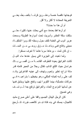 ‫ﻓﻭﺠﺩﺘﻬﺎ ﻨﺎﻗﺼﺔ ﺨﻤﺴﺔ ﻭﻋﺸـﺭﻴﻥ ﻗﺭﺸـﺎ ﺒﺎﻟﻀـﺒﻁ، ﻴﻌﻨـﻲ‬
               ‫ﹰ‬
                         ‫ﺍﻟﺘﻌﺭﻴﻔﺔ ﺍﻟﻤﻌﺘﺎﺩﺓ ﻻ ﺃﻜﺜﺭ ﻭﻻ ﺃﻗل.‬
                                ‫ﺃﻡ ﺃﻥ ﻫﺫﺍ ﻤﺎ ﺤﺩﺙ؟‬
                                            ‫‪‬‬
‫ﻟﻡ ﺃﺭﻫﺎ ﻗﻁ ﺒﻌﺩﻫﺎ، ﻤﻊ ﺃﻨﻨﻲ ﺒﺤﺜﺕ ﻋﻨﻬﺎ، ﻜﺜﻴﺭﹰ، ﺤﺘـﻰ‬
      ‫ﺍ‬                               ‫ﹼ‬
‫ﺴﻠﻜﺕ ﺴﻜﺔ ﺍﻟﻤﻘﺎﺒﺭ ﻭﺃﺴﺭﻴﺕ ﺘﺤﺕ ﺃﺴﻭﺍﺭﻫﺎ ﺍﻟﻁﻭﻴﻠﺔ ﻭﺴﻤﻌﺕ‬
‫ﻫﺭﻴﺭ ﺁﻨﻭﺏ ﻓﻲ ﺍﻟﻌﺘﻤﺔ ﺘﻠﺘﻑ ﺤﻭل ﻭﺴﻁﻪ ﺍﻟﻜـﻭﺒﺭﺍ ﺍﻟﻤﻠﻜ ‪‬ـﺔ،‬
   ‫ﻴ‬                         ‫ﹼ‬
‫ﻤﻤﻴﺘﻲ ﻭﻓﺎﺘﺢ ﻓﻤﻲ ﻭﺒﺎﻋـﺙ ِـ ِﻕ ﺭﻭﺤـﻲ ﻤـﻥ ﺍﻟﻤﻤـﺎﺕ‬
                   ‫ﻤ ﺯ‬
     ‫– ﺇﻥ ﻜﺎﻥ ﺜ ‪‬ﺕ – ﻴﺭﻋﺎﻫﺎ ﺴﺭﺒﺎ ﻫﺎﺌﻤﺎ ﻻ ﺘﻌﺭﻑ ﻤﺴﺘﻘﺭﺍ.‬
      ‫‪‬ﹰ‬            ‫ﹰ‬     ‫ﹰ‬              ‫ﻤ‬
‫ﻭﻟ ‪‬ﺎ ﺫﻫﺒﺕ ﺇﻟﻰ ﺍﻟﺠﺯﻴﺭﺓ ﺍﻟﺘﻲ ﻴﺴﻴل ﻋﻨﺩﻫﺎ ﻤﺎﺀ ﺍﻟﻨﻴـل‬
                                             ‫ﻤ‬
‫ﻜﺎﻨﺕ ﺍﻟﻐﺭﺍﻨﻴﻕ ﺒﻌﻴﺩﺓ ﺍﻟﺘﻁﻭﺍﻑ ﺍﻟﻘﺎﺩﻤـﺔ ﻤـﻥ ﺃﻗﺼـﻰ ﺒـﻼﺩ‬
‫ﺨﺭﺍﺴﺎﻥ ﺤﻴﺙ ﺍﻟﺜﻠﺞ ﺍﻟﺩﺍﺌﻡ، ﺘﻘﺎ ِل ﺭﺠﻼ ﻤﻥ ﺍﻟﺤﺠﺭ ﻗﺎﻤﺘﻪ ﻗﺩﺭ‬
                   ‫ﹰ‬    ‫ﺘ‬
‫ﻤﺎﺌﺔ ﺫﺭﺍﻉ، ﺘﻁﻴﺭ ﻭﺘﺤﻭﻡ ﻭﺘﻬﺩﻑ ﺇﻟﻰ ﻋﻴﻨﻴﻪ ﺍﻟﻔﺎﻏﺭﺘﻴﻥ ﻭﻗـﺩ‬
‫ﻟﻑ ﻋﻠﻰ ﺭﺃﺴﻪ ﺜﻌﺒﺎﻨﻪ ﺍﻟﻤﻠﻜ ‪ ،‬ﻭﻫﻭ ﻴﺨﺒﻁﻬـﺎ ﺒﺫﺭﺍﻋﻴـﻪ ﻓـﻲ‬
                          ‫ﻲ‬                       ‫ﹼ‬
‫ﺤﺭﻜﺎﺕ ﻤﺘﺼﱢﺒﺔ، ﺒﻴﻨﻤﺎ ﺍﻟﻜﻭﺒﺭﺍ ﺘﻬﺏ ﻭﺘﻨﻔﺦ ﻋﻠﻴﻬﺎ ﻭﻴﻨﺸﻕ ﻓﻤﻬﺎ‬
     ‫ﹼ‬                 ‫‪‬‬                    ‫ﻠ‬
‫ﻋﻥ ﻟﺴﺎﻨﻬﺎ ﺍﻟﻤﺯﺩﻭﺝ ﺍﻟﺤﺎﺩ، ﻭﺍﻟﻐﺭﺍﻨﻴﻕ ﺘﺭﺘﻔﻊ ﺠﺩﺍ ﺜـﻡ ﺘﺴـﻑ‬
‫ﹼ‬        ‫ﹰ‬
                                            ‫ﻭﻫﻲ ﺘﺼﻴﺢ.‬
‫ﻜﺎﻥ ﺍﻟﺭﺠل ﺍﻟﻬﺎﺌل ﺍﻟﺠﺴﻴﻡ ﻭﺍﻗﻔﺎ ﻋﻠﻰ ﺃﻋﻠﻰ ﺼﺭﺡ ﻤﺸ ‪‬ﺩ‬
 ‫ٍ ﻴ‬               ‫ﹰ‬
‫ﻜﺎﻟﺠﺒﺎل، ﻴﻤﺴﻙ ﻓﻲ ﻴﺩﻩ ﻓﺘﺎﺓ ﺘﺒـﺩﻭ ﻜﺎﻟﻌﺼـﻔﻭﺭﺓ، ﺘﺘـﺄﺭﺠﺢ‬


‫٧٥‬
 