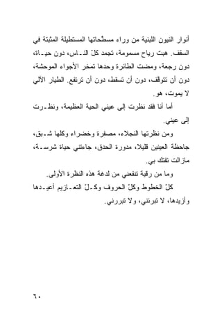 ‫ﺃﻨﻭﺍﺭ ﺍﻟﻨﻴﻭﻥ ﺍﻟﻠﺒﻨ ‪‬ﺔ ﻤﻥ ﻭﺭﺍﺀ ﻤﺴ ﱠﺤﺎﺘﻬﺎ ﺍﻟﻤﺴﺘﻁﻴﻠﺔ ﺍﻟﻤﺜﺒﺘﺔ ﻓﻲ‬
                          ‫ﻁ‬             ‫ﻴ‬
‫ﺍﻟﺴﻘﻑ. ﻫ ‪‬ﺕ ﺭﻴﺎﺡ ﻤﺴﻤﻭﻤﺔ، ﺘﺠﻤﺩ ﻜل ﺍﻟﻨـﺎﺱ، ﺩﻭﻥ ﺤﻴـﺎﺓ،‬
                   ‫‪ّ ‬‬                  ‫ﺒ‬
‫ﺩﻭﻥ ﺭﺠﻌﺔ، ﻭﻤﻀﺕ ﺍﻟﻁﺎﺌﺭﺓ ﻭﺤﺩﻫﺎ ﺘﻤﺨﺭ ﺍﻷﺠﻭﺍﺀ ﺍﻟﻤﻭﺤﺸﺔ،‬
‫ﺩﻭﻥ ﺃﻥ ﺘﺘﻭ ﱠﻑ، ﺩﻭﻥ ﺃﻥ ﺘﺴﻘﻁ، ﺩﻭﻥ ﺃﻥ ﺘﺭﺘﻔﻊ. ﺍﻟﻁ ‪‬ﺎﺭ ﺍﻵﻟﻲ‬
       ‫ﻴ‬                                  ‫ﻗ‬
                                              ‫ﻻ ﻴﻤﻭﺕ، ﻫﻭ.‬
‫ﺃ ‪‬ﺎ ﺃﻨﺎ ﻓﻘﺩ ﻨﻅﺭﺕ ﺇﻟﻰ ﻋﻴﻨﻲ ﺍﻟﺤ ‪‬ﺔ ﺍﻟﻌﻅﻴﻤﺔ، ﻭﻨﻅـﺭﺕ‬
‫ﹾ‬                ‫‪ ‬ﻴ‬            ‫ﹸ‬             ‫ﻤ‬
                                                 ‫ﺇﻟﻰ ﻋﻴﻨﻲ.‬
                                                  ‫‪‬‬
‫ﻭﻤﻥ ﻨﻅﺭﺘﻬﺎ ﺍﻟﻨﺠﻼﺀ، ﻤﺼﻔ ‪‬ﺓ ﻭﺨﻀﺭﺍﺀ ﻭﻜﹼﻬﺎ ﺸـﺒﻕ،‬
        ‫ﻠ‬           ‫ﺭ‬
‫ﺠﺎﺤﻅﺔ ﺍﻟﻌﻴﻨﻴﻥ ﻗﻠﻴ ﹰ، ﻤﺩ ‪‬ﺭﺓ ﺍﻟﺤﺩﻕ، ﺠﺎﺀﺘﻨﻲ ﺤﻴﺎﺓ ﺸﺭﺴـ ﹲ،‬
 ‫ﺔ‬      ‫ﹲ‬                    ‫ﻼ ﻭ‬
                                           ‫ﻤﺎﺯﺍﻟﺕ ﺘﻔﺘﻙ ﺒﻲ.‬
     ‫ﻭﻤﺎ ﻤﻥ ﺭﻗﻴﺔ ﺘﻨﻔﻌﻨﻲ ﻤﻥ ﻟﺩﻏﺔ ﻫﺫﻩ ﺍﻟﻨﻅﺭﺓ ﺍﻷﻭﻟﻰ.‬
‫ﻜل ﺍﻟﺨﻁﻭﻁ ﻭﻜل ﺍﻟﺤﺭﻭﻑ ﻭﻜـل ﺍﻟﺘﻌـﺎﺯﻴﻡ ﺃﻋﻴـﺩﻫﺎ‬
                  ‫ّ‬           ‫ّ‬          ‫ّ‬
                           ‫ﻭﺃﺯﻴﺩﻫﺎ، ﻻ ﺘﺒﺭﺌﻨﻲ، ﻭﻻ ﺘﺒ ‪‬ﺭﻨﻲ.‬
                               ‫ﺭ‬




‫٠٦‬
 