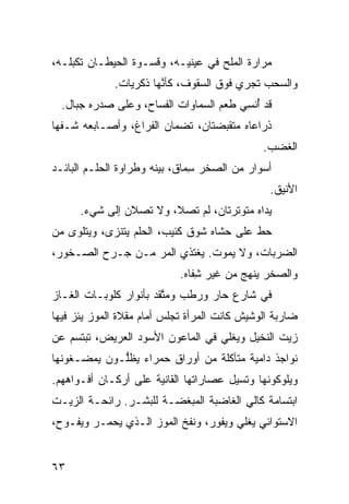 ‫ﻤﺭﺍﺭﺓ ﺍﻟﻤﻠﺢ ﻓﻲ ﻋﻴﻨﻴـﻪ، ﻭﻗﺴـﻭﺓ ﺍﻟﺤﻴﻁـﺎﻥ ﺘﻜ ‪‬ﻠـﻪ،‬
    ‫ﺒ‬
             ‫ﻭﺍﻟﺴﺤﺏ ﺘﺠﺭﻱ ﻓﻭﻕ ﺍﻟﺴﻘﻭﻑ، ﻜﺄ ﱠﻬﺎ ﺫﻜﺭﻴﺎﺕ.‬
                       ‫ﻨ‬
  ‫ﻗﺩ ﺃﻨﺴﻲ ﻁﻌﻡ ﺍﻟﺴﻤﺎﻭﺍﺕ ﺍﻟﻔﺴﺎﺡ، ﻭﻋﻠﻰ ﺼﺩﺭﻩ ﺠﺒﺎل.‬
                                       ‫ُﹾ ِ ‪‬‬
‫ﺫﺭﺍﻋﺎﻩ ﻤﺘﻘ ‪‬ﻀﺘﺎﻥ، ﺘﻀ ‪‬ﺎﻥ ﺍﻟﻔﺭﺍﻍ، ﻭﺃﺼـﺎﺒﻌﻪ ﺸـﻔﻬﺎ‬
  ‫ﹼ‬                      ‫ﻤ‬         ‫ﺒ‬
                                              ‫ﺍﻟﻐﻀﺏ.‬
‫ﺃﺴﻭﺍﺭ ﻤﻥ ﺍﻟﺼﺨﺭ ِﻤﺎﻕ، ﺒﻴﻨﻪ ﻭﻁﺭﺍﻭﺓ ﺍﻟﺤﻠـﻡ ﺍﻟﺒﺎﺌـﺩ‬
                               ‫ﺴ‬
                                                ‫ﺍﻷﻨﻴﻕ.‬
      ‫ﻴﺩﺍﻩ ﻤﺘﻭ ﹼﺭﺘﺎﻥ، ﻟﻡ ﺘﺼﻼ، ﻭﻻ ﺘﺼﻼﻥ ﺇﻟﻰ ﺸﻲﺀ.‬
                                    ‫ﺘ‬
‫ﺤﻁ ﻋﻠﻰ ﺤﺸﺎﻩ ﺸﻭﻕ ﻜﺌﻴﺏ، ﺍﻟﺤﻠﻡ ﻴﺘﻨ ‪‬ﻯ، ﻭﻴﺘﻠ ‪‬ﻯ ﻤﻥ‬
    ‫ﻭ‬        ‫ﺯ‬                              ‫ﹼ‬
‫ﺍﻟﻀﺭﺒﺎﺕ، ﻭﻻ ﻴﻤﻭﺕ. ﻴﻐﺘﺫﻱ ﺍﻟﻤ ‪ ‬ﻤـﻥ ﺠـﺭﺡ ﺍﻟﺼـﺨﻭﺭ،‬
                  ‫‪‬ﺭ‬
                            ‫ﻭﺍﻟﺼﺨﺭ ﻴﻨﻬﺞ ﻤﻥ ﻏﻴﺭ ِﻔﺎﻩ.‬
                                ‫ﺸ‬
‫ﻓﻲ ﺸﺎﺭﻉ ﺤﺎﺭ ﻭﺭﻁﺏ ﻭﻤﺘﻘﺩ ﺒﺄﻨﻭﺍﺭ ﻜﻠﻭﺒـﺎﺕ ﺍﻟﻐـﺎﺯ‬
                        ‫ﱠ‬        ‫‪‬‬
‫ﻀﺎﺭﺒﺔ ﺍﻟﻭﺸﻴﺵ ﻜﺎﻨﺕ ﺍﻟﻤﺭﺃﺓ ﺘﺠﻠﺱ ﺃﻤﺎﻡ ﻤﻘﻼﺓ ﺍﻟﻤﻭﺯ ﻴﺌﺯ ﻓﻴﻬﺎ‬
     ‫‪‬‬
‫ﺯﻴﺕ ﺍﻟﻨﺨﻴل ﻭﻴﻐﻠﻲ ﻓﻲ ﺍﻟﻤﺎﻋﻭﻥ ﺍﻷﺴﻭﺩ ﺍﻟﻌﺭﻴﺽ، ﺘﺒﺘﺴﻡ ﻋﻥ‬
‫ﻨﻭﺍﺠﺫ ﺩﺍﻤﻴﺔ ﻤﺘﺂﻜﻠﺔ ﻤﻥ ﺃﻭﺭﺍﻕ ﺤﻤﺭﺍﺀ ﻴﻅﱡـﻭﻥ ﻴﻤﻀـﻐﻭﻨﻬﺎ‬
             ‫ﻠ‬
‫ﻭﻴﻠﻭﻜﻭﻨﻬﺎ ﻭﺘﺴﻴل ﻋﺼﺎﺭﺍﺘﻬﺎ ﺍﻟﻘﺎﻨﻴﺔ ﻋﻠﻰ ﺃﺭﻜـﺎﻥ ﺃﻓـﻭﺍﻫﻬﻡ.‬
‫ﺍﺒﺘﺴﺎﻤﺔ ﻜﺎﻟﻲ ﺍﻟﻐﺎﻀﺒﺔ ﺍﻟﻤﺒﻐﻀـﺔ ﻟﻠﺒﺸـﺭ. ﺭﺍﺌﺤـﺔ ﺍﻟﺯﻴـﺕ‬
‫ﺍﻻﺴﺘﻭﺍﺌﻲ ﻴﻐﻠﻲ ﻭﻴﻔﻭﺭ، ﻭﻨﻔﺦ ﺍﻟﻤﻭﺯ ﺍﻟـﺫﻱ ﻴﺤﻤـﺭ ﻭﻴﻔـﻭﺡ،‬
        ‫‪‬‬


‫٣٦‬
 