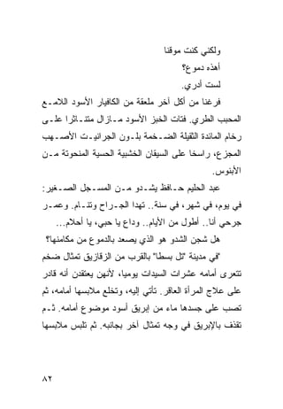 ‫ﻭﻟﻜﻨﻲ ﻜﻨﺕ ﻤﻭﻗﻨﺎ‬
                                  ‫ﹰ‬
                                       ‫ﺃﻫﺫﻩ ﺩﻤﻭﻉ؟‬
                                       ‫ﻟﺴﺕ ﺃﺩﺭﻱ.‬
‫ﻓﺭﻏﻨﺎ ﻤﻥ ﺃﻜل ﺁﺨﺭ ﻤﻠﻌﻘﺔ ﻤﻥ ﺍﻟﻜﺎﻓﻴﺎﺭ ﺍﻷﺴﻭﺩ ﺍﻟﻼﻤـﻊ‬
‫ﺍﻟﻤﺤﺒﺏ ﺍﻟﻁﺭﻱ. ﻓﺘﺎﺕ ﺍﻟﺨﺒﺯ ﺍﻷﺴﻭﺩ ﻤـﺎﺯﺍل ﻤﺘﻨـﺎﺜﺭﺍ ﻋﻠـﻰ‬
     ‫ﹰ‬
‫ﺭﺨﺎﻡ ﺍﻟﻤﺎﺌﺩﺓ ﺍﻟﺜﻘﻴﻠﺔ ﺍﻟﻀـﺨﻤﺔ ﺒﻠـﻭﻥ ﺍﻟﺠﺭﺍﻨﻴـﺕ ﺍﻷﺼـﻬﺏ‬
‫ﺍﻟﻤﺠﺯﻉ، ﺭﺍﺴﺨﺎ ﻋﻠﻰ ﺍﻟﺴﻴﻘﺎﻥ ﺍﻟﺨﺸﺒﻴﺔ ﺍﻟﺤﺴﻴﺔ ﺍﻟﻤﻨﺤﻭﺘﺔ ﻤـﻥ‬
                                        ‫ﹰ‬
                                               ‫ﺍﻷﺒﻨﻭﺱ.‬
‫ﻋﺒﺩ ﺍﻟﺤﻠﻴﻡ ﺤـﺎﻓﻅ ﻴﺸـﺩﻭ ﻤـﻥ ﺍﻟﻤﺴـﺠل ﺍﻟﺼـﻐﻴﺭ:‬
‫ﻓﻲ ﻴﻭﻡ، ﻓﻲ ﺸﻬﺭ، ﻓﻲ ﺴﻨﺔ.. ﺘﻬﺩﺍ ﺍﻟﺠـﺭﺍﺡ ﻭﺘﻨـﺎﻡ. ﻭﻋﻤـﺭ‬
     ‫ﺠﺭﺤﻲ ﺃﻨﺎ.. ﺃﻁﻭل ﻤﻥ ﺍﻷﻴﺎﻡ.. ﻭﺩﺍﻉ ﻴﺎ ﺤﺒﻲ، ﻴﺎ ﺃﺤﻼﻡ...‬
 ‫ﻫل ﺸﺠﻥ ﺍﻟﺸﺩﻭ ﻫﻭ ﺍﻟﺫﻱ ﻴﺼﻌﺩ ﺒﺎﻟﺩﻤﻭﻉ ﻤﻥ ﻤﻜﺎﻤﻨﻬﺎ؟‬
‫"ﻓﻲ ﻤﺩﻴﻨﺔ "ﺘل ﺒﺴﻁﺎ" ﺒﺎﻟﻘﺭﺏ ﻤﻥ ﺍﻟﺯﻗﺎﺯﻴﻕ ﺘﻤﺜﺎل ﻀﺨﻡ‬
‫ﺘﺘﻌ ‪‬ﻯ ﺃﻤﺎﻤﻪ ﻋﺸﺭﺍﺕ ﺍﻟﺴﻴﺩﺍﺕ ﻴﻭﻤﻴﹰ، ﻷﻨﻬﻥ ﻴﻌﺘﻘﺩﻥ ﺃﻨﻪ ﻗﺎﺩﺭ‬
                      ‫ﺎ‬                          ‫ﺭ‬
‫ﻋﻠﻰ ﻋﻼﺝ ﺍﻟﻤﺭﺃﺓ ﺍﻟﻌﺎﻗﺭ. ﺘﺄﺘﻲ ﺇﻟﻴﻪ، ﻭﺘﺨﻠﻊ ﻤﻼﺒﺴﻬﺎ ﺃﻤﺎﻤﻪ، ﺜﻡ‬
‫ﺘﺼﺏ ﻋﻠﻰ ﺠﺴﺩﻫﺎ ﻤﺎﺀ ﻤﻥ ﺇﺒﺭﻴﻕ ﺃﺴﻭﺩ ﻤﻭﻀﻭﻉ ﺃﻤﺎﻤﻪ. ﺜـﻡ‬
‫‪‬‬
‫ﺘﻘﺫﻑ ﺒﺎﻹﺒﺭﻴﻕ ﻓﻲ ﻭﺠﻪ ﺘﻤﺜﺎل ﺁﺨﺭ ﺒﺠﺎﻨﺒﻪ. ﺜﻡ ﺘﻠﺒﺱ ﻤﻼﺒﺴﻬﺎ‬




‫٢٨‬
 