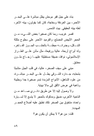 ‫ﺒﻨﺎﻩ ﻋﻠﻰ ﺠﺒل ﻗﻔﺭ ﻤﻭﺤﺵ ﻴﻁل ﻤﺒﺎﺸﺭﺓ ﻋﻠـﻰ ﺍﻟﺒﺤـﺭ‬
‫ﺍﻷﺤﻤﺭ، ﺒﻴﻥ ﺍﻟﻐﺭﺩﻗﺔ ﻭﺴﻔﺎﺠﺔ، ﻜﺎﻥ ﻜﻤﺎ ﻴﻘﻭﻟﻭﻥ، ﺒﻴﺘﻪ ﺍﻵﺨﺭ،‬
                         ‫ﻟﻌﻠﻪ ﺒﻴﺘﻪ ﺍﻟﺤﻘﻴﻘﻲ. ﺒﻴﺕ ﺍﻟﺸﻤﺱ.‬
‫ﻗﺼﺭ ﻏﺭﻴﺏ، ﺭﺒﻤﺎ ﻜﺎﻥ ﺼﻐﻴﺭﺍ ﺒﻌﺽ ﺍﻟﺸـﻲﺀ، ﻤـﻥ‬
                ‫ﹰ‬
‫ﺍﻟﺤﺠﺭ ﺍﻷﺒﻴﺽ ﺍﻟﻤﻀﻠﻊ، ﻭﺍﻟﻘﺭﻤﻴﺩ ﺍﻷﺤﻤﺭ ﻋﻠﻰ ﺴﻁﻭﺡ ﻤﺜﻠﺜﺔ‬
‫ـﺏ ـﻭﺯ ـﺎﺨﺭ،‬
    ‫ـﺔ ﺒﺎﻟﺨﺸـ ﺍﻟﺠـ ﺍﻟﻔـ‬
                      ‫ـﻪ ﻤﺒﻁﻨـ‬
                             ‫ـﻜل، ﻭﺠﺩﺭﺍﻨـ‬
                                        ‫ﺍﻟﺸـ‬
‫ﻭﻟﻪ ﺃﺒﺭﺍﺝ ﺃﺭﺒﻌﺔ، ﻋﺎﻟﻴﺔ ﻭﺭﻓﻴﻌﺔ، ﻤﺜل ﻤﺂﺫﻥ ﻋﻠـﻰ ﺍﻟﻁـﺭﺍﺯ‬
‫ﺍﻹﺴﻼﻤﺒﻭﻟﻲ، ﻨﻭﺍﻓﺫ، ﻀﻴﻘﺔ ﻤﺴﺘﻁﻴﻠﺔ ﻋﻠﻴﻬـﺎ ﺯﺠـﺎﺝ ﻤﻠـﻭﻥ‬
                                               ‫ﻤﻌﺸﻕ.‬
‫ﻤﺒﻨﻲ ﻋﻠﻰ ﺴﻴﻑ ﺍﻟﺼﺨﺭ، ﻋﺎﻟﻴﹰ، ﻓﻲ ﻗﻠﺏ ﺍﻟﺠﺒل ﻤﺘﺸﺒﺜﺎ‬
‫ﹰ‬                    ‫ﺎ‬
‫ﺒﺸﻌﺎﺒﻪ، ﺠـﺩﺍﺭﻩ ﺍﻟﺸـﺭﻗﻲ ﻴﻁـل ﻋﻠـﻰ ﺍﻟﺒﺤـﺭ ﻤﺒﺎﺸـﺭﺓ،‬
‫ﻤﻥ ﻋﻠﻭﻩ ﺍﻟﺸﺎﻫﻕ، ﺍﻷﻤﻭﺍﺝ ﺍﻟﻤﺯﺒﺩﺓ ﺘﺒﺩﻭ ﺼﻐﻴﺭﺓ ﺠﺩﺍ ﻭﺒﻁﻴﺌﺔ‬
       ‫ﹰ‬
                  ‫ﻭﺫﺍﻫﺒﺔ ﻓﻲ ﻋﺭﺽ ﺍﻷﻓﻕ ﺇﻟﻰ ﻤﺎﻻ ﻨﻬﺎﻴﺔ.‬
‫ﻭﻻ ﻭﺼﻭل ﺇﻟﻴﻪ ﺇﻻ ﻋﻥ ﻁﺭﻴﻕ ﺩﺍﺌـﺭﻱ ﺼـﺎﻋﺩ ﻤـﻥ‬
‫ﺍﻟﻨﺎﺤﻴﺔ ﺍﻷﺨﺭﻯ، ﻀﻴﻕ ﻭﻤﺩﻜﻭﻙ ﺒﺎﻟﺤﺠﺭ ﻻ ﻴﺘﺴﻊ ﺇﻻ ﻟﺴـﻴﺎﺭﺓ‬
‫ﻭﺍﺤﺩﺓ، ﻤﺸﻘﻭﻕ ﺒﻴﻥ ﺍﻟﺼﺨﺭ ﺘﻜﺎﺩ ﺘﻁﺒﻕ ﻋﻠﻴﻪ ﺃﻀﻼﻉ ﺍﻟﺤﺠـﺭ‬
                                              ‫ﺍﻟﻤﻬﺩﺩﺓ.‬
               ‫ﻗﻠﺕ: ﻤﻥ ﻫﻭ؟ ﻻ ﻴﻤﻜﻥ ﺃﻥ ﻴﻜﻭﻥ ﻫﻭ؟‬
                                      ‫‪‬‬


‫٩٨‬
 