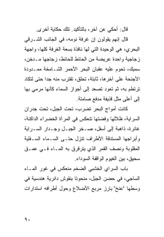 ‫ﻗﺎل: ﺃﺤﻜﻲ ﻋﻥ ﺁﺨﺭ، ﺒﺎﻟﺘﺄﻜﻴﺩ. ﺘﻠﻙ ﺤﻜﺎﻴﺔ ﺃﺨﺭﻯ.‬
‫ﻗﺎل ﺇﻨﻬﻡ ﻴﻘﻭﻟﻭﻥ ﺇﻥ ﻏﺭﻓﺔ ﻨﻭﻤﻪ، ﻓﻲ ﺍﻟﺠﺎﻨﺏ ﺍﻟﺸـﺭﻗﻲ‬
                             ‫‪‬‬
‫ﺍﻟﺒﺤﺭﻱ، ﻫﻲ ﺍﻟﻭﺤﻴﺩﺓ ﺍﻟﺘﻲ ﻟﻬﺎ ﻨﺎﻓﺫﺓ ﺒﺴﻌﺔ ﺍﻟﻐﺭﻓﺔ ﻜﻠﻬﺎ، ﻭﺍﺠﻬﺔ‬
‫ﺯﺠﺎﺠﻴﺔ ﻭﺍﺤﺩﺓ ﻋﺭﻴﻀﺔ ﻤﻥ ﺍﻟﺤﺎﺌﻁ ﻟﻠﺤﺎﺌﻁ، ﺯﺠﺎﺠﻬﺎ ﻤـﺩﺨﻥ،‬
‫ﺴﻤﻴﻙ، ﺘﺤﻭﻡ ﻋﻠﻴﻪ ﻋﻘﺒﺎﻥ ﺍﻟﺒﺤﺭ ﺍﻷﺤﻤﺭ ﺍﻟﺸـﺎﻤﺨﺔ ﻤﻤـﺩﻭﺩﺓ‬
‫ﺍﻷﺠﻨﺤﺔ ﻋﻠﻰ ﺁﺨﺭﻫﺎ، ﺜﺎﺒﺘﺔ، ﺘﺤﻠﻕ، ﺘﻘﺘﺭﺏ ﻤﻨﻪ ﺠﺩﺍ ﺤﺘﻰ ﻟﺘﻜﺎﺩ‬
          ‫ﹰ‬
‫ﺘﺭﺘﻁﻡ ﺒﻪ، ﺜﻡ ﺘﻌﻭﺩ ﺘﺼﻌﺩ ﺇﻟﻰ ﺃﺠﻭﺍﺯ ﺍﻟﺴﻤﺎﺀ ﻜﺄﻨﻬﺎ ﻤﺭﻤﻲ ﺒﻬﺎ‬
                         ‫ﺇﻟﻰ ﺃﻋﻠﻰ ﻤﺜل ﻗﺫﻴﻔﺔ ﻤﺩﻓﻊ ﺼﺎﻤﺘﺔ.‬
‫ﻜﺎﻨﺕ ﺃﻤﻭﺍﺝ ﺍﻟﺒﺤﺭ ﺘﻀﺭﺏ، ﺘﺤﺕ ﺍﻟﺠﺒل، ﺘﺤﺕ ﺠﺩﺭﺍﻥ‬
‫ﺍﻟﺴﺭﺍﻴﺔ، ﻅﻼﻟﻬﺎ ﻭﻓﻀﺘﻬﺎ ﺘﻨﻌﻜﺱ ﻓﻲ ﺍﻟﻤﺭﺁﺓ ﺍﻟﺨﻀﺭﺍﺀ ﺍﻟﺩﺍﻜﻨﺔ،‬
‫ﻏﺎﺌﺭﺓ، ﺫﺍﻫﺒﺔ ﺇﻟﻰ ﺃﺴﻔل، ﺼـﺨﺭ ﺍﻟﺠﺒـل ﻭﺠـﺩﺍﺭ ﺍﻟﺴـﺭﺍﻴﺔ‬
‫ﻭﺃﺒﺭﺍﺠﻬﺎ ﺍﻟﻤﺴﺘﺩﻗﺔ ﺍﻷﻁﺭﺍﻑ ﺘﻨﺯل ﺤﺘـﻰ ﺍﻟﺴـﻤﺎﺀ ﺍﻟﺴـﻔﻠﻴﺔ‬
‫ﺍﻟﻤﻘﻠﻭﺒﺔ ﻭﻨﺼﻑ ﺍﻟﻘﻤﺭ ﺍﻟﺫﻱ ﻴﺘﺭﻗﺭﻕ ﺒﻪ ﺍﻟﻤـﺎﺀ ﻓـﻲ ﻋﻤـﻕ‬
                        ‫ﺴﺤﻴﻕ، ﺒﻴﻥ ﺍﻟﻐﻴﻭﻡ ﺍﻟﻭﺍﻗﻔﺔ ﺍﻟﺴﻭﺩﺍﺀ.‬
‫ﺒﺎﺏ ﺍﻟﺴﺭﺍﻱ ﺍﻟﺨﺸﺒﻲ ﺍﻟﻀﺨﻡ ﻤﻨﻌﻜﺱ ﻓﻲ ﻏﻭﺭ ﺍﻟﻤـﺎﺀ‬
‫ﺍﻟﺴﺎﺠﻲ، ﻓﻲ ﺤﻀﻥ ﺍﻟﺠﺒل، ﻤﻨﺤﻭﺘﺎ ﺒﻨﻘﻭﺵ ﺩﺍﺌﺭﻴﺔ ﻫﻨﺩﺴﻴﺔ ﻓﻲ‬
                       ‫ﹰ‬
‫ﻭﺴﻁﻬﺎ "ﻋﻨﺦ" ﺒﺎﺭﺯ ﻤﺭﺒﻊ ﺍﻷﻀﻼﻉ ﻭﺤﻭل ﺃﻁﺭﺍﻓﻪ ﺍﺴﺘﺩﺍﺭﺍﺕ‬




‫٠٩‬
 