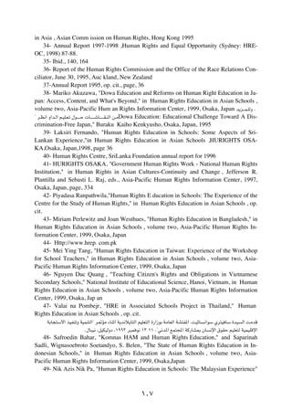 in Asia , Asian Comm ission on Human Rights, Hong Kong 1995
     34- Annual Report 1997-1998 ,Human Rights and Equal Opportunity (Sydney: HRE-
OC, 1998) 87-88.
     35- Ibid., 140, 164
     36- Report of the Human Rights Commission and the Office of the Race Relations Con-
ciliator, June 30, 1995, Auc kland, New Zealand
     37-Annual Report 1995, op. cit., page, 36
     38- Mariko Akuzawa, "Dowa Education and Reforms on Human Right Education in Ja-
pan: Access, Content, and What's Beyond," in Human Rights Education in Asian Schools ,
volume two, Asia-Pacific Hum an Rights Information Center, 1999, Osaka, Japan b¹e???L?KÃË Æ
¢ d?E½« Ë«b?Ã« r?OK?F?ð ‰u??????Š  U???????ýU???????I?MÃ« s?Ä Dowa Education: Educational Challenge Toward A Dis-

crimination-Free Japan," Buraku Kaiho Kenkyusho, Osaka, Japan, 1995
     39- Laksiri Fernando, "Human Rights Education in Schools: Some Aspects of Sri-
Lankan Experience,"in Human Rights Education in Asian Schools ,HURIGHTS OSA-
KA,Osaka, Japan,1998, page 36
     40- Human Rights Centre, SriLanka Foundation annual report for 1996
     41- HURIGHTS OSAKA, "Government Human Rights Work - National Human Rights
Institution," in Human Rights in Asian Cultures-Continuity and Change , Jefferson R.
Plantilla and Sebasti L. Raj, eds., Asia-Pacific Human Rights Information Center, 1997,
Osaka, Japan, page, 334
     42- Piyadasa Ranpathwila,"Human Rights E ducation in Schools: The Experience of the
Centre for the Study of Human Rights," in Human Rights Education in Asian Schools , op.
cit.
     43- Miriam Perlewitz and Joan Westhues, "Human Rights Education in Bangladesh," in
Human Rights Education in Asian Schools , volume two, Asia-Pacific Human Rights In-
formation Center, 1999, Osaka, Japan
     44- Http://www.hrepÆ com.pk
     45- Mei Ying Tang, "Human Rights Education in Taiwan: Experience of the Workshop
for School Teachers," in Human Rights Education in Asian Schools , volume two, Asia-
Pacific Human Rights Information Center, 1999, Osaka, Japan
     46- Nguyen Duc Quang , "Teaching Citizen's Rights and Obligations in Vietnamese
Secondary Schools," National Institute of Educational Science, Hanoi, Vietnam, in Human
Rights Education in Asian Schools , volume two, Asia-Pacific Human Rights Information
Center, 1999, Osaka, Jap an
     47- Valai na Pombejr, "HRE in Associated Schools Project in Thailand," Human
Rights Education in Asian Schools , op. cit.
      WÐU−²Ýô« cOHMðË WOLM²Ã«¢ d9RÄ ¡UMŁ√ W¹b½ö¹U²Ã« rOKF²Ã« …—«“uÐ WÄUFÃ« WA²H*« ¨XOŁU   ½«uÝ Íd²O UÝ …bO   Ã« XÄbÁ

                         Æ‰U³O½ ¨qOJOÃËœ ¨±ππ≥ d³L u½ ±≥ ±± ¨¢w½b*« lL²:« WÂ—UA0 ÊU         ½ù« ‚uIŠ rOKF²Ã WOLOKÁù«

   48- Safroedin Bahar, "Komnas HAM and Human Rights Education," and Saparinah
Sadli, Wignasoebroto Soetandyo, S. Belen, "The State of Human Rights Education in In-
donesian Schools," in Human Rights Education in Asian Schools , volume two, Asia-
Pacific Human Rights Information Center, 1999, Osaka,Japan
   49- Nik Azis Nik Pa, "Human Rights Education in Schools: The Malaysian Experience"



                                                       ±∞∑
 