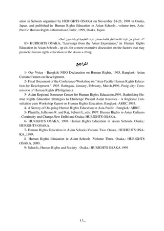 ation in Schools organized by HURIGHTS OSAKA on November 24-26, 1998 in Osaka,
Japan, and published in Human Rights Education in Asian Schools , volume two, Asia-
Pacific Human Rights Information Center, 1999, Osaka, Japan

                            ÆÁöŽ√ ‰uOÝ Wý—uÃ WOLOKF²Ã« œ«u*« —œUBÄ WLzUÁ dE½« WŠU²*« œ«u*« sÄ Ã–ULMÃ ≠∏≤

   83- HURIGHTS OSAKA, "Learnings from the Asian Experience," in Human Rights
Education in Asian Schools , op cit. for a more extensive discussion on the factors that may
promote human rights education in the Asian s etting


                                           lł«d*«
    1- Our Voice - Bangkok NGO Declaration on Human Rights, 1993. Bangkok: Asian
Cultural Forum on Development.
    2- Final Document of the Conference-Workshop on "Asia-Pacific Human Rights Educa-
tion for Development." 1995. Batingaw, January, February, March,1996, Pasig city: Com-
mission of Human Rights (Philippines).
    3- Asian Regional Resource Center for Human Rights Education,1994. Rethinking Hu-
man Rights Education Strategies to Challenge Present Asian Realities - A Regional Con-
sultation cum Workshop Report on Human Rights Education. Bangkok: ARRC.1995.
    4- A Survey of On-going Human Rights Education in Asia-Pacifc . Bangkok: ARRC.
    5- Plantilla, Jefferson R. and Raj, Sebasti L, eds. 1997. Human Rights in Asian Cultures
- Continuity and Change.New Delhi and Osaka: HURIGHTS OSAKA.
    6- HURIGHTS OSAKA, 1998. Human Rights Education in Asian Schools. Osaka,:
HURIGHTS OSAKA.
    7- Human Rights Education in Asian Schools.Volume Two. Osaka,: HURIGHTS OSA-
KA.,1999.
    8- Human Rights Education in Asian Schools -Volume Three. Osaka,: HURIGHTS
OSAKA, 2000.
    9- Schools, Human Rights and Society Æ Osaka,: HURIGHTS OSAKA.1999




                                              ±±∞
 