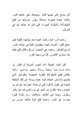 ‫ﻜﺎﻥ ﻴﻤﺴﺢ ﻋﻠﻰ ﺠﺒﻴﻨﻬﺎ ﻓﺘﻨﺎﻡ. ﻭﻴﻀﺤﻙ ﻋﻠﻰ ﻋﺸﻘﻬﺎ ﻟﻠﻨﻭﻡ.‬
‫ﻭﻜﺎﻨﺕ ﺘﻌﻀﻪ ﻓﻴﻨﻬﺭﻫﺎ ﻀﺎﺤﻜﺎ ﻭﻴﻘﺭﺭ ﺤﺭﻤﺎﻨﻬﺎ ﻤﻥ ﻗﻁﻊ‬
                      ‫ﹰ‬
‫ﺍﻟﺸﻴﻜﻭﻻﺘﺔ ﻭﺍﻟﺒﺎﻟﻭﻨﺔ ﺍﻟﺤﻤﺭﺍﺀ ﺍﻟﺘﻲ ﻜﺎﻥ ﻗﺩ ﺨﺒﺄﻫﺎ ﻟﻬﺎ ﻓﻲ‬
                                                  ‫ﺍﻟﺩﻭﻻﺏ.‬


‫ﻭﻋﻨﺩﻤﺎ ﻗﺭﺭ ﺍﻟﻭﻟﺩ ﻭﺍﻟﺒﻨﺕ ﺍﻟﻌﻭﺩﺓ ﺒﻌﺩ ﺠﻭﻟﺘﻬﻤﺎ ﺍﻟﻠﻴﻠﻴﺔ ﻓﻭﻕ‬
‫ﺴﻁﺢ ﺍﻟﻘﻤﺭ، ﺃﺨﺒﺭﻫﺎ ﺒﺄﻨﻬﻤﺎ ﺴﻴﻘﻀﻴﺎﻥ ﺍﻟﻠﻴﻠﺔ ﻓﻲ ﻏﺭﻓﺘﻪ ﺒﺎﻟﺩﻭﺭ‬
‫ﺍﻟﺭﺍﺒﻊ ﻟﻠﻜﻭﻜﺏ. ﻭﺫﻫﺒﺕ ﻫﻲ ﻹﺤﻀﺎﺭ ﺃﻭﺭﺍﻕ ﻭﺃﻗﻼﻡ ﻟﻜﻲ ﻴﻜﺘﺒﺎ‬
                 ‫ﻤﻌﺎ ﺴﻴﻨﺎﺭﻴﻭ ﺍﻟﻜﺎﺒﻭﺱ. ﻜل ﻤﻥ ﻭﺠﻬﺔ ﻨﻅﺭﻩ.‬
                               ‫ٌ‬                    ‫‪‬‬


‫ﻟﻜﻥ ﺍﻟﺒﻨﺕ ﺍﻟﺠﻤﻴﻠﺔ ﺫﺍﺕ ﺍﻟﻌﻴﻭﻥ ﺍﻟﺤﺯﻴﻨﺔ ﻟﻡ ﺘﻜﺘﺏ. ﺒل‬
‫ﺒﺩﺃﺕ ﺘﺭﺴﻡ ﺒﺤﺭﺍ ﻭﻨﺨﻴﻼ ﻭﺭﻤﺎﻻ ﻭﻋﻴﻨﻴﻥ ﺴﻭﺩﺍﻭﻴﻥ. ﻭﺃﺨﺫﺍ‬
                      ‫ﹰ‬     ‫ﹰ‬      ‫‪‬‬
‫ﻴﺄﻜﻼﻥ ﻗﻁﻊ ﺍﻟﺸﻴﻜﻭﻻﺘﺔ ﺍﻟﻁﺭﻴﺔ ﺍﻟﻤﻌﺠﻭﻨﺔ ﺒﺎﻟﻜﺭﺍﻤﻴل ﺍﻟﺫﻱ‬
‫ﻴﻠﺘﺼﻕ ﺒﺎﻷﺴﻨﺎﻥ. ﻓﺎﺠﺄﻫﺎ ﺍﻟﻭﻟﺩ ﻋﻨﺩﺌﺫ ﺒﺴﺅﺍﻟﻪ ﻋﻥ ﺘﻠﻙ ﺍﻟﻤﻨﻁﻘﺔ‬
‫ﺍﻟﺒﻌﻴﺩﺓ ﻓﻲ ﺤﻘﻭل ﺍﻟﺫﺍﻜﺭﺓ ﺍﻟﺘﻲ ﻟﻡ ﺘﺤﺩﺜﻪ ﻋﻨﻬﺎ ﺒﻌﺩ ﺒﺎﻟﺭﻏﻡ ﻤﻥ‬
‫ﺇﺤﻀﺎﺭﻩ ﺇﻴﺎﻫﺎ ﺒﺎﻟﻘﺭﺏ ﻤﻥ ﺍﻟﺒﺤﺭ ﻓﻲ ﻴﻭﻡ ﺸﺘﻭﻱ ﻓﻴﻪ ﻨﺒﻴﺫ ﻭﻗﻤﺭ‬
‫ﻭﺤﻠﻭﻯ. ﻭﺒﻴﻨﻤﺎ ﻫﻲ ﺘﺘﻅﺎﻫﺭ ﺒﺎﺴﺘﻜﻤﺎل ﺭﺴﻡ ﺒﺎﻟﻭﻨﺔ ﻜﺒﻴﺭﺓ‬
‫ﺤﻤﺭﺍﺀ، ﺩﻕ ﺍﻟﺒﺎﺏ. ﻭﻋﻨﺩﻤﺎ ﻓﺘﺢ ﺍﻟﻭﻟﺩ ﻁﺎﻟﻌﻪ ﺤﺎﺭﺱ ﻤﻥ‬
 