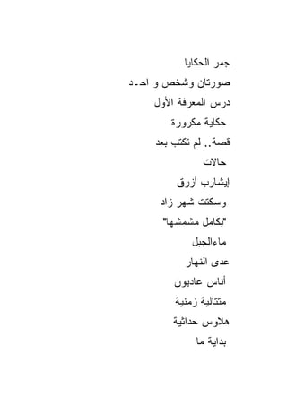 ‫ﺠﻤﺭ ﺍﻟﺤﻜﺎﻴﺎ‬
‫ﺼﻭﺭﺘﺎﻥ ﻭﺸﺨﺹ ﻭ ﺍﺤـﺩ‬
    ‫ﺩﺭﺱ ﺍﻟﻤﻌﺭﻓﺔ ﺍﻷﻭل‬
       ‫ﺤﻜﺎﻴﺔ ﻤﻜﺭﻭﺭﺓ‬
    ‫ﻗﺼﺔ.. ﻟﻡ ﺘﻜﺘﺏ ﺒﻌﺩ‬
               ‫ﺤﺎﻻﺕ‬
         ‫ﺇﻴﺸﺎﺭﺏ ﺃﺯﺭﻕ‬
     ‫ﻭﺴﻜﺘﺕ ﺸﻬﺭ ﺯﺍﺩ‬
      ‫"ﺒﻜﺎﻤل ﻤﺸﻤﺸﻬﺎ"‬
            ‫ﻤﺎﺀﺍﻟﺠﺒل‬
          ‫ﻋﺩﻯ ﺍﻟﻨﻬﺎﺭ‬
        ‫ﺃﻨﺎﺱ ﻋﺎﺩﻴﻭﻥ‬
        ‫ﻤﺘﺘﺎﻟﻴﺔ ﺯﻤﻨﻴﺔ‬
        ‫ﻫﻼﻭﺱ ﺤﺩﺍﺜﻴﺔ‬
             ‫ﺒﺩﺍﻴﺔ ﻤﺎ‬
 