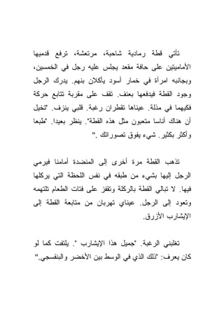 ‫ﺘﺄﺘﻲ ﻗﻁﺔ ﺭﻤﺎﺩﻴﺔ ﺸﺎﺤﺒﺔ، ﻤﺭﺘﻌﺸﺔ، ﺘﺭﻓﻊ ﻗﺩﻤﻴﻬﺎ‬
‫ﺍﻷﻤﺎﻤﻴﺘﻴﻥ ﻋﻠﻰ ﺤﺎﻓﺔ ﻤﻘﻌﺩ ﻴﺠﻠﺱ ﻋﻠﻴﻪ ﺭﺠل ﻓﻲ ﺍﻟﺨﻤﺴﻴﻥ،‬
‫ﻭﺒﺠﺎﻨﺒﻪ ﺍﻤﺭﺃﺓ ﻓﻲ ﺨﻤﺎﺭ ﺃﺴﻭﺩ ﻴﺄﻜﻼﻥ ﺒﻨﻬﻡ. ﻴﺩﺭﻙ ﺍﻟﺭﺠل‬
‫ﻭﺠﻭﺩ ﺍﻟﻘﻁﺔ ﻓﻴﺩﻓﻌﻬﺎ ﺒﻌﻨﻑ. ﺘﻘﻑ ﻋﻠﻰ ﻤﻘﺭﺒﺔ ﺘﺘﺎﺒﻊ ﺤﺭﻜﺔ‬
‫ﻓﻜﻴﻬﻤﺎ ﻓﻲ ﻤﺫﻟﺔ. ﻋﻴﻨﺎﻫﺎ ﺘﻘﻁﺭﺍﻥ ﺭﻏﺒﺔ. ﻗﻠﺒﻲ ﻴﻨﺯﻑ. "ﺘﺨﻴل‬
‫ﺃﻥ ﻫﻨﺎﻙ ﺃﻨﺎﺴﺎ ﻤﺘﻌﺒﻭﻥ ﻤﺜل ﻫﺫﻩ ﺍﻟﻘﻁﺔ". ﻴﻨﻅﺭ ﺒﻌﻴﺩﺍ. "ﻁﺒﻌﺎ‬
 ‫‪‬‬      ‫‪‬‬                                 ‫‪‬‬
                    ‫ﻭﺃﻜﺜﺭ ﺒﻜﺜﻴﺭ. ﺸﻲﺀ ﻴﻔﻭﻕ ﺘﺼﻭﺭﺍﺘﻙ ."‬


‫ﺘﺫﻫﺏ ﺍﻟﻘﻁﺔ ﻤﺭﺓ ﺃﺨﺭﻯ ﺇﻟﻰ ﺍﻟﻤﻨﻀﺩﺓ ﺃﻤﺎﻤﻨﺎ ﻓﻴﺭﻤﻲ‬
‫ﺍﻟﺭﺠل ﺇﻟﻴﻬﺎ ﺒﺸﻲﺀ ﻤﻥ ﻁﺒﻘﻪ ﻓﻲ ﻨﻔﺱ ﺍﻟﻠﺤﻅﺔ ﺍﻟﺘﻲ ﻴﺭﻜﻠﻬﺎ‬
‫ﻓﻴﻬﺎ. ﻻ ﺘﺒﺎﻟﻲ ﺍﻟﻘﻁﺔ ﺒﺎﻟﺭﻜﻠﺔ ﻭﺘﻘﻔﺯ ﻋﻠﻰ ﻓﺘﺎﺕ ﺍﻟﻁﻌﺎﻡ ﺘﻠﺘﻬﻤﻪ‬
‫ﻭﺘﻌﻭﺩ ﺇﻟﻰ ﺍﻟﺭﺠل. ﻋﻴﻨﺎﻱ ﺘﻬﺭﺒﺎﻥ ﻤﻥ ﻤﺘﺎﺒﻌﺔ ﺍﻟﻘﻁﺔ ﺇﻟﻰ‬
                                       ‫ﺍﻹﻴﺸﺎﺭﺏ ﺍﻷﺯﺭﻕ.‬


‫ﺘﻐﻠﺒﻨﻲ ﺍﻟﺭﻏﺒﺔ. "ﺠﻤﻴل ﻫﺫﺍ ﺍﻹﻴﺸﺎﺭﺏ ". ﻴﻠﺘﻔﺕ ﻜﻤﺎ ﻟﻭ‬
‫ﻜﺎﻥ ﻴﻌﺭﻑ: "ﺫﻟﻙ ﺍﻟﺫﻱ ﻓﻲ ﺍﻟﻭﺴﻁ ﺒﻴﻥ ﺍﻷﺨﻀﺭ ﻭﺍﻟﺒﻨﻔﺴﺠﻲ."‬
 