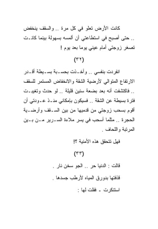 ‫ﻜﺎﻨﺕ ﺍﻷﺭﺽ ﺘﻌﻠﻭ ﻓﻲ ﻜل ﻤﺭﺓ .. ﻭﺍﻟﺴﻘﻑ ﻴﻨﺨﻔﺽ‬
‫.. ﺤﺘﻰ ﺃﺼﺒﺢ ﻓﻲ ﺍﺴﺘﻁﺎﻋﺘﻲ ﺃﻥ ﺃﻟﻤﺴﻪ ﺒﺴﻬﻭﻟﺔ ﺒﻴﻨﻤﺎ ﻜﺎﻨـﺕ‬
                 ‫ﺘﺼﻐﺭ ﺯﻭﺠﺘﻲ ﺃﻤﺎﻡ ﻋﻴﻨﻲ ﻴﻭﻤﺎ ﺒﻌﺩ ﻴﻭﻡ !‬

                       ‫)٢٣(‬

‫ﺍﻨﻔﺭﺩﺕ ﺒﻨﻔﺴﻲ .. ﻭﺃﺨـﺫﺕ ﺒﺤﺴـﺒﺔ ﺒﺴـﻴﻁﺔ ﺃﻗـﺩﺭ‬
‫ﺍﻻﺭﺘﻔﺎﻉ ﺍﻟﻤﺘﻭﺍﻟﻲ ﻷﺭﻀﻴﺔ ﺍﻟﺸﻘﺔ ﻭﺍﻻﻨﺨﻔﺎﺽ ﺍﻟﻤﺴﺘﻤﺭ ﻟﻠﺴﻘﻑ‬
‫.. ﻓﺎﻜﺘﺸﻔﺕ ﺃﻨﻪ ﺒﻌﺩ ﺒﻀﻌﺔ ﺴﻨﻴﻥ ﻗﻠﻴﻠﺔ .. ﻟﻭ ﺤﺩﺙ ﻭﺘﻐﻴﺒـﺕ‬
‫ﻓﺘﺭﺓ ﺒﺴﻴﻁﺔ ﻋﻥ ﺍﻟﺸﻘﺔ .. ﻓﺴﻴﻜﻭﻥ ﺒﺈﻤﻜﺎﻨﻲ ﻤﻨـﺫ ﻋـﻭﺩﺘﻲ ﺃﻥ‬
‫ﺃﻗﻭﻡ ﺒﺴﺤﺏ ﺯﻭﺠﺘﻲ ﻤﻥ ﻗﺩﻤﻴﻬﺎ ﻤﻥ ﺒﻴﻥ ﺍﻟﺴـﻘﻑ ﻭﺃﺭﻀـﻴﺔ‬
‫ﺍﻟﺤﺠﺭﺓ .. ﻤﺜﻠﻤﺎ ﺃﺴﺤﺏ ﻓﻲ ﻴﺴﺭ ﻤﻼﺀﺓ ﺍﻟﺴـﺭﻴﺭ ﻤـﻥ ﺒـﻴﻥ‬
                                     ‫ﺍﻟﻤﺭﺘﺒﺔ ﻭﺍﻟﻠﺤﺎﻑ .‬

                       ‫ﻓﻬل ﺘﺘﺤﻘﻕ ﻫﺫﻩ ﺍﻷﻤﻨﻴﺔ ؟!‬

                       ‫)٣٣(‬

             ‫ﻗﺎﻟﺕ : ﺍﻟﺩﻨﻴﺎ ﺤﺭ .. ﺍﻟﺠﻭ ﺴﺨﻥ ﻨﺎﺭ .‬

             ‫ﻗﺫﻓﺘﻬﺎ ﺒﺩﻭﺭﻕ ﺍﻟﻤﻴﺎﻩ ﻷﺭﻁﺏ ﺠﺴﺩﻫﺎ .‬

                         ‫ﺍﺴﺘﻨﻜﺭﺕ ـ ﻓﻘﻠﺕ ﻟﻬﺎ :‬
 