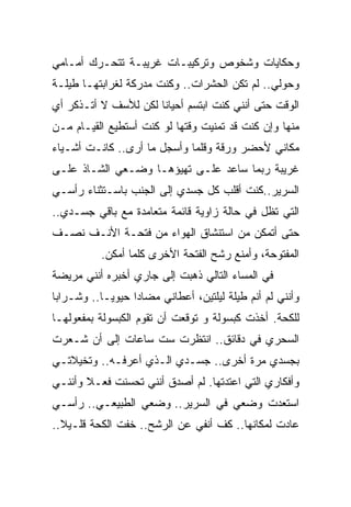 ‫ﻭﺤﻜﺎﻴﺎﺕ ﻭﺸﺨﻭﺹ ﻭﺘﺭﻜﻴﺒـﺎﺕ ﻏﺭﻴﺒـﺔ ﺘﺘﺤـﺭﻙ ﺃﻤـﺎﻤﻲ‬
‫ﻭﺤﻭﻟﻲ.. ﻟﻡ ﺘﻜﻥ ﺍﻟﺤﺸﺭﺍﺕ.. ﻭﻜﻨﺕ ﻤﺩﺭﻜﺔ ﻟﻐﺭﺍﺒﺘﻬـﺎ ﻁﻴﻠـﺔ‬
‫ﺍﻟﻭﻗﺕ ﺤﺘﻰ ﺃﻨﻨﻲ ﻜﻨﺕ ﺍﺒﺘﺴﻡ ﺃﺤﻴﺎﻨﺎ ﻟﻜﻥ ﻟﻸﺴﻑ ﻻ ﺃﺘـﺫﻜﺭ ﺃﻱ‬
                     ‫ﹰ‬
‫ﻤﻨﻬﺎ ﻭﺇﻥ ﻜﻨﺕ ﻗﺩ ﺘﻤﻨﻴﺕ ﻭﻗﺘﻬﺎ ﻟﻭ ﻜﻨﺕ ﺃﺴﺘﻁﻴﻊ ﺍﻟﻘﻴـﺎﻡ ﻤـﻥ‬
‫ﻤﻜﺎﻨﻲ ﻷﺤﻀﺭ ﻭﺭﻗﺔ ﻭﻗﻠﻤﺎ ﻭﺃﺴﺠل ﻤﺎ ﺃﺭﻯ.. ﻜﺎﻨـﺕ ﺃﺸـﻴﺎﺀ‬
                            ‫ﹰ‬
‫ﻏﺭﻴﺒﺔ ﺭﺒﻤﺎ ﺴﺎﻋﺩ ﻋﻠـﻰ ﺘﻬﻴﺅﻫـﺎ ﻭﻀـﻌﻲ ﺍﻟﺸـﺎﺫ ﻋﻠـﻰ‬
‫ﺍﻟﺴﺭﻴﺭ..ﻜﻨﺕ ﺃﻗﻠﺏ ﻜل ﺠﺴﺩﻱ ﺇﻟﻰ ﺍﻟﺠﻨﺏ ﺒﺎﺴـﺘﺜﻨﺎﺀ ﺭﺃﺴـﻲ‬
‫ﺍﻟﺘﻲ ﺘﻅل ﻓﻲ ﺤﺎﻟﺔ ﺯﺍﻭﻴﺔ ﻗﺎﺌﻤﺔ ﻤﺘﻌﺎﻤﺩﺓ ﻤﻊ ﺒﺎﻗﻲ ﺠﺴـﺩﻱ..‬
‫ﺤﺘﻰ ﺃﺘﻤﻜﻥ ﻤﻥ ﺍﺴﺘﻨﺸﺎﻕ ﺍﻟﻬﻭﺍﺀ ﻤﻥ ﻓﺘﺤـﺔ ﺍﻷﻨـﻑ ﻨﺼـﻑ‬
          ‫ﺍﻟﻤﻔﺘﻭﺤﺔ، ﻭﺃﻤﻨﻊ ﺭﺸﺢ ﺍﻟﻔﺘﺤﺔ ﺍﻷﺨﺭﻯ ﻜﻠﻤﺎ ﺃﻤﻜﻥ.‬
‫ﻓﻲ ﺍﻟﻤﺴﺎﺀ ﺍﻟﺘﺎﻟﻲ ﺫﻫﺒﺕ ﺇﻟﻰ ﺠﺎﺭﻱ ﺃﺨﺒﺭﻩ ﺃﻨﻨﻲ ﻤﺭﻴﻀﺔ‬
‫ﻭﺃﻨﻨﻲ ﻟﻡ ﺃﻨﻡ ﻁﻴﻠﺔ ﻟﻴﻠﺘﻴﻥ، ﺃﻋﻁﺎﻨﻲ ﻤﻀﺎﺩﺍ ﺤﻴﻭﻴـﺎ.. ﻭﺸـﺭﺍﺒﺎ‬
‫ﹰ‬         ‫ﹰ‬      ‫ﹰ‬
‫ﻟﻠﻜﺤﺔ. ﺃﺨﺫﺕ ﻜﺒﺴﻭﻟﺔ ﻭ ﺘﻭﻗﻌﺕ ﺃﻥ ﺘﻘﻭﻡ ﺍﻟﻜﺒﺴﻭﻟﺔ ﺒﻤﻔﻌﻭﻟﻬـﺎ‬
‫ﺍﻟﺴﺤﺭﻱ ﻓﻲ ﺩﻗﺎﺌﻕ.. ﺍﻨﺘﻅﺭﺕ ﺴﺕ ﺴﺎﻋﺎﺕ ﺇﻟﻰ ﺃﻥ ﺸـﻌﺭﺕ‬
‫ﺒﺠﺴﺩﻱ ﻤﺭﺓ ﺃﺨﺭﻯ.. ﺠﺴـﺩﻱ ﺍﻟـﺫﻱ ﺃﻋﺭﻓـﻪ.. ﻭﺘﺨﻴﻼﺘـﻲ‬
‫ﻭﺃﻓﻜﺎﺭﻱ ﺍﻟﺘﻲ ﺍﻋﺘﺩﺘﻬﺎ. ﻟﻡ ﺃﺼﺩﻕ ﺃﻨﻨﻲ ﺘﺤﺴﻨﺕ ﻓﻌـﻼ ﻭﺃﻨﻨـﻲ‬
       ‫ﹰ‬
‫ﺍﺴﺘﻌﺩﺕ ﻭﻀﻌﻲ ﻓﻲ ﺍﻟﺴﺭﻴﺭ.. ﻭﻀﻌﻲ ﺍﻟﻁﺒﻴﻌـﻲ.. ﺭﺃﺴـﻲ‬
‫ﻋﺎﺩﺕ ﻟﻤﻜﺎﻨﻬﺎ.. ﻜﻑ ﺃﻨﻔﻲ ﻋﻥ ﺍﻟﺭﺸﺢ.. ﺨﻔﺕ ﺍﻟﻜﺤﺔ ﻗﻠـﻴﻼ..‬
  ‫ﹰ‬
 