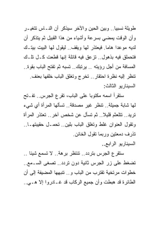 ‫ﻁﻭﻴﻠﺔ ﻨﺴﺒﻴﺎ.. ﻭﺒﻴﻥ ﺍﻟﺤﻴﻥ ﻭﺍﻵﺨﺭ ﺴﻴﺫﻜﺭ ﺃﻥ ﺍﻟﻨـﺎﺱ ﺘﺘﻐﻴـﺭ‬
                                          ‫ﹰ‬
‫ﻭﺃﻥ ﺍﻟﻭﻗﺕ ﻴﻤﻀﻲ ﺒﺴﺭﻋﺔ ﻭﺃﺸﻴﺎﺀ ﻤﻥ ﻫﺫﺍ ﺍﻟﻘﺒﻴل ﺜﻡ ﻴﺘﺫﻜﺭ ﺃﻥ‬
‫ﻟﺩﻴﻪ ﻤﻭﻋﺩﺍ ﻫﺎﻤﺎ. ﻓﻴﻌﺘﺫﺭ ﻟﻬﺎ ﻭﻴﻘﻑ.. ﻟﻴﻘﻭل ﻟﻬﺎ ﺍﻟﺒﻴﺕ ﺒﻴﺘـﻙ‬
                                         ‫ﹰ ﹰ‬
‫ﻓﺘﺤﻤﻠﻕ ﻓﻴﻪ ﺒﺫﻫﻭل.. ﺘﺯﻋﻕ ﻓﻴﻪ ﻗﺎﺌﻠﺔ ﺇﻨﻬﺎ ﻗﻁﻌﺕ ﻜـل ﺘﻠـﻙ‬
‫ﺍﻟﻤﺴﺎﻓﺔ ﻤﻥ ﺃﺠل ﺭﺅﻴﺘﻪ .. ﻴﺭﺘﺒﻙ.. ﺘﺴﺒﻪ ﺜﻡ ﺘﻔﺘﺢ ﺍﻟﺒﺎﺏ ﺒﻘﻭﺓ..‬
   ‫ﺘﻨﻅﺭ ﺇﻟﻴﻪ ﻨﻅﺭﺓ ﺍﺤﺘﻘﺎﺭ.. ﺘﺨﺭﺝ ﻭﺘﻐﻠﻕ ﺍﻟﺒﺎﺏ ﺨﻠﻔﻬﺎ ﺒﻌﻨﻑ.‬
                                        ‫ﺍﻟﺴﻴﻨﺎﺭﻴﻭ ﺍﻟﺜﺎﻟﺙ:‬
‫ﺴﺘﻘﺭﺃ ﺍﺴﻤﻪ ﻤﻜﺘﻭﺒﺎ ﻋﻠﻰ ﺍﻟﺒﺎﺏ، ﺘﻘﺭﻉ ﺍﻟﺠﺭﺱ.. ﺘﻔـﺘﺢ‬
                              ‫ﹰ‬
‫ﻟﻬﺎ ﺸﺎﺒﺔ ﺠﻤﻴﻠﺔ.. ﺘﻨﻅﺭ ﻏﻴﺭ ﻤﺼﺩﻗﺔ.. ﺘﺴﺄﻟﻬﺎ ﺍﻟﻤﺭﺃﺓ ﺃﻱ ﺸﻲﺀ‬
‫ﺘﺭﻴﺩ.. ﺘﺘﻠﻌﺜﻡ ﻗﻠﻴﻼ.. ﺜﻡ ﺘﺴﺄل ﻋﻥ ﺸﺨﺹ ﺁﺨﺭ.. ﺘﻌﺘﺫﺭ ﺍﻟﻤﺭﺃﺓ‬
                                    ‫ﹰ‬
‫ﻭﺘﻘﻭل ﺍﻟﻌﻨﻭﺍﻥ ﻏﻠﻁ ﻭﺘﻐﻠﻕ ﺍﻟﺒﺎﺏ ﺒﻠﻴﻥ.. ﺘﺤﻤـل ﺤﻘﻴﺒﺘﻬـﺎ..‬
                         ‫ﺘﺫﺭﻑ ﺩﻤﻌﺘﻴﻥ ﻭﺭﺒﻤﺎ ﺘﻘﻭل ﺍﻟﺨﺎﺌﻥ.‬
                                       ‫ﺍﻟﺴﻴﻨﺎﺭﻴﻭ ﺍﻟﺭﺍﺒﻊ..‬
‫ﺴﺘﻘﺭﻉ ﺍﻟﺠﺭﺱ ﺒﺘﺭﺩﺩ.. ﺘﻨﺘﻅﺭ ﺒﺭﻫﺔ.. ﻻ ﺘﺴﻤﻊ ﺸﻴﺌﺎ ..‬
   ‫ﹰ‬
‫ﺘﻀﻐﻁ ﻋﻠﻰ ﺯﺭ ﺍﻟﺠﺭﺱ ﺜﺎﻨﻴﺔ ﺩﻭﻥ ﺘﺭﺩﺩ.. ﺘﺼﻐﻰ ﺍﻟﺴـﻤﻊ..‬
‫ﺨﻁﻭﺍﺕ ﻤﺭﺘﺨﻴﺔ ﺘﻘﺘﺭﺏ ﻤﻥ ﺍﻟﺒﺎﺏ ﻭ.. ﺘﻨﺒﻬﻬﺎ ﺍﻟﻤﻀﻴﻔﺔ ﺇﻟﻰ ﺃﻥ‬
‫ﺍﻟﻁﺎﺌﺭﺓ ﻗﺩ ﻫﺒﻁﺕ ﻭﺃﻥ ﺠﻤﻴﻊ ﺍﻟﺭﻜﺎﺏ ﻗﺩ ﻏـﺎﺩﺭﻭﺍ ﺇﻻ ﻫـﻲ..‬
 