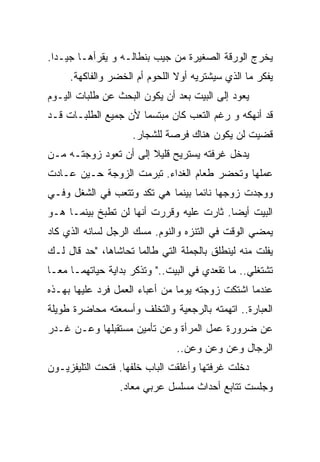 ‫ﻴﺨﺭﺝ ﺍﻟﻭﺭﻗﺔ ﺍﻟﺼﻐﻴﺭﺓ ﻤﻥ ﺠﻴﺏ ﺒﻨﻁﺎﻟـﻪ ﻭ ﻴﻘﺭﺃﻫـﺎ ﺠﻴـﺩﺍ.‬
 ‫ﹰ‬
     ‫ﻴﻔﻜﺭ ﻤﺎ ﺍﻟﺫﻱ ﺴﻴﺸﺘﺭﻴﻪ ﺃﻭﻻ ﺍﻟﻠﺤﻭﻡ ﺃﻡ ﺍﻟﺨﻀﺭ ﻭﺍﻟﻔﺎﻜﻬﺔ.‬
                               ‫ﹰ‬
‫ﻴﻌﻭﺩ ﺇﻟﻰ ﺍﻟﺒﻴﺕ ﺒﻌﺩ ﺃﻥ ﻴﻜﻭﻥ ﺍﻟﺒﺤﺙ ﻋﻥ ﻁﻠﺒﺎﺕ ﺍﻟﻴـﻭﻡ‬
‫ﻗﺩ ﺃﻨﻬﻜﻪ ﻭ ﺭﻏﻡ ﺍﻟﺘﻌﺏ ﻜﺎﻥ ﻤﺒﺘﺴﻤﺎ ﻷﻥ ﺠﻤﻴﻊ ﺍﻟﻁﻠﺒـﺎﺕ ﻗـﺩ‬
                     ‫ﹰ‬
                    ‫ﻗﻀﻴﺕ ﻟﻥ ﻴﻜﻭﻥ ﻫﻨﺎﻙ ﻓﺭﺼﺔ ﻟﻠﺸﺠﺎﺭ.‬
‫ﻴﺩﺨل ﻏﺭﻓﺘﻪ ﻴﺴﺘﺭﻴﺢ ﻗﻠﻴﻼ ﺇﻟﻰ ﺃﻥ ﺘﻌﻭﺩ ﺯﻭﺠﺘـﻪ ﻤـﻥ‬
                       ‫ﹰ‬
‫ﻋﻤﻠﻬﺎ ﻭﺘﺤﻀﺭ ﻁﻌﺎﻡ ﺍﻟﻐﺩﺍﺀ. ﺘﺒﺭﻤﺕ ﺍﻟﺯﻭﺠﺔ ﺤـﻴﻥ ﻋـﺎﺩﺕ‬
                                       ‫‪‬‬
‫ﻭﻭﺠﺩﺕ ﺯﻭﺠﻬﺎ ﻨﺎﺌﻤﺎ ﺒﻴﻨﻤﺎ ﻫﻲ ﺘﻜﺩ ﻭﺘﺘﻌﺏ ﻓﻲ ﺍﻟﺸﻐل ﻭﻓـﻲ‬
                                 ‫ﹰ‬
‫ﺍﻟﺒﻴﺕ ﺃﻴﻀﺎ. ﺜﺎﺭﺕ ﻋﻠﻴﻪ ﻭﻗﺭﺭﺕ ﺃﻨﻬﺎ ﻟﻥ ﺘﻁﺒﺦ ﺒﻴﻨﻤـﺎ ﻫـﻭ‬
                                         ‫ﹰ‬
‫ﻴﻤﻀﻲ ﺍﻟﻭﻗﺕ ﻓﻲ ﺍﻟﺘﻨﺯﻩ ﻭﺍﻟﻨﻭﻡ. ﻤﺴﻙ ﺍﻟﺭﺠل ﻟﺴﺎﻨﻪ ﺍﻟﺫﻱ ﻜﺎﺩ‬
‫ﻴﻔﻠﺕ ﻤﻨﻪ ﻟﻴﻨﻁﻠﻕ ﺒﺎﻟﺠﻤﻠﺔ ﺍﻟﺘﻲ ﻁﺎﻟﻤﺎ ﺘﺤﺎﺸﺎﻫﺎ، "ﺤﺩ ﻗﺎل ﻟـﻙ‬
‫ﺘﺸﺘﻐﻠﻲ.. ﻤﺎ ﺘﻘﻌﺩﻱ ﻓﻲ ﺍﻟﺒﻴﺕ.." ﻭﺘﺫﻜﺭ ﺒﺩﺍﻴﺔ ﺤﻴﺎﺘﻬﻤـﺎ ﻤﻌـﺎ‬
‫ﹰ‬
‫ﻋﻨﺩﻤﺎ ﺍﺸﺘﻜﺕ ﺯﻭﺠﺘﻪ ﻴﻭﻤﺎ ﻤﻥ ﺃﻋﺒﺎﺀ ﺍﻟﻌﻤل ﻓﺭﺩ ﻋﻠﻴﻬﺎ ﺒﻬـﺫﻩ‬
                               ‫ﹰ‬
‫ﺍﻟﻌﺒﺎﺭﺓ.. ﺍﺘﻬﻤﺘﻪ ﺒﺎﻟﺭﺠﻌﻴﺔ ﻭﺍﻟﺘﺨﻠﻑ ﻭﺃﺴﻤﻌﺘﻪ ﻤﺤﺎﻀﺭﺓ ﻁﻭﻴﻠﺔ‬
‫ﻋﻥ ﻀﺭﻭﺭﺓ ﻋﻤل ﺍﻟﻤﺭﺃﺓ ﻭﻋﻥ ﺘﺄﻤﻴﻥ ﻤﺴﺘﻘﺒﻠﻬﺎ ﻭﻋـﻥ ﻏـﺩﺭ‬
                               ‫ﺍﻟﺭﺠﺎل ﻭﻋﻥ ﻭﻋﻥ ﻭﻋﻥ..‬
‫ﺩﺨﻠﺕ ﻏﺭﻓﺘﻬﺎ ﻭﺃﻏﻠﻘﺕ ﺍﻟﺒﺎﺏ ﺨﻠﻔﻬﺎ. ﻓﺘﺤﺕ ﺍﻟﺘﻠﻴﻔﺯﻴـﻭﻥ‬
                 ‫ﻭﺠﻠﺴﺕ ﺘﺘﺎﺒﻊ ﺃﺤﺩﺍﺙ ﻤﺴﻠﺴل ﻋﺭﺒﻲ ﻤﻌﺎﺩ.‬
 