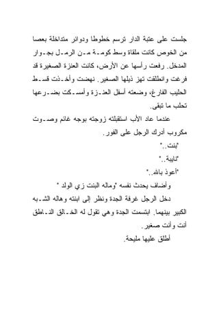 ‫ﺠﻠﺴﺕ ﻋﻠﻰ ﻋﺘﺒﺔ ﺍﻟﺩﺍﺭ ﺘﺭﺴﻡ ﺨﻁﻭﻁﺎ ﻭﺩﻭﺍﺌﺭ ﻤﺘﺩﺍﺨﻠﺔ ﺒﻌﺼﺎ‬
                    ‫ﹰ‬
‫ﻤﻥ ﺍﻟﺨﻭﺹ ﻜﺎﻨﺕ ﻤﻠﻘﺎﺓ ﻭﺴﻁ ﻜﻭﻤـﺔ ﻤـﻥ ﺍﻟﺭﻤـل ﺒﺠـﻭﺍﺭ‬
‫ﺍﻟﻤﺩﺨل. ﺭﻓﻌﺕ ﺭﺃﺴﻬﺎ ﻋﻥ ﺍﻷﺭﺽ، ﻜﺎﻨﺕ ﺍﻟﻌﻨﺯﺓ ﺍﻟﺼﻐﻴﺭﺓ ﻗﺩ‬
‫ﻓﺭﻏﺕ ﻭﺍﻨﻁﻠﻘﺕ ﺘﻬﺯ ﺫﻴﻠﻬﺎ ﺍﻟﺼﻐﻴﺭ. ﻨﻬﻀﺕ ﻭﺃﺨـﺫﺕ ﻗﺴـﻁ‬
‫ﺍﻟﺤﻠﻴﺏ ﺍﻟﻔﺎﺭﻍ، ﻭﻀﻌﺘﻪ ﺃﺴﻔل ﺍﻟﻌﻨـﺯﺓ ﻭﺃﻤﺴـﻜﺕ ﺒﻀـﺭﻋﻬﺎ‬
                                         ‫ﺘﺤﻠﺏ ﻤﺎ ﺘﺒﻘﻰ.‬
‫ﻋﻨﺩﻤﺎ ﻋﺎﺩ ﺍﻷﺏ ﺍﺴﺘﻘﺒﻠﺘﻪ ﺯﻭﺠﺘﻪ ﺒﻭﺠﻪ ﻏﺎﺌﻡ ﻭﺼـﻭﺕ‬
                         ‫ﻤﻜﺭﻭﺏ ﺃﺩﺭﻙ ﺍﻟﺭﺠل ﻋﻠﻰ ﺍﻟﻔﻭﺭ.‬
                                             ‫"ﺒﻨﺕ.."‬
                                             ‫"ﻨﺎﻴﺒﺔ.."‬
                                        ‫"ﺃﻋﻭﺫ ﺒﺎﷲ.."‬
        ‫ﻭﺃﻀﺎﻑ ﻴﺤﺩﺙ ﻨﻔﺴﻪ "ﻭﻤﺎﻟﻪ ﺍﻟﺒﻨﺕ ﺯﻱ ﺍﻟﻭﻟﺩ "‬
‫ﺩﺨل ﺍﻟﺭﺠل ﻏﺭﻓﺔ ﺍﻟﺠﺩﺓ ﻭﻨﻅﺭ ﺇﻟﻰ ﺍﺒﻨﺘﻪ ﻭﻫﺎﻟﻪ ﺍﻟﺸـﺒﻪ‬
‫ﺍﻟﻜﺒﻴﺭ ﺒﻴﻨﻬﻤﺎ. ﺍﺒﺘﺴﻤﺕ ﺍﻟﺠﺩﺓ ﻭﻫﻲ ﺘﻘﻭل ﻟﻪ ﺍﻟﺨـﺎﻟﻕ ﺍﻟﻨـﺎﻁﻕ‬
                                      ‫ﺃﻨﺕ ﻭﺃﻨﺕ ﺼﻐﻴﺭ.‬
                                ‫ﺃﻁﻠﻕ ﻋﻠﻴﻬﺎ ﻤﻠﻴﺤﺔ.‬
 