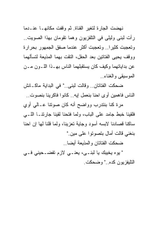 ‫ﻨﻬﻀﺕ ﺍﻟﺠﺎﺭﺓ ﻟﺘﻐﻴﺭ ﺍﻟﻘﻨﺎﺓ. ﺜﻡ ﻭﻗﻔﺕ ﻤﻜﺎﻨﻬـﺎ ﻋﻨـﺩﻤﺎ‬
‫ﺭﺃﺕ ﻟﺒﻨﻰ ﻭﻟﻴﻠﻰ ﻓﻲ ﺍﻟﺘﻠﻔﺯﻴﻭﻥ ﻭﻫﻤﺎ ﺘﻘﻭﻤﺎﻥ ﺒﻬﺫﺍ ﺍﻟﺼﻭﻴﺕ..‬
‫ﻭﺘﻌﺠﺒﺕ ﻜﺜﻴﺭﺍ.. ﻭﺘﻌﺠﺒﺕ ﺃﻜﺜﺭ ﻋﻨﺩﻤﺎ ﺼﻔﻕ ﺍﻟﺠﻤﻬﻭﺭ ﺒﺤﺭﺍﺭﺓ‬
                                       ‫ﹰ‬
‫ﻭﻭﻗﻑ ﻴﺤﻴﻰ ﺍﻟﻔﺘﺎﺘﻴﻥ ﺒﻌﺩ ﺍﻟﺤﻔل، ﺍﻟﺘﻘﺕ ﺒﻬﻤﺎ ﺍﻟﻤﺫﻴﻌﺔ ﻟﺘﺴﺄﻟﻬﻤﺎ‬
‫ﻋﻥ ﺒﺩﺍﻴﺎﺘﻬﻤﺎ ﻭﻜﻴﻑ ﻜﺎﻥ ﻴﺴﺘﻘﺒﻠﻬﻤﺎ ﺍﻟﻨﺎﺱ ﺒﻬـﺫﺍ ﺍﻟﻠـﻭﻥ ﻤـﻥ‬
                                        ‫ﺍﻟﻤﻭﺴﻴﻘﻰ ﻭﺍﻟﻐﻨﺎﺀ..‬
‫ﻀﺤﻜﺕ ﺍﻟﻔﺘﺎﺘﺎﻥ.. ﻭﻗﺎﻟﺕ ﻟﺒﻨﻰ.." ﻓﻲ ﺍﻟﺒﺩﺍﻴﺔ ﻤﺎﻜـﺎﻨﺵ‬
 ‫ﺍﻟﻨﺎﺱ ﻓﺎﻫﻤﻴﻥ ﺃﻭﻯ ﺍﺤﻨﺎ ﺒﻨﻌﻤل ﺇﻴﻪ.. ﻜﺎﻨﻭﺍ ﻓﺎﻜﺭﻴﻨﺎ ﺒﻨﺼﻭﺕ..‬
    ‫‪‬‬
‫ﻤﺭﺓ ﻜﻨﺎ ﺒﻨﺘﺩﺭﺏ ﻭﻭﺍﻀﺢ ﺃﻨﻪ ﻜﺎﻥ ﺼﻭﺘﻨﺎ ﻋـﺎﻟﻲ ﺃﻭﻱ‬
‫ﻓﻠﻘﻴﻨﺎ ﺨﺒﻁ ﺠﺎﻤﺩ ﻋﻠﻰ ﺍﻟﺒﺎﺏ، ﻭﻟﻤﺎ ﻓﺘﺤﻨﺎ ﻟﻘﻴﻨﺎ ﺠﺎﺭﺘﻨـﺎ ﺍﻟﻠـﻲ‬
‫ﺴﺎﻜﻨﺎ ﻗﺼﺎﺩﻨﺎ ﻻﺒﺴﻪ ﺃﺴﻭﺩ ﻭﺠﺎﻴﺔ ﺘﻌﺯﻴﻨﺎ، ﻭﻟﻤﺎ ﻗﻠﻨﺎ ﻟﻬﺎ ﺇﻥ ﺍﺤﻨﺎ‬
                      ‫ﺒﻨﻐﻨﻲ ﻗﺎﻟﺕ ﺃﻤﺎل ﺒﺘﺼﻭﺘﻭﺍ ﻋﻠﻰ ﻤﻴﻥ."‬
                                          ‫‪‬‬
                    ‫ﻀﺤﻜﺕ ﺍﻟﻔﺘﺎﺘﺎﻥ ﻭﺍﻟﻤﺫﻴﻌﺔ ﺃﻴﻀﺎ..‬
                      ‫ﹰ‬
‫" ﻴﻭﻩ ﻴﺨ ‪‬ﺒﻙ ﻴﺎ ﻟﺒﻨـﻰ، ﻴﻌﻨـﻲ ﻻﺯﻡ ﺘﻔﻀـﺤﻴﻨﻲ ﻓـﻲ‬
                                   ‫ﻴ‬
                                   ‫‪‬‬
                               ‫ﺍﻟﺘﻠﻴﻔﺯﻴﻭﻥ ﻜﺩﻩ.." ﻭﻀﺤﻜﺕ.‬
 