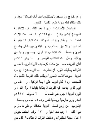 ‫ﻭ ﻫﻮ ﺧﺎﺭﺝ ﻣﻦ ﻣﺴﺠﺪ ﺑﺎﻻﺳﻜﻨﺪﺭﻳﺔ ﺑﻌﺪ ﺃﺩﺍﺋﻪ ﻟﺼﻼﺓ ﺍﳉﻤﻌﺔ، ﻭ‬
                  ‫ﺫﻟﻚ ﺑﺎﻟﻘﺎﺀ ﻗﻨﺒﻠﺔ ﻳﺪﻭﻳﺔ ﻋﻠﻴﻪ ﻭ ﻟﻜﻨﻬﺎ ﱂ ﺗﻨﻔﺠﺮ.‬
‫ﺗﺼﺎﻋﺪﺕ ﺍﻷﺣﺪﺍﺙ ﺍﱃ ﺫﺭﻭ‪‬ﺎ ﺑﻌﺪ ﺍﻛﺘﺸـﺎﻑ ﺍﻻﺗﻔﺎﻗﻴـﺔ‬
‫ﺍﻟﺴﺮﻳﺔ )ﺳﺎﻳﻜﺲ ﺑﻴﻜﻮ( ﰱ ﻣﺎﻳﻮ٦١٩١ﻡ ﺍﻟﱴ ﻗﺴـﻤﺖ ﺍﻹﺭﺙ‬
‫ﺍﻟﻌﺜﻤﺎﱐ ﺑﲔ ﺑﺮﻳﻄﺎﻧﻴﺎ ﻭ ﻓﺮﻧﺴـﺎ، ﻭﻛﺸـﻔﺖ ﺍﻟﻨﻮﺍﻳـﺎ ﺍﳊﻘﻴﻘﻴـﺔ‬
‫ﻟﻠﻔﺮﻧﺴﻴﲔ ﻭ ﺍﻻﳒﻠﻴﺰ ﲡﺎﻩ ﺍﻟﻌﺮﺏ ﻭﰎ ﺍﻻﺗﻔﺎﻕ ﻓﻴﻬـﺎﻋﻠﻰ ﻭﺿـﻊ‬
‫ﺍﻟﻌﺮﺍﻕ ﻭ ﻓﻠﺴﻄﲔ ﲢﺖ ﺍﻻﻧﺘﺪﺍﺏ ﺍﻻﳒﻠﻴﺰﻯ، ﻭﺳـﻮﺭﻳﺎ ﻭ ﻟﺒﻨـﺎﻥ‬
‫ﻭﻭﻻﻳﺔ ﺍﳌﻮﺻﻞ ﲢﺖ ﺍﻻﻧﺘﺪﺍﺏ ﺍﻟﻔﺮﻧﺴﻰ. ﻭﰱ ٠١ ﻳﻮﻧﻴﻮ ٦١٩١ﻡ‬
‫ﺃﻋﻠﻦ ﺍﻟﺸﺮﻳﻒ ﺣﺴﲔ ﻣﻦ ﻣﻜﺔ ﺍﳌﻜﺮﻣﺔ ﺑﺪﺀ ﺍﻟﺜﻮﺭﺓ ﺍﻟﻌﺮﺑﻴـﺔ ﻋﻠـﻰ‬
‫ﺍﻷﺗﺮﺍﻙ، ﻭﻣﺎﻟﺒﺜﺖ ﺍﻟﺜﻮﺭﺓ ﺃﻥ ﺇﻧﺘﺸﺮﺕ ﰱ ﺑـﺎﻗﻰ ﻣـﺪﻥ ﺍﳉﺰﻳـﺮﺓ‬
‫ﺍﻟﻌﺮﺑﻴﺔ. ﺍﻧﺘﻬﺰﺕ"ﺍﻷﺳﺪ ﺍﻟﻌﺠﻮﺯ" ﺑﺮﻳﻄﺎﻧﻴﺎ ﺗﻠﻚ ﺍﻟﻔﺮﺻﺔ ﺍﻟﺬﻫﺒﻴـﺔ،‬
‫ﻓﺸﺠﻌﺖ ﲤﺮﺩ ﺍﳊﻜﺎﻡ ﺍﻟﻌﺮﺏ ﻋﻠﻰ ﺍﳍﻴﻤﻨﺔ ﺍﻟﺘﺮﻛﻴﺔ ، ﻭ ﰱ ﻧﻔـﺲ‬
‫ﺍﻟﻴﻮﻡ ﺍﻟﺬﻯ ﺑﺪﺃﺕ ﻓﻴﻪ ﺍﻟﻘﻮﺍﺕ ﺍﻟﱪﻳﻄﺎﻧﻴﺔ ﺑﻘﻴﺎﺩﺓ ﺍﳉﻨﺮﺍﻝ ﺍﻟﻠﻨﱮ، ﻭ‬
‫ﺍﻟﺜﻮﺭﺓ ﺍﻟﻌﺮﺑﻴﺔ ﺍﳍﺠﻮﻡ ﻋﻠﻰ ﻓﻠﺴـﻄﲔ ﰱ ٢ ﻧـﻮﻓﻤﱪ ٧١٩١ﻡ‬
‫ﺃﺻﺪﺭ ﻭﺯﻳﺮ ﺧﺎﺭﺟﻴﺔ ﺑﺮﻳﻄﺎﻧﻴﺎ ﺑﻠﻔﻮﺭ ﻭﻋـﺪﻩ ﺍﳌﺸـﺌﻮﻡ ﺑـﺘﻤﻜﲔ‬
‫ﺍﻹﺳﺮﺍﺋﻴﻠﻴﲔ ﻣﻦ ﺃﺭﺽ ﻓﻠﺴﻄﲔ ﺍﻟﻌﺮﺑﻴﺔ ﻣﻜﺎﻓﺄﺓ ﳍﻢ ﻋﻠﻰ ﺗﻌـﺎﻭ‪‬ﻢ‬
‫ﻣﻊ ﺍﳊﻠﻔﺎﺀ ﰱ ﺍﳊﺮﺏ ﺿﺪ ﺍﳌﺎﻧﻴﺎ. ﻭ ﰱ ٣١ ﻧﻮﻓﻤﱪ ﺍﺣﺘﻠﺖ ﺟﻴﻮﺵ‬
‫ﺍﳊﻠﻔﺎﺀ ﻣﺪﻳﻨﺔ ﺍﺳﻄﻨﺒﻮﻝ، ﻭ ﺩﺧﻠﺖ ﺍﻟﻘﻮﺍﺕ ﺍﻟﱪﻳﻄﺎﻧﻴـﺔ ﺍﻟﻘـﺪﺱ‬
 