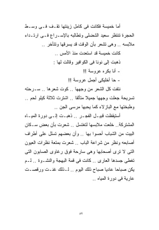 ‫ﺃﻤﺎ ﺨﻤﻴﺴﺔ ﻓﻜﺎﻨﺕ ﻓﻰ ﻜﺎﻤل ﺯﻴﻨﺘﻬﺎ ﺘﻘـﻑ ﻓـﻰ ﻭﺴـﻁ‬
‫ﺍﻟﺤﺠﺭﺓ ﺘﻨﺘﻅﺭ ﺴﻌﻴﺩ ﺍﻟﺸﻀﻠﻰ ﻭﺘﻁﺎﻟﺒﻪ ﺒﺎﻹﺴـﺭﺍﻉ ﻓـﻰ ﺍﺭﺘـﺩﺍﺀ‬
        ‫ﻤﻼﺒﺴﻪ .. ﻭﻫﻰ ﺘﺸﻌﺭ ﺒﺄﻥ ﺍﻟﻭﻗﺕ ﻗﺩ ﻴﺴﺭﻗﻬﺎ ﻭﺘﺘﺄﺨﺭ ..‬
               ‫ﻜﺎﻨﺕ ﺨﻤﻴﺴﺔ ﻗﺩ ﺍﺴﺘﻌﺩﺕ ﻤﻨﺫ ﺍﻷﻤﺱ ..‬
              ‫ﺫﻫﺒﺕ ﺇﻟﻰ ﻨﻭﻨﺎ ﻓﻰ ﺍﻟﻜﻭﺍﻓﻴﺭ ﻭﻗﺎﻟﺕ ﻟﻬﺎ :‬
                                 ‫- ﺃﻨﺎ ﺒﻜﺭﻩ ﻋﺭﻭﺴﺔ !!‬
                      ‫- ﺤﺎ ﺃﺨﻠﻴﻜﻰ ﺃﺠﻤل ﻋﺭﻭﺴﺔ !!‬
‫ﻨﺘﻔﺕ ﻜل ﺍﻟﺸﻌﺭ ﻤﻥ ﻭﺠﻬﻬﺎ .. ﻜﻭﺕ ﺸﻌﺭﻫﺎ .. ﺴـﺭﺤﺘﻪ‬
‫ﺘﺴﺭﻴﺤﺔ ﺠﻌﻠﺕ ﻭﺠﻬﻬﺎ ﺠﻤﻴﻼ ﻤﺘﺄﻟﻘﺎ .. ﺍﺸﺘﺭﺕ ﺜﻼﺜﺔ ﻜﻴﻠﻭ ﻟﺤﻡ ..‬
                          ‫ﹰ‬      ‫ﹰ‬
              ‫ﻭﻁﺒﺨﺘﻬﺎ ﻤﻊ ﺍﻟﺒﺎﺯﻻﺀ ﻜﻤﺎ ﻴﺤﺒﻬﺎ ﻤﺭﺴﻰ ﺍﻟﺠﻥ ..‬
‫ﺃﺴﺘﻴﻘﻅﺕ ﻗﺒﻴـل ﺍﻟﻔﺠـﺭ .. ﺫﻫﺒـﺕ ﺇﻟـﻰ ﺩﻭﺭﺓ ﺍﻟﻤﻴـﺎﻩ‬
‫ﺍﻟﻤﺸﺘﺭﻜﺔ.. ﺨﻠﻌﺕ ﻤﻼﺒﺴﻬﺎ ﻟﺘﻐﺘﺴل .. ﺸﻌﺭﺕ ﺒﺄﻥ ﺒﻌﺽ ﺴـﻜﺎﻥ‬
‫ﺍﻟﺒﻴﺕ ﻤﻥ ﺍﻟﺸﺒﺎﺏ ﺃﺤﺴﻭﺍ ﺒﻬﺎ .. ﻭﺃﻥ ﺒﻌﻀﻬﻡ ﺘﺴﻠل ﻋﻠﻰ ﺃﻁﺭﺍﻑ‬
‫ﺃﺼﺎﺒﻌﻪ ﻭﻨﻅﺭ ﻤﻥ ﺸﺭﺍﻋﺔ ﺍﻟﺒﺎﺏ .. ﺸﻌﺭﺕ ﺒﻤﺘﻌﺔ ﻨﻅﺭﺍﺕ ﺍﻟﻌﻴﻭﻥ‬
‫ﺍﻟﺘﻰ ﻻ ﺘﺭﻯ ﺃﺼﺤﺎﺒﻬﺎ ﻭﻫﻰ ﺴﺎﺭﺤﺔ ﻓﻭﻕ ﺭﻏﺎﻭﻯ ﺍﻟﺼﺎﺒﻭﻥ ﺍﻟﺘﻰ‬
‫ﺘﻐﻁﻰ ﺠﺴﺩﻫﺎ ﺍﻟﻌﺎﺭﻯ .. ﻜﺎﻨﺕ ﻓﻰ ﻗﻤﺔ ﺍﻟﺒﻬﺠﺔ ﻭﺍﻟﻨﺸـﻭﺓ .. ﻟـﻡ‬
‫ﻴﻜﻥ ﺼﺒﺎﺤﺎ ﻋﺎﺩﻴﺎ ﺼﺒﺎﺡ ﺫﻟﻙ ﺍﻟﻴﻭﻡ .. ﻟـﺫﻟﻙ ﻏﻨـﺕ ﻭﺭﻗﺼـﺕ‬
                                    ‫ﹰ‬     ‫ﹰ‬
                                     ‫ﻋﺎﺭﻴﺔ ﻓﻰ ﺩﻭﺭﺓ ﺍﻟﻤﻴﺎﻩ ..‬




                            ‫٢٥‬
 