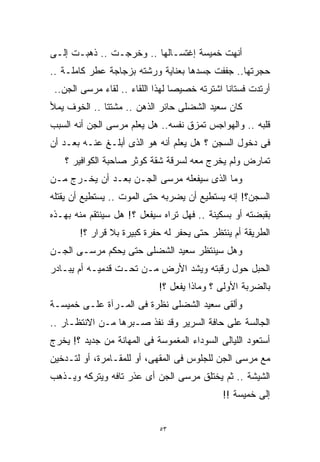 ‫ﺃﻨﻬﺕ ﺨﻤﻴﺴﺔ ﺇﻏﺘﺴـﺎﻟﻬﺎ .. ﻭﺨﺭﺠـﺕ .. ﺫﻫﺒـﺕ ﺇﻟـﻰ‬
‫ﺤﺠﺭﺘﻬﺎ.. ﺠﻔﻔﺕ ﺠﺴﺩﻫﺎ ﺒﻌﻨﺎﻴﺔ ﻭﺭﺸﺘﻪ ﺒﺯﺠﺎﺠﺔ ﻋﻁﺭ ﻜﺎﻤﻠـﺔ ..‬
 ‫ﺃﺭﺘﺩﺕ ﻓﺴﺘﺎﻨﺎ ﺍﺸﺘﺭﺘﻪ ﺨﺼﻴﺼﺎ ﻟﻬﺫﺍ ﺍﻟﻠﻘﺎﺀ .. ﻟﻘﺎﺀ ﻤﺭﺴﻰ ﺍﻟﺠﻥ..‬
                                 ‫ﹰ‬            ‫ﹰ‬
‫ﻜﺎﻥ ﺴﻌﻴﺩ ﺍﻟﺸﻀﻠﻰ ﺤﺎﺌﺭ ﺍﻟﺫﻫﻥ .. ﻤﺸﺘﺘﺎ .. ﺍﻟﺨﻭﻑ ﻴﻤﻸ‬
             ‫ﹰ‬
‫ﻗﻠﺒﻪ .. ﻭﺍﻟﻬﻭﺍﺠﺱ ﺘﻤﺯﻕ ﻨﻔﺴﻪ.. ﻫل ﻴﻌﻠﻡ ﻤﺭﺴﻰ ﺍﻟﺠﻥ ﺃﻨﻪ ﺍﻟﺴﺒﺏ‬
‫ﻓﻰ ﺩﺨﻭل ﺍﻟﺴﺠﻥ ؟ ﻫل ﻴﻌﻠﻡ ﺃﻨﻪ ﻫﻭ ﺍﻟﺫﻯ ﺃﺒﻠـﻎ ﻋﻨـﻪ ﺒﻌـﺩ ﺃﻥ‬
   ‫ﺘﻤﺎﺭﺽ ﻭﻟﻡ ﻴﺨﺭﺝ ﻤﻌﻪ ﻟﺴﺭﻗﺔ ﺸﻘﺔ ﻜﻭﺜﺭ ﺼﺎﺤﺒﺔ ﺍﻟﻜﻭﺍﻓﻴﺭ ؟‬
‫ﻭﻤﺎ ﺍﻟﺫﻯ ﺴﻴﻔﻌﻠﻪ ﻤﺭﺴﻰ ﺍﻟﺠـﻥ ﺒﻌـﺩ ﺃﻥ ﻴﺨـﺭﺝ ﻤـﻥ‬
‫ﺍﻟﺴﺠﻥ؟! ﺇﻨﻪ ﻴﺴﺘﻁﻴﻊ ﺃﻥ ﻴﻀﺭﺒﻪ ﺤﺘﻰ ﺍﻟﻤﻭﺕ .. ﻴﺴﺘﻁﻴﻊ ﺃﻥ ﻴﻘﺘﻠﻪ‬
‫ﺒﻘﺒﻀﺘﻪ ﺃﻭ ﺒﺴﻜﻴﻨﺔ .. ﻓﻬل ﺘﺭﺍﻩ ﺴﻴﻔﻌل ؟ ! ﻫل ﺴﻴﻨﺘﻘﻡ ﻤﻨﻪ ﺒﻬـﺫﻩ‬
       ‫ﺍﻟﻁﺭﻴﻘﺔ ﺃﻡ ﻴﻨﺘﻅﺭ ﺤﺘﻰ ﻴﺤﻔﺭ ﻟﻪ ﺤﻔﺭﺓ ﻜﺒﻴﺭﺓ ﺒﻼ ﻗﺭﺍﺭ ؟!‬
‫ﻭﻫل ﺴﻴﻨﺘﻅﺭ ﺴﻌﻴﺩ ﺍﻟﺸﻀﻠﻰ ﺤﺘﻰ ﻴﺤﻜﻡ ﻤﺭﺴـﻰ ﺍﻟﺠـﻥ‬
‫ﺍﻟﺤﺒل ﺤﻭل ﺭﻗﺒﺘﻪ ﻭﻴﺸﺩ ﺍﻷﺭﺽ ﻤـﻥ ﺘﺤـﺕ ﻗﺩﻤﻴـﻪ ﺃﻡ ﻴﺒـﺎﺩﺭ‬
                            ‫ﺒﺎﻟﻀﺭﺒﺔ ﺍﻷﻭﻟﻰ ؟ ﻭﻤﺎﺫﺍ ﻴﻔﻌل ؟!‬
‫ﻭﺃﻟﻘﻰ ﺴﻌﻴﺩ ﺍﻟﺸﻀﻠﻰ ﻨﻅﺭﺓ ﻓﻰ ﺍﻟﻤـﺭﺁﺓ ﻋﻠـﻰ ﺨﻤﻴﺴـﺔ‬
‫ﺍﻟﺠﺎﻟﺴﺔ ﻋﻠﻰ ﺤﺎﻓﺔ ﺍﻟﺴﺭﻴﺭ ﻭﻗﺩ ﻨﻔﺫ ﺼـﺒﺭﻫﺎ ﻤـﻥ ﺍﻻﻨﺘﻅـﺎﺭ ..‬
‫ﺃﺴﺘﻌﻭﺩ ﺍﻟﻠﻴﺎﻟﻰ ﺍﻟﺴﻭﺩﺍﺀ ﺍﻟﻤﻐﻤﻭﺴﺔ ﻓﻰ ﺍﻟﻤﻬﺎﻨﺔ ﻤﻥ ﺠﺩﻴﺩ ؟! ﻴﺨﺭﺝ‬
‫ﻤﻊ ﻤﺭﺴﻰ ﺍﻟﺠﻥ ﻟﻠﺠﻠﻭﺱ ﻓﻰ ﺍﻟﻤﻘﻬﻰ، ﺃﻭ ﻟﻠﻤﻘـﺎﻤﺭﺓ، ﺃﻭ ﻟﺘـﺩﺨﻴﻥ‬
‫ﺍﻟﺸﻴﺸﺔ .. ﺜﻡ ﻴﺨﺘﻠﻕ ﻤﺭﺴﻰ ﺍﻟﺠﻥ ﺃﻯ ﻋﺫﺭ ﺘﺎﻓﻪ ﻭﻴﺘﺭﻜﻪ ﻭﻴـﺫﻫﺏ‬
                                             ‫ﺇﻟﻰ ﺨﻤﻴﺴﺔ !!‬


                            ‫٣٥‬
 