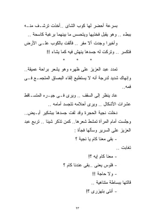 ‫ﺒﺴﺭﻋﺔ ﺃﺤﻀﺭ ﻟﻬﺎ ﻜﻭﺏ ﺍﻟﺸﺎﻯ ..ﺃﺨﺫﺕ ﺘﺭﺸـﻑ ﻤﻨـﻪ‬
 ‫ﺒﺒﻁﺀ .. ﻭﻫﻭ ﻴﻘﺒل ﻓﺨﺫﻴﻬﺎ ﻭﻴﺘﺤﺴﺱ ﻤﺎ ﺒﻴﻨﻬﻤﺎ ﺒﺭﻏﺒﺔ ﻜﺎﺴﺤﺔ ..‬
‫ﻭﺃﺨﻴﺭﺍ ﻭﺠﺩﺕ ﺃﻻ ﻤﻔﺭ .. ﻓﺄﻟﻘﺕ ﺒﺎﻟﻜﻭﺏ ﻋﻠـﻰ ﺍﻷﺭﺽ‬
                                      ‫ﹰ‬
           ‫ﻓﺘﻜﺴﺭ .. ﻭﺘﺭﻜﺕ ﻟﻪ ﺠﺴﺩﻫﺎ ﻴﻨﻬﺵ ﻓﻴﻪ ﻜﻤﺎ ﻴﺸﺎﺀ !!‬
                    ‫*‬      ‫*‬      ‫*‬
‫ﺘﻤﺩﺩ ﻋﺒﺩ ﺍﻟﻌﺯﻴﺯ ﻋﻠﻰ ﻅﻬﺭﻩ ﻭﻫﻭ ﻴﺸﻌﺭ ﺒﺭﺍﺤﺔ ﻋﻤﻴﻘﺔ..‬
‫ﻭﺇﻨﻬﺎﻙ ﺸﺩﻴﺩ ﻟﺩﺭﺠﺔ ﺃﻨﻪ ﻻ ﻴﺴﺘﻁﻴﻊ ﺇﻟﻘﺎﺀ ﺍﻟﺒﺼﺎﻕ ﺍﻟﻤﺘﺠﻤـﻊ ﻓـﻰ‬
                                                     ‫ﻓﻤﻪ..‬
‫ﻋﺎﺩ ﻴﻨﻅﺭ ﺇﻟﻰ ﺍﻟﺴﻘﻑ .. ﻭﻴﺭﻯ ﻓـﻰ ﺠﻴـﺭﻩ ﺍﻟﻤﺘﺴـﺎﻗﻁ‬
            ‫ﻋﺸﺭﺍﺕ ﺍﻷﺸﻜﺎل .. ﻭﻴﺭﻯ ﺃﺤﻼﻤﻪ ﺘﺘﺠﺴﺩ ﺃﻤﺎﻤﻪ ..‬
‫ﺩﺨﻠﺕ ﻨﺠﻴﺔ ﺍﻟﺤﺠﺭﺓ ﻭﻗﺩ ﻟﻔﺕ ﺠﺴﺩﻫﺎ ﺒﺒﺸﻜﻴﺭ ﺃﺒـﻴﺽ..‬
‫ﻭﺠﻠﺴﺕ ﺃﻤﺎﻡ ﺍﻟﻤﺭﺁﺓ ﺘﻤﺸﻁ ﺸﻌﺭﻫﺎ.. ﻜﻤﻥ ﺘﺫﻜﺭ ﺸﻴﺌﺎ .. ﺘﺭﺒﻊ ﻋﺒﺩ‬
            ‫ﹰ‬
                          ‫ﺍﻟﻌﺯﻴﺯ ﻋﻠﻰ ﺍﻟﺴﺭﻴﺭ ﻭﺴﺄﻟﻬﺎ ﻓﺠﺄﺓ :‬
                          ‫- ﺒﻘﻰ ﻤﻌﻨﺎ ﻜﺎﻡ ﻴﺎ ﻨﺠﻴﺔ ؟‬
                                                  ‫ﺘﻐﺎﺒﺕ ..‬
                                 ‫- ﻤﻌﻨﺎ ﻜﺎﻡ ﺇﻴﻪ ؟!‬
                    ‫- ﻓﻠﻭﺱ ﻴﻌﻨﻰ ..ﺒﻘﻰ ﻋﻨﺩﻨﺎ ﻜﺎﻡ ؟‬
                                   ‫- ﻭﻻ ﺤﺎﺠﺔ !!‬
                                   ‫ﻗﺎﻟﺘﻬﺎ ﺒﺒﺴﺎﻁﺔ ﻤﺘﻨﺎﻫﻴﺔ ..‬
                                ‫- ﺃﻨﺘﻰ ﺒﺘﻬﺯﺭﻯ ؟!‬


                           ‫٣٩‬
 