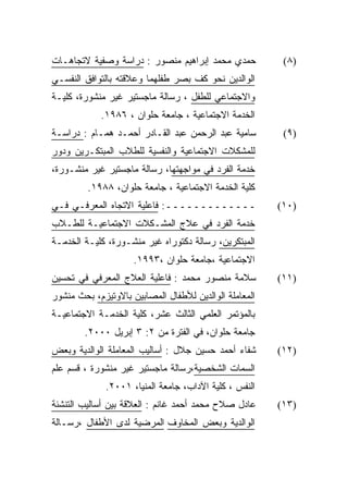 ‫ﺤﻤﺩﻱ ﻤﺤﻤﺩ ﺇﺒﺭﺍﻫﻴﻡ ﻤﻨﺼﻭﺭ : ﺩﺭﺍﺴﺔ ﻭﺼﻔﻴﺔ ﻻﺘﺠﺎﻫـﺎﺕ‬           ‫)٨(‬
‫ﺍﻟﻭﺍﻟﺩﻴﻥ ﻨﺤﻭ ﻜﻑ ﺒﺼﺭ ﻁﻔﻠﻬﻤﺎ ﻭﻋﻼﻗﺘﻪ ﺒﺎﻟﺘﻭﺍﻓﻕ ﺍﻟﻨﻔﺴـﻲ‬
‫ﻭﺍﻻﺠﺘﻤﺎﻋﻲ ﻟﻠﻁﻔل ، ﺭﺴﺎﻟﺔ ﻤﺎﺠﺴﺘﻴﺭ ﻏﻴﺭ ﻤﻨﺸﻭﺭﺓ، ﻜﻠﻴـﺔ‬
            ‫ﺍﻟﺨﺩﻤﺔ ﺍﻻﺠﺘﻤﺎﻋﻴﺔ ، ﺠﺎﻤﻌﺔ ﺤﻠﻭﺍﻥ ، ٦٨٩١.‬
‫ﺴﺎﻤﻴﺔ ﻋﺒﺩ ﺍﻟﺭﺤﻤﻥ ﻋﺒﺩ ﺍﻟﻘـﺎﺩﺭ ﺃﺤﻤـﺩ ﻫﻤـﺎﻡ : ﺩﺭﺍﺴـﺔ‬        ‫)٩(‬
‫ﻟﻠﻤﺸﻜﻼﺕ ﺍﻻﺠﺘﻤﺎﻋﻴﺔ ﻭﺍﻟﻨﻔﺴﻴﺔ ﻟﻠﻁﻼﺏ ﺍﻟﻤﺒﺘﻜـﺭﻴﻥ ﻭﺩﻭﺭ‬
‫ﺨﺩﻤﺔ ﺍﻟﻔﺭﺩ ﻓﻲ ﻤﻭﺍﺠﻬﺘﻬﺎ، ﺭﺴﺎﻟﺔ ﻤﺎﺠﺴﺘﻴﺭ ﻏﻴﺭ ﻤﻨﺸـﻭﺭﺓ،‬
         ‫ﻜﻠﻴﺔ ﺍﻟﺨﺩﻤﺔ ﺍﻻﺠﺘﻤﺎﻋﻴﺔ ، ﺠﺎﻤﻌﺔ ﺤﻠﻭﺍﻥ، ٨٨٩١.‬
‫ـــــــــــــ: ﻓﺎﻋﻠﻴﺔ ﺍﻻﺘﺠﺎﻩ ﺍﻟﻤﻌﺭﻓـﻲ ﻓـﻲ‬               ‫)٠١(‬
‫ﺨﺩﻤﺔ ﺍﻟﻔﺭﺩ ﻓﻲ ﻋﻼﺝ ﺍﻟﻤﺸـﻜﻼﺕ ﺍﻻﺠﺘﻤﺎﻋﻴـﺔ ﻟﻠﻁـﻼﺏ‬
‫ﺍﻟﻤﺒﺘﻜﺭﻴﻥ، ﺭﺴﺎﻟﺔ ﺩﻜﺘﻭﺭﺍﻩ ﻏﻴﺭ ﻤﻨﺸـﻭﺭﺓ، ﻜﻠﻴـﺔ ﺍﻟﺨﺩﻤـﺔ‬
                     ‫ﺍﻻﺠﺘﻤﺎﻋﻴﺔ ،ﺠﺎﻤﻌﺔ ﺤﻠﻭﺍﻥ ،٣٩٩١.‬
‫ﺴﻼﻤﺔ ﻤﻨﺼﻭﺭ ﻤﺤﻤﺩ : ﻓﺎﻋﻠﻴﺔ ﺍﻟﻌﻼﺝ ﺍﻟﻤﻌﺭﻓﻲ ﻓﻲ ﺘﺤﺴﻴﻥ‬         ‫)١١(‬
‫ﺍﻟﻤﻌﺎﻤﻠﺔ ﺍﻟﻭﺍﻟﺩﻴﻥ ﻟﻸﻁﻔﺎل ﺍﻟﻤﺼﺎﺒﻴﻥ ﺒﺎﻻﻭﺘﻴﺯﻡ، ﺒﺤﺙ ﻤﻨﺸﻭﺭ‬
‫ﺒﺎﻟﻤﺅﺘﻤﺭ ﺍﻟﻌﻠﻤﻲ ﺍﻟﺜﺎﻟﺙ ﻋﺸﺭ، ﻜﻠﻴﺔ ﺍﻟﺨﺩﻤـﺔ ﺍﻻﺠﺘﻤﺎﻋﻴـﺔ‬
        ‫ﺠﺎﻤﻌﺔ ﺤﻠﻭﺍﻥ، ﻓﻲ ﺍﻟﻔﺘﺭﺓ ﻤﻥ ٢: ٣ ﺇﺒﺭﻴل ٠٠٠٢.‬
‫ﺸﻔﺎﺀ ﺃﺤﻤﺩ ﺤﺴﻴﻥ ﺠﻼل : ﺃﺴﺎﻟﻴﺏ ﺍﻟﻤﻌﺎﻤﻠﺔ ﺍﻟﻭﺍﻟﺩﻴﺔ ﻭﺒﻌﺽ‬      ‫)٢١(‬
‫ﺍﻟﺴﻤﺎﺕ ﺍﻟﺸﺨﺼﻴﺔ،ﺭﺴﺎﻟﺔ ﻤﺎﺠﺴﺘﻴﺭ ﻏﻴﺭ ﻤﻨﺸﻭﺭﺓ ، ﻗﺴﻡ ﻋﻠﻡ‬
              ‫ﺍﻟﻨﻔﺱ ، ﻜﻠﻴﺔ ﺍﻵﺩﺍﺏ، ﺠﺎﻤﻌﺔ ﺍﻟﻤﻨﻴﺎ، ١٠٠٢.‬
‫ﻋﺎﺩل ﺼﻼﺡ ﻤﺤﻤﺩ ﺃﺤﻤﺩ ﻏﺎﻨﻡ : ﺍﻟﻌﻼﻗﺔ ﺒﻴﻥ ﺃﺴﺎﻟﻴﺏ ﺍﻟﺘﻨﺸﺌﺔ‬     ‫)٣١(‬
‫ﺍﻟﻭﺍﻟﺩﻴﺔ ﻭﺒﻌﺽ ﺍﻟﻤﺨﺎﻭﻑ ﺍﻟﻤﺭﻀﻴﺔ ﻟﺩﻯ ﺍﻷﻁﻔﺎل ،ﺭﺴـﺎﻟﺔ‬
 