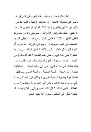 ‫ﺍﻷﻨﺎ ﺨﺸﻨﺔ ﺠﺩﺍ ، ﺼﻠﺒﺔ . ﻫﺫﻩ ﺘﺫﻭﺏ ﻓﻲ ﺍﻟﻤﺭﺍﻗﺒـﺔ .‬
                                 ‫ﹰ‬
‫ﻭﻟﻴﺱ ﻓﻲ ﻤﺤﺎﻭﻟﺔ ﺇﺫﺍﺒﺘﻬﺎ . ﺇﺫﺍ ﺤﺎﻭﻟﺕ ﺇﺫﺍﺒﺘﻬﺎ ، ﻓﺈﻨﻬﺎ ﺘﺒﻘـﻰ .‬
‫ﻜﺜﻴﺭ ﻤﻥ ﺍﻟﻨﺎﺱ ‪‬ﻌﹼﻤﻭﻥ ﺇﺫﺍﺒﺔ ﺍﻷﻨﺎ ﺒﺈﻟﻐﺎﺌﻬﺎ ﺃﻭ ﺒﺘﻤﺭﻴﺭﻫﺎ . ﻫﺫﺍ‬
                                         ‫ﻴﻠ‬
‫ﻻ ﻴﻨﻔﻊ . ﻓﻘﻁ ﺒﺎﻟﻤﺭﺍﻗﺒﺔ ﻭﺍﻹﺩﺭﺍﻙ ، ﺍﺴﺘﺭﺨﻲ ﻭﻜـﻥ ﻤـﺩﺭﻜﺎ‬
‫ﹰ‬
‫ﻟﻠﻌﻘل ﺍﻟﻜﺒﻴﺭ ، ﺍﻷﻨﺎ ﺴﺘﺨﺘﻔﻲ ﺘﻠﻘﺎﺌﻴﺎ . ﻤﻊ ﻫﺫﺍ ، ﺴﺘﺒﻘﻰ ﺍﻟﻘـﻴﻡ‬
                        ‫ﹰ‬
‫ﺍﻟﻤﺘﻌﻤﻘﺔ ﻓﻲ ﺍﻟﺤﻴﺎﺓ ﻤﻭﺠﻭﺩﺓ . ﺍﺭﺠﻊ ﺇﻟﻰ ﺍﻟﻭﺭﺍﺀ ، ﺴـﺘﺭﻯ ﺃﻥ‬
‫ﺍﻟﺤﻴﺎﺓ ﻜﻠﻬﺎ ﻤﺜل ﺍﻟﺤﻠﻡ . ﺃﻟﻴﺱ ﻜﺫﻟﻙ ؟ ﺃﻟﻴﺱ ﺍﻟﻤﺎﻀـﻲ ﻴﺸـﺒﻪ‬
‫ﺍﻟﺤﻠﻡ ؟ ﺤﺘﻰ ﻫﺫﺍ ﺍﻟﻴﻭﻡ ، ﺤﺘﻰ ﻫﺫﻩ ﺍﻟﻠﺤﻅﺔ ؟ ﻟﻘﺩ ﺃﺘﻴـﺕ ﺇﻟـﻰ‬
‫ﺍﻟﺤﻴﺎﺓ ، ﻋﺸﺕ ﻤﺴﺘﻘﺭﺍ . ﺍﻟﻴﻭﻡ ﺍﻟﺴﺎﺒﻕ ﺒﺩﺃﺕ ﻤﻥ ﻤﻜﺎﻥ ﻤـﺎ .‬
                                  ‫ﹰ‬
‫ﻗﺒﻠﻪ ﻓﻌﻠﺕ ﺃﻤﺭﺍ ﻤﺎ ، ﺸﻲﺀ ﺁﺨﺭ ﻓﻲ ﺒﺩﺍﻴﺔ ﺍﻟﺴﻨﺔ … ﺍﺴﺘﻤﺘﻌﺕ‬
                                      ‫ﹰ‬
‫ﺒﻬﺩﻴﺔ ﺭﺃﺱ ﺍﻟﺴﻨﺔ . ﺍﻟﺴﻨﺔ ﺍﻟﺴﺎﺒﻘﺔ ، ﻭﺍﻟﺴﻨﺔ ﺍﻟﺘـﻲ ﺴـﺒﻘﺘﻬﺎ .‬
‫ﺒﻜﻴﺕ ﻤﺭﺓ ﻭﺼﺭﺨﺕ ﻤﺭﺓ ﺃﺨﺭﻯ ، ﻭﻜﺜﻴﺭ ﻗﺒل ﺃﻴﺎﻡ ﺍﻟﺩﺭﺍﺴـﺔ‬
‫ﺍﻟﺘﻲ ﻤﺭﺕ ﻭﺃﻨﺕ ﺘﺫﻫﺏ ﻭﺘﺄﺘﻲ ﺇﻟﻰ ﺍﻟﻤﺩﺭﺴـﺔ ﻤﻨﺘﻅـﺭﺍ ﻴـﻭﻡ‬
     ‫ﹰ‬
‫ﺍﻟﻌﻁﻠﺔ . ﺃﻟﻴﺱ ﻜﺫﻟﻙ ؟ ﻜل ﺫﻟﻙ ﺫﻫﺏ ﻭﻭﻟﻰ . ﺃﻻ ﻴﺸﺒﻪ ﺫﻟـﻙ‬
            ‫ﺍﻟﺤﻠﻡ؟ ﺃﻨﻅﺭ ﺇﻟﻰ ﺍﻟﺨﻠﻑ ﻭﺴﺘﺭﻯ ﺃﻨﻪ ﻴﺸﺒﻪ ﺍﻟﺤﻠﻡ .‬
 