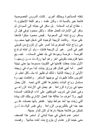 ‫ﺸﻘﺘﻪ ﺍﻟﻤﺴﺘﺄﺠﺭﺓ ﻭﻴﻤﺘﻠﻙ ﺃﺨﺭﻯ . ﻜﺎﻨﺕ ﺍﻟﺩﺭﻭﺱ ﺍﻟﺨﺼﻭﺼﻴﺔ‬
‫ﻓﺎﺘﺤﺔ ﺨﻴﺭ ﺒﺎﻟﻨﺴﺒﺔ ﻟﻪ ، ﻭﻜﺎﻥ ﻋﻠﻤﻪ - ﻭﻫﻭ ﺍﻟﻠﻐﺔ ﺍﻹﻨﺠﻠﻴﺯﻴـﺔ‬
‫- ﻤﻔﺘﺎﺡ ﺃﺒﻭﺍﺏ ﺍﻟﺴﻌﺎﺩﺓ . ﺒل ﺴﺎﻓﺭ ﻓﻲ ﺤﻴﺎﺘﻪ ﺇﻟﻰ ﺍﻟﺴﻭﺩﺍﻥ ﺜﻡ‬
‫ﺴﺎﻓﺭ ﺇﻟﻰ ﺍﻹﻤﺎﺭﺍﺕ ﻟﻠﻌﻤل ﻫﻨﺎﻙ ، ﻭﻟﻜﻥ ﻤﺤﻤﻭﺩ ﺘﻭﻓﻲ ﻗﺒل ﺃﻥ‬
‫ﻴﺴﺎﻓﺭ ﺯﻭﺝ ﺍﺒﻨﺘﻪ ﺇﻟﻰ ﺍﻟﺴﻌﻭﺩﻴﺔ . ﻗﺒﺽ ﻤﺤﻤﻭﺩ ﻤﺒﻜﺭﺍ ﻓﺄﺴﻔﻨﺎ‬
       ‫ﹰ‬
‫ﻋﻠﻰ ﻤﻭﺘﻪ . ﻭﻜﺎﻨﺕ ﺍﻟﺯﻴﺠﺔ ﺍﻟﻭﺤﻴﺩﺓ ﺍﻟﺘﻲ ﺘﺩﺨل ﻓﻴﻬﺎ ﻤﺤﻤـﻭﺩ‬
‫ﻫﻲ ﺯﻭﺍﺝ ﺍﺒﻨﺘﻪ ﺍﻟﺼﻐﺭﻯ ﻟﻤﺎ ﺃﺼﺭ ﻋﻠﻰ ﺃﻥ ﺘﺘﺯﻭﺝ ﻤﻥ ﻜﻭﻴﺘﻲ‬
‫ﻜﺒﻴﺭ ﻓﻲ ﺍﻟﺴﻥ . ﻏﻴﺭ ﺃﻥ ﺍﻟﺯﻴﺠﺔ ﻓﺸﻠﺕ ، ﻭﻟﻭ ﺃﻥ ﺍﺒﻨﺘﻪ ﻟﻡ ﺘﺩﻉ‬
‫ﺍﻟﻔﺭﺼﺔ - ﻓﺭﺼﺔ ﻭﺠﻭﺩﻫﺎ ﻓﻲ ﺒﻠﺩ ﻨﻔﻁﻲ ﺍﻟﺴﻤﺎﺕ- ﺘﻀـﻴﻊ‬
‫ﻤﻨﻬﺎ ﻓﺘﺯﻭﺠﺕ ﺒﻜﻭﻴﺘﻲ ﺁﺨﺭ ﺭﻏﻡ ﺃﻨﻬﺎ ‪‬ﺯﻗـﺕ ﻤـﻥ ﺯﻭﺠﻬـﺎ‬
                      ‫ﺭ‬
‫ﺍﻷﻭل ﺒﺒﻨﺕ ﺠﻌﻠﺕ ﺇﻗﺎﻤﺘﻬﺎ ﻓﻲ ﺍﻟﻜﻭﻴﺕ ﻤﺴﻤﻭﺤﺎ ﺒﻬﺎ ﺤﺘﻰ ﻨﻬﺎﻴﺔ‬
               ‫ﹰ‬
‫ﺍﻟﻌﻤﺭ . ﺃﻤﺎ ﺃﺨﻲ ﻜﻤﺎل ﻓﻠﻡ ‪‬ﺭﺯﻕ ﺒﺒﻨﺎﺕ ﺃﺒﺩﺍ ﺴﻭﺍﺀ ﻓﻲ ﺯﻴﺠﺘﻪ‬
                 ‫ﹰ‬              ‫ﻴ‬
‫ﺍﻷﻭﻟﻰ ﺃﻭ ﺯﻴﺠﺘﻪ ﺍﻟﺜﺎﻨﻴﺔ ، ﻟﺫﻟﻙ ﻟﻡ ﺘﻅﻬﺭ ﻟﻪ ﻤﺸـﺎﻜل ﺍﺨﺘﻴـﺎﺭ‬
‫ﺍﻟﻌﺭﻴﺱ ﻤﺜﻠﻤﺎ ﻅﻬﺭﺕ ﻟﻲ ﺒﻭﺠﻬﻬﺎ ﺍﻟﺴﺎﺨﺭ . ﻭﺍﺨﺘﺘﻤﺕ ﺒﻬﻴـﺭﺓ‬
‫ﻤﺴﻠﺴل ﺯﻭﺍﺝ ﺍﻟﺒﻨﺎﺕ ﺒﺎﺨﺘﻴﺎﺭﻫﺎ ﺍﻟﻔﺘﻰ ﺍﻟﺫﻱ ﺘﺤﺒﻪ . ﻜﺄﻥ ﻴﻌﻤل‬
‫ﻤﻌﻬﺎ ﻓﻲ ﻭﺯﺍﺭﺓ ﺍﻟﺯﺭﺍﻋﺔ . ﻫﻭ ﻴﻌﻤل ﻓﻲ ﺍﻹﺭﺸﺎﺩ ﺍﻟﺯﺭﺍﻋـﻲ‬
‫ﻭﻫﻲ ﺘﻌﻤل ﻓﻲ ﺘﺩﺭﻴﺏ ﺍﻟﻤﻭﻅﻔﻴﻥ ﻋﻠﻰ ﺃﺩﺍﺀ ﺍﻟﻭﻅﺎﺌﻑ ﺍﻟﻤﺴﻨﺩﺓ‬
‫ﺇﻟﻴﻬﻡ. ﻭﻻ ﺃﻋﺭﻑ ﻤﺎ ﻋﻼﻗﺔ ﻫﺫﺍ ﺍﻟﻌﻤل ﺍﻹﺩﺍﺭﻱ ﺒﺘﻠﻙ ﺍﻟﺸـﻬﺎﺩﺓ‬
‫ﺍﻟﺘﻲ ﺯﻴﻨﺕ ﺒﻬﺎ ﺃﺤﺩ ﺤﻭﺍﺌﻁ ﺒﻴﺘﻬﺎ . ﺘﻔﺘﺨﺭ ﺒﺄﻨﻬﺎ ﺤﺼﻠﺕ ﻋﻠـﻰ‬
‫ﺠﻴﺩ ﺠﺩﺍ ﻓﻲ ﺒﻜﺎﻟﻭﺭﻴﻭﺱ ﺍﻟﺯﺭﺍﻋﺔ . ﻭﻓﻲ ﻨﻔﺱ ﺍﻟﻭﻗـﺕ ﻟـﻥ‬‫ﹰ‬
          ‫ﺘﺘﻤﻜﻥ ﻤﻥ ﻓﻼﺤﺔ ﺤﺩﻴﻘﺔ ﺩﺍﺭﻫﺎ ﻟﻭ ﻜﺎﻥ ﻟﻠﺩﺍﺭ ﺤﺩﻴﻘﺔ .‬
‫ﺍﺴﺘﻤﺭ ﻋﺩﻡ ﺘﺩﺨﻠﻲ ﻓﻲ ﺤﻴﺎﺓ ﺃﺒﻨﺎﺌﻲ ﺃﻭ ﺍﺴﺘﻤﺭ ﻫﺫﺍ ﺍﻟﻀﻌﻑ‬
‫ﻤﻌﻲ ﺤﻴﻨﻤﺎ ﻗﺭﺭ ﻫﺸﺎﻡ ﺃﻥ ﻴﺘﺯﻭﺝ ﺒﻨﺕ ﺃﺨﺕ ﺠﺎﺫﺒﻴﺔ . ﺭﻓﻀﺕ‬
‫ﹸ‬
 