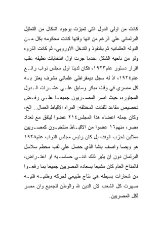 ‫ﻜﺎﻨﺕ ﻤﻥ ﺍﻭﻟﻲ ﺍﻟﺩﻭل ﺍﻟﺘﻲ ﺘﻤﻴﺯﺕ ﺒﻭﺠﻭﺩ ﺍﺸﻜﺎل ﻤﻥ ﺍﻟﺘﻤﺜﻴل‬
‫ﺍﻟﺒﺭﻟﻤﺎﻨﻲ ﻋﻠﻲ ﺍﻟﺭﻏﻡ ﻤﻥ ﺍﻨﻬﺎ ﻭﻗﺘﻬﺎ ﻜﺎﻨﺕ ﻤﺤﻜﻭﻤﻪ ﺒﻜل ﻤـﻥ‬
‫ﺍﻟﺩﻭﻟﻪ ﺍﻟﻌﺜﻤﺎﻨﻴﻪ ﺜﻡ ﺒﺎﻟﻨﻔﻭﺫ ﻭﺍﻟﺘﺩﺨل ﺍﻻﻭﺭﻭﺒﻲ، ﺜﻡ ﻜﺎﻨﺕ ﺍﻟﺫﺭﻭﻩ‬
‫ﻭﻟﻭ ﻤﻥ ﻨﺎﺤﻴﻪ ﺍﻟﺸﻜل ﻋﻨﺩﻤﺎ ﺠﺭﺕ ﺍﻭل ﺍﻨﺘﺨﺎﺒﺎﺕ ﻨﻅﻴﻔﻪ ﻋﻘﺏ‬
‫ﺍﻗﺭﺍﺭ ﺩﺴﺘﻭﺭ ﻋﺎﻡ٣٢٩١، ﻓﻜﺎﻥ ﻟﺩﻴﻨﺎ ﺍﻭل ﻤﺠﻠﺱ ﻨﻭﺍﺏ ﺭﺍﺌـﻊ‬
‫ﻋﺎﻡ٤٢٩١، ﺍﺫ ﻟﻪ ﺴﺠل ﺩﻴﻤﻘﺭﺍﻁﻲ ﻋﻠﻤﺎﻨﻲ ﻤﺸﺭﻑ ﻴﻌﺘﺯ ﺒـﻪ‬
‫ﻜل ﻤﺼﺭﻱ ﻓﻲ ﻭﻗﺕ ﻤﺒﻜﺭ ﻭﺴﺎﺒﻕ ﻋﻠـﻲ ﻋﺸـﺭﺍﺕ ﺍﻟـﺩﻭل‬
‫ﺍﻟﻤﺠﺎﻭﺭﻩ، ﺤﻴﺙ ﺍﺼﺭ ﺍﻟﻤﺼـﺭﻴﻭﻥ ﺠﻤﻴﻌـﺎ ﻋﻠـﻲ ﺭﻓـﺽ‬
‫ﺘﺨﺼﻴﺹ ﻤﻘﺎﻋﺩ ﻟﻠﻔﺌﺎﺕ ﺍﻟﻤﺨﺘﻠﻔﻪ: ﺍﻟﻤﺭﺍﻩ ﺍﻻﻗﺒﺎﻁ ﺍﻟﻌﻤﺎل.. ﺍﻟﺦ،‬
‫ﻭﻜﺎﻥ ﺠﻤﻠﻪ ﺍﻋﻀﺎﺀ ﻫﺫﺍ ﺍﻟﻤﺠﻠﺱ٤١٢ ﻋﻀﻭﺍ ﻟﻴﺘﻔﻕ ﻤﻊ ﺘﻌﺩﺍﺩ‬
‫ﻤﺼﺭ، ﻤﻨﻬﻡ٦١ ﻋﻀﻭﺍ ﻤﻥ ﺍﻻﻗﺒـﺎﻁ ﻤﻨﺘﺨﺒـﻭﻥ ﻜﻤﺼـﺭﻴﻴﻥ‬
‫ﻤﻤﺜﻠﻴﻥ ﻟﺤﺯﺏ ﺍﻟﻭﻓﺩ، ﺒل ﻜﺎﻥ ﺭﺌﻴﺱ ﻤﺠﻠﺱ ﺍﻟﻨﻭﺍﺏ ﻋﺎﻡ٨٢٩١‬
‫ﻫﻭ ﻭﻴﺼﺎ ﻭﺍﺼﻑ ﺒﺎﺸﺎ ﺍﻟﺫﻱ ﺤﺼل ﻋﻠﻲ ﻟﻘﺏ ﻤﺤﻁﻡ ﺴﻼﺴل‬
‫ﺍﻟﺒﺭﻟﻤﺎﻥ ﺩﻭﻥ ﺍﻥ ﻴﺜﻴﺭ ﺫﻟﻙ ﺍﺩﻨـﻲ ﺤﺴﺎﺴـﻴﻪ ﺍﻭ ﺍﻋﺘـﺭﺍﺽ،‬
‫ﻓﺎﻟﻤﻨﺎﺥ ﺍﻟﻌﺎﻡ ﻜﺎﻥ ﻤﺸﺒﻌﺎ ﺒﺴﻌﺎﺩﻩ ﺍﻟﻤﺼﺭﻴﻴﻥ ﺠﻤﻴﻌﺎ ﺒﻤﺎ ﺭﻓﻌـﻭﺍ‬
‫ﻤﻥ ﺸﻌﺎﺭﺍﺕ ﺒﺴﻴﻁﻪ ﻫﻲ ﻨﺘﺎﺝ ﻁﺒﻴﻌﻲ ﻟﺤﺭﻜﻪ ﻭﻁﻨﻴـﻪ ﻓﺘﻴـﻪ‬
‫ﺼﻬﺭﺕ ﻜل ﺍﻟﺸﻌﺏ ﻻﻥ ﺍﻟﺩﻴﻥ ﷲ ﻭﺍﻟﻭﻁﻥ ﻟﻠﺠﻤﻴﻊ ﻭﺍﻥ ﻤﺼﺭ‬
                                           ‫ﻟﻜل ﺍﻟﻤﺼﺭﻴﻴﻥ.‬
 