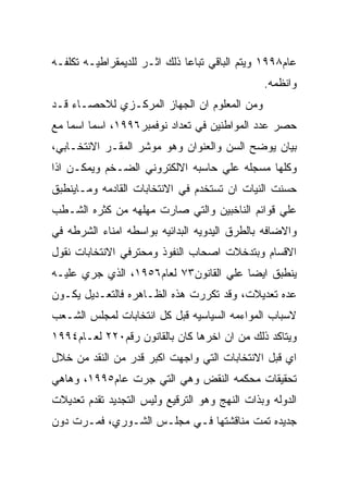 ‫ﻋﺎﻡ٨٩٩١ ﻭﻴﺘﻡ ﺍﻟﺒﺎﻗﻲ ﺘﺒﺎﻋﺎ ﺫﻟﻙ ﺍﺜـﺭ ﻟﻠﺩﻴﻤﻘﺭﺍﻁﻴـﻪ ﺘﻜﻠﻔـﻪ‬
                                               ‫ﻭﺍﻨﻅﻤﻪ.‬
‫ﻭﻤﻥ ﺍﻟﻤﻌﻠﻭﻡ ﺍﻥ ﺍﻟﺠﻬﺎﺯ ﺍﻟﻤﺭﻜـﺯﻱ ﻟﻼﺤﺼـﺎﺀ ﻗـﺩ‬
‫ﺤﺼﺭ ﻋﺩﺩ ﺍﻟﻤﻭﺍﻁﻨﻴﻥ ﻓﻲ ﺘﻌﺩﺍﺩ ﻨﻭﻓﻤﺒﺭ٦٩٩١، ﺍﺴﻤﺎ ﺍﺴﻤﺎ ﻤﻊ‬
‫ﺒﻴﺎﻥ ﻴﻭﻀﺢ ﺍﻟﺴﻥ ﻭﺍﻟﻌﻨﻭﺍﻥ ﻭﻫﻭ ﻤﻭﺸﺭ ﺍﻟﻤﻘـﺭ ﺍﻻﻨﺘﺨـﺎﺒﻲ،‬
‫ﻭﻜﻠﻬﺎ ﻤﺴﺠﻠﻪ ﻋﻠﻲ ﺤﺎﺴﺒﻪ ﺍﻻﻟﻜﺘﺭﻭﻨﻲ ﺍﻟﻀـﺨﻡ ﻭﻴﻤﻜـﻥ ﺍﺫﺍ‬
‫ﺤﺴﻨﺕ ﺍﻟﻨﻴﺎﺕ ﺍﻥ ﺘﺴﺘﺨﺩﻡ ﻓﻲ ﺍﻻﻨﺘﺨﺎﺒﺎﺕ ﺍﻟﻘﺎﺩﻤﻪ ﻭﻤـﺎﻴﻨﻁﺒﻕ‬
‫ﻋﻠﻲ ﻗﻭﺍﺌﻡ ﺍﻟﻨﺎﺨﺒﻴﻥ ﻭﺍﻟﺘﻲ ﺼﺎﺭﺕ ﻤﻬﻠﻬﻪ ﻤﻥ ﻜﺜﺭﻩ ﺍﻟﺸـﻁﺏ‬
‫ﻭﺍﻻﻀﺎﻓﻪ ﺒﺎﻟﻁﺭﻕ ﺍﻟﻴﺩﻭﻴﻪ ﺍﻟﺒﺩﺍﺌﻴﻪ ﺒﻭﺍﺴﻁﻪ ﺍﻤﻨﺎﺀ ﺍﻟﺸﺭﻁﻪ ﻓﻲ‬
‫ﺍﻻﻗﺴﺎﻡ ﻭﺒﺘﺩﺨﻼﺕ ﺍﺼﺤﺎﺏ ﺍﻟﻨﻔﻭﺫ ﻭﻤﺤﺘﺭﻓﻲ ﺍﻻﻨﺘﺨﺎﺒﺎﺕ ﻨﻘﻭل‬
‫ﻴﻨﻁﺒﻕ ﺍﻴﻀﺎ ﻋﻠﻲ ﺍﻟﻘﺎﻨﻭﻥ٣٧ ﻟﻌﺎﻡ٦٥٩١، ﺍﻟﺫﻱ ﺠﺭﻱ ﻋﻠﻴـﻪ‬
‫ﻋﺩﻩ ﺘﻌﺩﻴﻼﺕ، ﻭﻗﺩ ﺘﻜﺭﺭﺕ ﻫﺫﻩ ﺍﻟﻅـﺎﻫﺭﻩ ﻓﺎﻟﺘﻌـﺩﻴل ﻴﻜـﻭﻥ‬
‫ﻻﺴﺒﺎﺏ ﺍﻟﻤﻭﺍﺀﻤﻪ ﺍﻟﺴﻴﺎﺴﻴﻪ ﻗﺒل ﻜل ﺍﻨﺘﺨﺎﺒﺎﺕ ﻟﻤﺠﻠﺱ ﺍﻟﺸـﻌﺏ‬
‫ﻭﻴﺘﺎﻜﺩ ﺫﻟﻙ ﻤﻥ ﺍﻥ ﺍﺨﺭﻫﺎ ﻜﺎﻥ ﺒﺎﻟﻘﺎﻨﻭﻥ ﺭﻗﻡ٠٢٢ ﻟﻌـﺎﻡ٤٩٩١‬
‫ﺍﻱ ﻗﺒل ﺍﻻﻨﺘﺨﺎﺒﺎﺕ ﺍﻟﺘﻲ ﻭﺍﺠﻬﺕ ﺍﻜﺒﺭ ﻗﺩﺭ ﻤﻥ ﺍﻟﻨﻘﺩ ﻤﻥ ﺨﻼل‬
‫ﺘﺤﻘﻴﻘﺎﺕ ﻤﺤﻜﻤﻪ ﺍﻟﻨﻘﺽ ﻭﻫﻲ ﺍﻟﺘﻲ ﺠﺭﺕ ﻋﺎﻡ٥٩٩١، ﻭﻫﺎﻫﻲ‬
‫ﺍﻟﺩﻭﻟﻪ ﻭﺒﺫﺍﺕ ﺍﻟﻨﻬﺞ ﻭﻫﻭ ﺍﻟﺘﺭﻗﻴﻊ ﻭﻟﻴﺱ ﺍﻟﺘﺠﺩﻴﺩ ﺘﻘﺩﻡ ﺘﻌﺩﻴﻼﺕ‬
‫ﺠﺩﻴﺩﻩ ﺘﻤﺕ ﻤﻨﺎﻗﺸﺘﻬﺎ ﻓـﻲ ﻤﺠﻠـﺱ ﺍﻟﺸـﻭﺭﻱ، ﻓﻤـﺭﺕ ﺩﻭﻥ‬
 