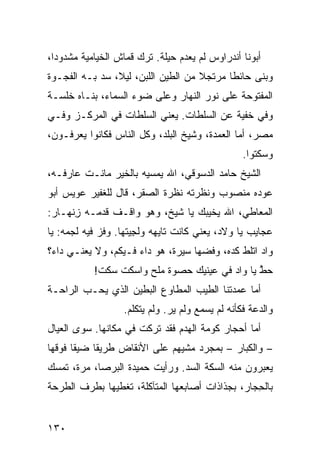 ‫ﺃﺒﻭﻨﺎ ﺃﻨﺩﺭﺍﻭﺱ ﻟﻡ ﻴﻌﺩﻡ ﺤﻴﻠﺔ. ﺘﺭﻙ ﻗﻤﺎﺵ ﺍﻟﺨﻴﺎﻤﻴﺔ ﻤﺸﺩﻭﺩﺍ،‬
‫ﻭﺒﻨﻰ ﺤﺎﺌﻁﺎ ﻤﺭﺘ ‪‬ﻼ ﻤﻥ ﺍﻟﻁﻴﻥ ﺍﻟﻠﺒﻥ، ﻟﻴﻼ، ﺴﺩ ﺒـﻪ ﺍﻟﻔﺠـﻭﺓ‬
            ‫‪‬‬                        ‫ﺠ‬
‫ﺍﻟﻤﻔﺘﻭﺤﺔ ﻋﻠﻰ ﻨﻭﺭ ﺍﻟﻨﻬﺎﺭ ﻭﻋﻠﻰ ﻀﻭﺀ ﺍﻟﺴﻤﺎﺀ، ﺒﻨـﺎﻩ ﺨﻠﺴـﺔ‬
‫ﻭﻓﻲ ﺨﻔﻴﺔ ﻋﻥ ﺍﻟﺴﻠﻁﺎﺕ. ﻴﻌﻨﻲ ﺍﻟﺴﻠﻁﺎﺕ ﻓﻲ ﺍﻟﻤﺭﻜـﺯ ﻭﻓـﻲ‬
‫ﻤﺼﺭ، ﺃﻤﺎ ﺍﻟﻌﻤﺩﺓ، ﻭﺸﻴﺦ ﺍﻟﺒﻠﺩ، ﻭﻜل ﺍﻟﻨﺎﺱ ﻓﻜﺎﻨﻭﺍ ﻴﻌﺭﻓـﻭﻥ،‬
                                                  ‫ﻭﺴﻜﺘﻭﺍ.‬
‫ﺍﻟﺸﻴﺦ ﺤﺎﻤﺩ ﺍﻟﺩﺴﻭﻗﻲ، ﺍﷲ ﻴﻤﺴ ‪‬ﻪ ﺒﺎﻟﺨﻴﺭ ﻤﺎﻨﹾـﺕ ﻋﺎﺭﻓـ ‪،‬‬
 ‫ﻪ‬       ‫ﹶ‬              ‫ﻴ‬
‫ﻋﻭﺩﻩ ﻤﻨﺼﻭﺏ ﻭﻨﻅﺭﺘﻪ ﻨﻅﺭﺓ ﺍﻟﺼﻘﺭ، ﻗﺎل ﻟﻠﻐﻔﻴﺭ ﻋﻭﻴﺱ ﺃﺒﻭ‬
‫ﺍﻟﻤﻌﺎﻁﻲ، ﺍﷲ ﻴﺨ ‪‬ﺒﻙ ﻴﺎ ﺸﻴﺦ، ﻭﻫﻭ ﻭﺍﻗـﻑ ﻗﺩﻤـﻪ ﺯﻨﹾﻬـﺎﺭ:‬
       ‫ِ‬                           ‫ﻴ‬
‫ﻋﺠﺎﻴﺏ ﻴﺎ ﻭﻻﺩ، ﻴﻌﻨﻲ ﻜﺎﻨﺕ ﺘﺎﻴ‪‬ﻬﻪ ﻭﻟ ِﻴﺘﻬﺎ. ﻭﻓﺯ ﻓﻴﻪ ﻟ ‪‬ﻤﻪ: ﻴﺎ‬
      ‫ﺠ‬       ‫‪‬‬        ‫ﹶﺠ‬
‫ﻭﺍﺩ ﺍﺘﻠﻁ ﻜﺩﻩ، ﻭﻓ ‪‬ﻬﺎ ﺴﻴﺭﺓ، ﻫﻭ ﺩﺍﺀ ﻓـﻴﻜﻡ، ﻭﻻ ﻴﻌﻨـﻲ ﺩﺍﺀ؟‬
                                    ‫ﹸﻀ‬
            ‫ﺤ ﱠ ﻴﺎ ﻭﺍﺩ ﻓﻲ ﻋﻴﻨﻴﻙ ﺤﺼ‪‬ﻭﺓ ﻤﻠﺢ ﻭﺍﺴﻜﺕ ‪‬ﻜﺕ!‬
             ‫ﹾ ﺴﹾ ﹶ‬            ‫‪‬‬                 ‫‪‬ﻁ‬
‫ﺃﻤﺎ ﻋﻤﺩﺘﻨﺎ ﺍﻟﻁﻴﺏ ﺍﻟﻤﻁﺎﻭﻉ ﺍﻟﺒﻁﻴﻥ ﺍﻟﺫﻱ ﻴﺤـﺏ ﺍﻟﺭﺍﺤـﺔ‬
                   ‫ﻭﺍﻟﺩﻋﺔ ﻓﻜﺄﻨﻪ ﻟﻡ ﻴﺴﻤﻊ ﻭﻟﻡ ﻴﺭ. ﻭﻟﻡ ﻴﺘﻜﻠﻡ.‬
‫ﺃﻤﺎ ﺃﺤﺠﺎﺭ ﻜﻭﻤﺔ ﺍﻟﻬﺩﻡ ﻓﻘﺩ ﹸﺭﻜﺕ ﻓﻲ ﻤﻜﺎﻨﻬﺎ. ﺴ ‪‬ﻯ ﺍﻟﻌﻴﺎل‬
        ‫ﻭ‬                 ‫ﺘ‬
‫– ﻭﺍﻟﻜﺒﺎﺭ – ﺒﻤﺠﺭﺩ ﻤﺸﻴﻬﻡ ﻋﻠﻰ ﺍﻷﻨﻘﺎﺽ ﻁﺭﻴﻘﺎ ﻀﻴﻘﺎ ﻓﻭﻗﻬﺎ‬
‫ﻴﻌﺒﺭﻭﻥ ﻤﻨﻪ ﺍﻟﺴﻜﺔ ﺍﻟﺴﺩ. ﻭﺭﺃﻴﺕ ﺤﻤﻴﺩﺓ ﺍﻟﺒﺭ ‪‬ﺎ، ﻤ ‪‬ﺓ، ﺘﻤﺴﻙ‬
       ‫‪ ‬ﺼ ﺭ‬                    ‫‪‬‬
‫ﺒﺎﻟ ِﺠﺎﺭ، ﺒﺠﺫﺍﺫﺍﺕ ﺃﺼﺎﺒﻌﻬﺎ ﺍﻟﻤﺘﺂﻜﻠﺔ، ﺘﻐﻁﻴﻬﺎ ﺒﻁﺭﻑ ﺍﻟﻁﺭﺤﺔ‬
                                                 ‫ﺤ‬


‫٠٣١‬
 