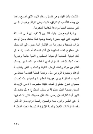 ‫ﻭﺘﺘﺸﺒﺙ ﺒﺄﻁﺭﺍﻓﻬﺎ، ﻭﻫﻲ ﺘﺘﺴﻠﻕ ﺭﺨﺎﻡ ﺍﻟﻬ ‪‬ﺩ ﺍﻟﺫﻱ ﺃﺼﺒﺢ ﻨﺎﻋﻤﺎ‬
                 ‫‪‬ﺩ‬
‫ﻤﻥ ﻭﻁﺀ ﺍﻷﻗﺩﺍﻡ، ﺜﻡ ﺘﻨﺯﻟﻕ، ﻜﻠﻬﺎ، ﻭﻫﻲ ﻨﺎﺯﻟﺔ. ﻭﺨﻴـل ﺇﻟـﻲ‬
‫‪‬‬
                 ‫ﺃﻨﻨﻲ ﺴﻤﻌﺕ ﺃﻨﻴﻨﻬﺎ ﻤﻭﺍﺀﻫﺎ ﺸﻜﺎ ﹶﻬﺎ ﺍﻟﻤﻜﺘﻭﻤﺔ.‬
                             ‫ﺘ‬
‫ﺭﺍﻤﻴﺔ ﺍﻟﺭﻤﺢ ﻤﻥ ﻋﻴﻨﻴﻙ ﺍﻟﻠﺘـﻴﻥ ﻻ ﺘﻐﻴﻤـﺎﻥ ﻓـﻲ ﺍﻟﺴـ ﹼﺔ‬
 ‫ﻜ‬
‫ﺍﻟﻤﻠﺘﻭﻴﺔ ﺍﻟﺘﻲ ﻓﻴﻬﺎ ﺤ ‪‬ﺭﺓ ﻭﺍﺤﺩﺓ ﻭﺒﻘﺎﻴﺎ ﻗﻁﺔ ﻤﺎﺘﺕ ﻤـﻥ ﺃﻴـﺎﻡ‬
                                  ‫‪‬ﺠ‬
‫ﻁﻭﺍل ﺨﺼﻴﺒﺔ ﻭﻤﺤﺭﻭﻤﺔ ﻤﻥ ﺍﻹﺜﻤﺎﺭ ﺃﺒﺩﺍ ﻤﺒﺤﺭﺓ ﺇﻟﻰ ﺍﻟﺸـﻤﺎل‬
‫ﻋﻠﻰ ﺴﻁﻭﺡ ﺍﻟﻤﺎﺀ ﺍﻟﺴﺎﺠﻴﺔ ﻫل ﺃﻨﺕ ﺍﻟﺴﻤﻜﺔ ﺃﻡ ﺍﻟﺼـﻴﺎﺩ ﻫـل‬
                      ‫ِ‬
‫ﺃﻨﺕ ﺍﻟﺠﻨﻴﺔ ﺍﻟﻤﺨﺘﺒﺌﺔ ﺃﻡ ﺸ ‪‬ﺎﻟﺔ ﺍﻟﺤﻁﺏ ﻭﺍﻷﺴ ‪‬ﺔ ﻫﺎﺌﻤﺔ ﻭﻋﺎﺭﻴﺔ‬
              ‫ﻴ‬               ‫ﹶﻴ‬                     ‫ِ‬
‫ﺘﺤﺕ ﺜﻭﺒﻙ ﺍﻟﻭﺍﺤﺩ ﺍﻟﻤﻤ ‪‬ﻕ ﺍﻟﺫﻱ ﺃﺴﻘﻁﻪ ﺤﺭ ﺍﻟﺨ ‪‬ﺎﺴﻴﻥ ﺠﺴﺩﻙ‬
‫ِ‬        ‫‪ ‬ﹶﻤ‬                 ‫ﺯ‬
‫ﺍﻟﻘﺎﺌﻡ ﻤﻥ ﻤﻭﺘﻪ ﺭﺸﻘﺘﻪ ﺍﻟﺭﻤﺎل ﺍﻟﺩﻗﻴﻘﺔ ﻭﻜﺴﺘﻪ ﺒـﺎﻟ ﹸﻘﺭ ﻭﻓﺎﻜﻬـﺔ‬
          ‫ﻨ‬
‫ﺍﻟﻭﻫﺎﺩ ﻭﺤﺠﺎﺭﺓ ﺍﻟﺭﻭﺍﺒﻲ ﻤﺜل ﺘﺭﻨﻴﻤﺔ ﻗﺒﻁﻴﺔ ﻗﺩﻴﻤـﺔ ﺒﺠ‪‬ﻌﺘـﻲ‬
      ‫‪‬‬
‫ﺍﻟﺴﻭﺩﺍﺀ ﺍﻟﻤﻘﺘﻭﻟﺔ ﺒﻴﺩﻱ ﺤﻭﺭ ‪‬ﺔ ﺍﻟ ‪‬ﻜﺎﻴـﺎ ﻭﺍﻟﺤﻭﺍﺩﻴـﺙ ﺘﺤـﺕ‬
                     ‫ﻴ ﺤ‬
‫ﻤﺼﺒﺎﺡ ﺍﻟﻜﻭﺯ ﻤﻘﻁﻭﻉ ﺍﻟﺤﺎ ﹼﺔ ﻓﺘﻴﻠﺘﻪ ﻤﻐﻤﻭﺴـﺔ ﻓـﻲ ﺍﻟﺯﻴـﺕ‬
                           ‫ﻓ‬
‫ﺍﻟﺴﺨﻥ ﻨﻴﻤ‪‬ﻔ ‪‬ﺔ ﺍﻟﻨﻴل ﻤﻌﺸﻭﻗﺔ ﻤﻭﺴﻴﻘﻰ ﺍﻟﺴﻁﻭﻉ ﻫـل ﻴﻤﻨﺤـﻙ‬
                                       ‫ﻴ‬
‫ﺍﻟﻨﻭﺭ ﺃﺒﺩﺍ ﻜ ﹼﺎﺭﺘﻪ ﻫل ﻴﺤﻤل ﻋﻨﻙ ﺜﻘل ﺨﻁﻴﺌﺘﻙ ﺍﻟﺘﻲ ﻻ ﺇﺜﻡ ﻓﻴﻬﺎ‬
                                           ‫ﻔ‬
‫ﺒل ﻫﻲ ﺍﻟ ﹸﻬﺭ ﻭﺍﻟ ‪‬ﺭﺀ ﻤﻌﺎ ﺘﺭﻗﺼﻴﻥ ﺭﻗﺼﺔ ﺩﺭﺍﻭﻴـﺵ ﺍﻟـ ِﻜﺭ‬
‫ﺫ ‪‬‬                               ‫ﺒ‬       ‫ﻁ‬
‫ﺭﻗﺼﺔ ﻓﺭﺍﺸﺎﺕ ﺍﻟﻐﻴﻁ ﺭﻗﺼﺔ ﺍﻷﻭﺯﺓ ﺍﻟﻤﺫﺒﻭﺤﺔ ﺘﺤﺕ ﺍﻟﻨﺨﻠـﺔ‬




‫١٣١‬
 