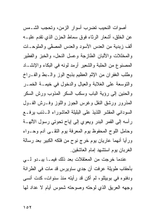 ‫ﺃﺼﻭﺍﺕ ﺍﻟﻨﺤﻴﺏ ﺘﻀﺭﺏ ﺃﺴﻭﺍﺭ ﺍﻟﺯﻤﻥ، ﻭﺘﺤﺠﺏ ﺍﻟﺸـﻤﺱ‬
‫ﻋﻥ ﺍﻟ ﹶﻠﻕ، ﺃﺸﻌﺎﺭ ﺍﻟﺭﺜﺎﺀ ﻓﻭﻕ ﺴﻤﺎﻁ ﺍﻟﺤﺯﻥ ﺍﻟﺫﻱ ﹸﻘﺩﻡ ﻋﻠﻴـﻪ‬
         ‫ﺘ‬                                     ‫ﺨ‬
‫ﺃﻟﻑ ﺯﺒﺩ ‪‬ﺔ ﻤﻥ ﺍﻟﻌﺩﺱ ﺍﻷﺴﻭﺩ ﻭﺍﻟﻌﺩﺱ ﺍﻟﻤﺼ ﱠﻰ ﻭﺍﻟﻤﹸﻭﺤـﺎﺕ‬
     ‫‪‬ﻠ‬     ‫ﻔ‬                             ‫ﻴ‬
‫ﻭﺍﻟﻤﺨﹼﻼﺕ ﻭﺍﻷﻟﺒﺎﻥ ﺍﻟﻁﺎﺯﺠﺔ ﻭﻋﺴل ﺍﻟﻨﺤل، ﻭﺍﻟﺨﺒﺯ ﻭﺍﻟﻔﻁﻴﺭ‬
                                             ‫ﻠ‬
‫ﺍﻟﻤﺼﻨﻭﻉ ﻤﻥ ﺍﻟﺤﻠﺒﺔ ﻭﺍﻟﺸﻌﻴﺭ ﺃﺭﻤﺩ ﻟﻭﻨﻪ ﻓﻲ ﺍﻟﺒﻜﺎﺀ ﻭﺍﻹﻨﺸـﺎﺩ‬
                        ‫‪‬‬
‫ﻭﻁﻠﺏ ﺍﻟﻐﻔﺭﺍﻥ ﻤﻥ ﺍﻹﺜﻡ ﺍﻟﻌﻅﻴﻡ ﺒﺫﺒﺢ ﺍﻟﻭﺯ ﻭﺍﻟـﺒﻁ ﻭﺍﻟﻔـﺭﺍﺥ‬
‫ﻭﺍﻟﺘﻭﺴﻌﺔ ﻋﻠﻰ ﺍﻟﻐﻼﺒﺔ ﻭﺍﻟﻌﻴﺎل ﻭﺍﻟﺩﺨﻭل ﻓﻲ ﺨﻴﻤـﺔ ﺍﻟﺨﻤـﺭ‬
‫ﻭﺍﻟﺤﻨﻴﻥ ﺇﻟﻰ ﺭﺅﻴﺔ ﺍﻟﺒﺎﺏ ﻭﺴﻜﹾﺏ ﺍﻟﺴ ﹼﺭ ﺍﻟﻤﺫ ‪‬ﺏ ﻭﺭﺵ ﺍﻟﺴ ﹼﺭ‬
 ‫ﹼ ﻜ‬        ‫ﻭ‬       ‫ﻜ‬
‫ﺍﻟﻤﺫﺭﻭﺭ ﻭﺭﺸﹾﻕ ﺍﻟﻨﻘﹾل ﻭﻏﺭ‪‬ﺱ ﺍﻟﺠﻭﺯ ﻭﺍﻟﻠﻭﺯ ﻭﻓﹾـﺭﺵ ﺍﻟﻔـﻭل‬
                                    ‫ﹸ‬
‫ﺍﻟﺴﻭﺩﺍﻨﻲ ﺍﻟﻤﻘ ﹼﺭ ﺍﻟﻠﺫﻴﺫ ﻋﻠﻰ ﺍﻟﺒﻠﻴﻠﺔ ﺍﻟﻌﺎﺸﻭﺭﺍﺀ ﺍﻟـﺫﺌﺏ ﻴﺭﻓـﻊ‬
                                           ‫ﺸ‬
‫ﺭﺃﺴﻪ ﺇﻟﻰ ﺍﻟﻘﻤﺭ ﺍﻟﺒﺩﺭ ﻭﻴﻌﻭﻱ ﺇﻟﻰ ﺇﻴﺎﺡ ﺘﺤﻭﺘﻲ ﺭﺴﻭل ﺍﻵﻟﻬـﺔ‬
‫ﻭﺤﺎﻤل ﺍﻟﻠﻭﺡ ﺍﻟﻤﺤﻔﻭﻅ ﻴﻭﻡ ﺍﻟﻤﻌﺭﻓﺔ ﻴﻭﻡ ﺍﻟﺘﻘـﻰ ﺁﺩﻡ ﻭﺤـﻭﺍﺀ‬
‫ﻭﺭﺃﻴﺎ ﺃﻨﻬﻤﺎ ﻋﺎﺭﻴﺎﻥ ﻴﻭﻡ ﺨﺭﺝ ﻨﻭﺡ ﻤﻥ ﻓﻠﻜﻪ ﺍﻟﻜﺒﻴﺭ ﺒﻌﺩ ﺭﺴﺎﻟﺔ‬
                         ‫ﺍﻟﻐﺭﺒﺎﻥ ﻴﻭﻡ ﺍﺴﺘﺸﻬﺩ ﺇﻤﺎﻡ ﺍﻟﻌﺎﺸﻘﻴﻥ.‬
‫ﻋﻨﺩﻤﺎ ﺨﺭﺠﺕ ﻤﻥ ﺍﻟﻤﻌﺘﻘﻼﺕ ﺒﻌﺩ ﺫﻟﻙ ﻓﻴﻤـﺎ ﻴﺒـﺩﻭ ﻟـﻲ‬
‫ﺒﺄﺤﻘﺎﺏ ﻁﻭﻴﻠﺔ ﻋﺭﻓﺕ ﺃﻥ ﺠﺩﻱ ﺴﺎﻭﻴﺭﺱ ﻗﺩ ﻤﺎﺕ ﻓﻲ ﺍﻟﻁ ‪‬ﺍﻨﺔ‬
   ‫ﺭ‬
‫ﻭﺩﻓﻨﻭﻩ ﻓﻲ ﺒﻭﺒﻴﻠﻠﻭ، ﻟﻡ ﺃﻜﻥ ﻗﺩ ﺭﺃﻴﺘﻪ ﻤﻨﺫ ﺴﻨﻭﺍﺕ، ﻜﺩﺕ ﺃﻨﺴﻰ‬
‫ﻭﺠﻬﻪ ﺍﻟﻌﺭﻴﻕ ﺍﻟﺫﻱ ﻟ ‪‬ﺤﺘﻪ ﻭﺼ ‪‬ﺤﺘﻪ ﺸﻤﻭﺱ ﺃﻴﺎﻡ ﻻ ﻋﺩﺍﺩ ﻟﻬﺎ‬
                ‫‪‬‬       ‫ﻭ‬       ‫ﻭ‬


‫٢٥١‬
 