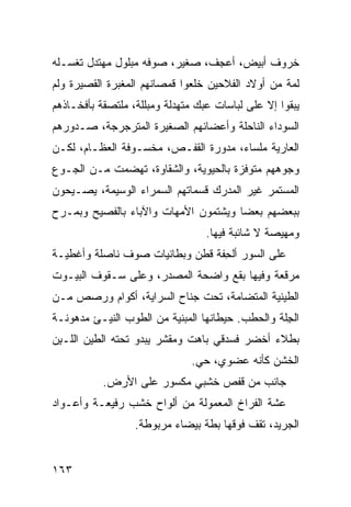 ‫ﺨﺭﻭﻑ ﺃﺒﻴﺽ، ﺃﻋﺠﻑ، ﺼﻐﻴﺭ، ﺼﻭﻓﻪ ﻤﺒﻠﻭل ﻤﻬ‪‬ﺘ ‪‬ل ﺘﻐﺴـﻠﻪ‬
        ‫ﺩ‬
‫ﻟ ‪‬ﺔ ﻤﻥ ﺃﻭﻻﺩ ﺍﻟﻔﻼﺤﻴﻥ ﺨﻠﻌﻭﺍ ﻗﻤﺼﺎﻨﻬﻡ ﺍﻟﻤﻐﺒﺭﺓ ﺍﻟﻘﺼﻴﺭﺓ ﻭﻟﻡ‬
                                                   ‫ﻤ‬
‫ﻴﺒﻘﻭﺍ ﺇﻻ ﻋﻠﻰ ﻟﺒﺎﺴﺎﺕ ﻋ ‪‬ﻙ ﻤﺘﻬ ‪‬ﻟﺔ ﻭﻤﺒﹼﻠﺔ، ﻤﻠﺘﺼﻘﺔ ﺒﺄﻓﺨـﺎﺫﻫﻡ‬
                    ‫ﻠ‬      ‫ﺩ‬      ‫‪‬ﺒ‬
‫ﺍﻟﺴﻭﺩﺍﺀ ﺍﻟﻨﺎﺤﻠﺔ ﻭﺃﻋﻀﺎﺌﻬﻡ ﺍﻟﺼﻐﻴﺭﺓ ﺍﻟﻤﺘﺭﺠﺭﺠﺔ، ﺼـﺩﻭﺭﻫﻡ‬
‫ﺍﻟﻌﺎﺭﻴﺔ ﻤﻠﺴﺎﺀ، ﻤﺩ ‪‬ﺭﺓ ﺍﻟﻘﻔـﺹ، ﻤﺨﺴـﻭﻓﺔ ﺍﻟﻌﻅـﺎﻡ، ﻟﻜـﻥ‬
                                ‫ﻭ‬
‫ﻭﺠﻭﻫﻬﻡ ﻤﺘﻭ ﹼﺯﺓ ﺒﺎﻟﺤﻴﻭﻴﺔ، ﻭﺍﻟﺸﻘﺎﻭﺓ، ﺘﻬ ‪‬ﻤﺕ ﻤـﻥ ﺍﻟﺠـﻭﻉ‬
           ‫ﻀ ﹾ‬                          ‫ﻓ‬
‫ﺍﻟﻤﺴﺘﻤﺭ ﻏﻴﺭ ﺍﻟﻤﺩﺭﻙ ﻗﺴﻤﺎ ﹸﻬﻡ ﺍﻟﺴﻤﺭﺍﺀ ﺍﻟﻭﺴﻴﻤﺔ، ﻴﺼـﻴﺤﻭﻥ‬
                           ‫ﺘ‬
‫ﺒﺒﻌﻀﻬﻡ ﺒﻌﻀﺎ ﻭﻴﺸﺘﻤﻭﻥ ﺍﻷﻤﻬﺎﺕ ﻭﺍﻵﺒﺎﺀ ﺒﺎﻟﻔﺼﻴﺢ ﻭﺒﻤـﺭﺡ‬
                                   ‫ﻭﻤﻬ ‪‬ﺼﺔ ﻻ ﺸﺎﺌﺒﺔ ﻓﻴﻬﺎ.‬
                                                   ‫‪ ‬ﻴ‬
‫ﻋﻠﻰ ﺍﻟﺴﻭﺭ ﺃﻟﺤ ﹶﺔ ﻗﻁﻥ ﻭﺒ ﹼﺎﻨﻴﺎﺕ ﺼﻭﻑ ﻨﺎﺼﻠﺔ ﻭﺃﻏﻁﻴـﺔ‬
                       ‫ﻁ‬         ‫ِﻔ‬
‫ﻤﺭ ﹼﻌﺔ ﻭﻓﻴﻬﺎ ﺒ ﹶﻊ ﻭﺍﻀﺤﺔ ﺍﻟﻤﺼﺩﺭ، ﻭﻋﻠﻰ ﺴـﻘﻭﻑ ﺍﻟﺒﻴـﻭﺕ‬
                                  ‫‪‬ﻘ‬          ‫ﻗ‬
‫ﺍﻟﻁﻴﻨﻴﺔ ﺍﻟﻤﺘﻀﺎ ‪‬ﺔ، ﺘﺤﺕ ﺠﻨﺎﺡ ﺍﻟﺴﺭﺍﻴﺔ، ﺃﻜﻭﺍﻡ ﻭ ‪‬ﺼﺹ ﻤـﻥ‬
      ‫ﺭ‬                             ‫ﻤ‬
‫ﺍﻟﺠﹼﺔ ﻭﺍﻟﺤ ﹶﺏ. ﺤﻴﻁﺎﻨﻬﺎ ﺍﻟﻤﺒﻨﻴﺔ ﻤﻥ ﺍﻟﻁﻭﺏ ﺍﻟﻨﻴـﺊ ﻤﺩﻫﻭﻨـﺔ‬
                                          ‫‪‬ﻁ‬      ‫ِﻠ‬
‫ﺒﻁﻼﺀ ﺃﺨﻀﺭ ﻓﺴﺩﻗﻲ ﺒﺎﻫﺕ ﻭﻤﻘﺸﺭ ﻴﺒﺩﻭ ﺘﺤﺘﻪ ﺍﻟﻁﻴﻥ ﺍﻟﻠـ ِﻥ‬
 ‫ﺒ‬                      ‫‪‬‬          ‫‪‬‬
                                ‫ﺍﻟﺨﺸﻥ ﻜﺄﻨﻪ ﻋﻀﻭ ‪ ،‬ﺤﻲ.‬
                                 ‫‪‬‬   ‫ﻱ‬
           ‫ﺠﺎﻨﺏ ﻤﻥ ﻗﻔﺹ ﺨﺸﺒﻲ ﻤﻜﺴﻭﺭ ﻋﻠﻰ ﺍﻷﺭﺽ.‬
                           ‫‪‬‬           ‫‪‬‬
‫ﻋ ﹼﺔ ﺍﻟﻔﺭﺍﺥ ﺍﻟﻤﻌﻤﻭﻟﺔ ﻤﻥ ﺃﻟﻭﺍﺡ ﺨﺸﺏ ﺭﻓﻴﻌـﺔ ﻭﺃﻋـﻭﺍﺩ‬
                                             ‫ﺸ‬
                   ‫ﺍﻟﺠﺭﻴﺩ، ﺘﻘﻑ ﻓﻭﻗﻬﺎ ﺒﻁﺔ ﺒﻴﻀﺎﺀ ﻤﺭﺒﻭﻁﺔ.‬
                                 ‫ﹲ‬


‫٣٦١‬
 