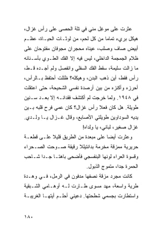 ‫ﻋﺜﺭﺕ ﻋﻠﻰ ﻤﻭ ِل ﻤﻨﻲ ﻓﻲ ﺘﹼﺔ ﺍﻟﺤﺼﻰ ﻋﻠﻰ ﺭﺃﺱ ﻏﺯﺍل،‬
                     ‫ﻠ‬          ‫‪‬ﻏ‬
‫ﻫﻴﻜل ﺒﺭﻱﺀ ﺘﻤﺎ ‪‬ﺎ ﻤﻥ ﻜل ﻟﺤﻡ، ﻤﻥ ﻟﻭﺜـﺎﺕ ﺍﻟﺤﻴـﺎﺓ، ﻋﻅﹾـﻡ‬
                                     ‫ﻤ‬
‫ﺃﺒﻴﺽ ﺼﺎﻑ ﻭﺼﻠﺏ، ﻋﻴﻨﺎﻩ ﻤﺤﺠﺭﺍﻥ ﻤﺠﻭﻓﺎﻥ ﻤﻔﺘﻭﺤﺎﻥ ﻋﻠﻰ‬
‫ﻅﻼﻡ ﺍﻟﺠﻤﺠﻤﺔ ﺍﻟﺩﺍﺨﻠ ‪ ،‬ﻟﻴﺱ ﻓﻴﻪ ﺇﻻ ﺍﻟﻔﻙ ﺍﻟﻌﻠـﻭﻱ ﺒﺄﺴـﻨﺎﻨﻪ‬
                 ‫‪‬‬                ‫ﻲ‬
‫ﻤﺎ ﺯﺍﻟﺕ ﺴﻠﻴﻤﺔ، ﺴﻘﻁ ﺍﻟﻔﻙ ﺍﻟﺴﻔﻠﻲ ﻭﺍﻨﻔﺼل ﻭﻟﻡ ﺃﺠـﺩﻩ ﻗـﻁ،‬
‫ﺭﺃﺱ ﻓﻘﻁ، ﺃﻴﻥ ﺫﻫﺏ ﺍﻟﺒﺩﻥ، ﻭﻫﻴﻜﻠﻪ؟ ﻅﻠﻠﺕ ﺃﺤﺘﻔﻅ ﺒـﺎﻟﺭﺃﺱ،‬
‫ﺃﺤ ‪‬ﺯﻩ ﻭﺃﻜﻨﺯﻩ ﻤﻥ ﺒﻴﻥ ﺃﺭﺼﺩﺓ ﻨﻔﺴﻲ ﺍﻟﺸﺤﻴﺤﺔ، ﺤﺘﻰ ﺍﻋﺘﻘﻠﺕ‬
‫ﹸ‬                                              ‫ﺭ‬
‫ﻓﻲ ٨٤٩١. ﻭﻟﻤﺎ ﺨﺭﺠﺕ ﻟﻡ ﺃﻜﺘﺸﻑ ﻓﻘﺩﺍﻨـﻪ ﺇﻻ ﺒﻌـﺩ ﺴـﻨﻴﻥ‬
‫ﻁﻭﻴﻠﺔ. ﻫل ﻜﺎﻥ ﻓﻌﻼ ﺭﺃﺱ ﻏﺯﺍل؟ ﻜﺎﻥ ﻋﻤﻲ ﻓﺭﺡ ﻗﹼﺒﻪ ﺒـﻴﻥ‬
       ‫ﹶﻠ‬
‫ﻴﺩﻴﻪ ﺍﻟﺴﻭﺩﺍﻭﻴﻥ ﻁﻭﻴﻠﺘﻲ ﺍﻷﺼﺎﺒﻊ، ﻭﻗﺎل ﻏـﺯﺍل ﻴـﺎ ﻭﻟـﺩﻱ.‬
                              ‫‪‬‬
                           ‫ﻏﺯﺍل ﺼﻐﻴﺭ، ﻟﺒﺎﻨﻲ، ﻴﺎ ﻭﻟﹾﺩﺍﻩ!‬
                                 ‫ِ‬
‫ﻭﻋﺜﺭﺕ ﺃﻴﻀﺎ ﻋﻠﻰ ﻤﺒﻌﺩﺓ ﻤﻥ ﺍﻟﻁﺭﻴﻕ ﻗﻠﻴﻼ ﻋﻠـﻰ ﻗﻁﻌـﺔ‬
‫ﺤﺭﻴﺭﻴﺔ ﻤﻤﺯﻗﺔ ﻤﺨ ‪‬ﻤﺔ ﺒﺩﺍﻨﺘﻴﻠﻼ ﺭﻗﻴﻘﺔ ﺼـ ‪‬ﺤﺕ ﺍﻟﺼـﺤﺭﺍﺀ‬
           ‫ﻭ‬                     ‫ﺭ‬
‫ﻭﻗﺴﻭﺓ ﺍﻟﻌﺭﺍﺀ ﻟﻭﻨﻬﺎ ﺍﻟﺒﻨﻔﺴﺠﻲ ﻓﺄﻀﺤﻰ ﺒﺎﻫ ﹰـﺎ ﺠـ ‪‬ﺍ ﺸـﺎﺤﺏ‬
       ‫ﺩ‬      ‫ﺘ‬
                             ‫ﺍﻟﺤﻤﺭﺓ ﺠ ‪‬ﺍ، ﻤﺘﻤﻭﺝ ﺍﻟﺫﺒﻭل.‬
                                             ‫ﺩ‬
‫ﻜﺎﻨﺕ ﻤﺠﺭﺩ ﻤﺯﻗﺔ ﻨﺼﻔﻬﺎ ﻤﺩﻓﻭﻥ ﻓﻲ ﺍﻟﺭﻤل، ﻓـﻲ ﻭﻫـﺩﺓ‬
‫ﻁﺭﻴﺔ ﻭﺍﺴﻌﺔ، ﻤﻬﺩ ﻤﺴ ‪‬ﻯ ﻁـﺎﺭﺕ ﻟـﻪ ﺃﻭﻫـﺎﻤﻲ ﺍﻟﺸـﺒﻘﻴﺔ‬
                            ‫ﻭ‬
‫ﻭﺍﺴﺘﻁﺎﺭﺕ ﺒﺠﺴﻤﻲ ﺸﻁﺤﺘﻬﺎ. ﺩﻋﻴﻨﻲ ﺃﺤﻠـﻡ ﺃﻴﺘﻬـﺎ ﺍﻟﻐﺭﻴﺒـﺔ‬


‫٠٨١‬
 