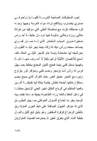 ‫ﻟ ‪‬ﺏ ﺍﻟﻤﺨﻠﻭﻗﺎﺕ ﺍﻟﺼﺎﺤﻴﺔ ﺍﻟﺸﺭﺴـﺔ ﻜﻠﻬـﺎ ﻴﺘـﺯﺍﺤﻡ ﻓـﻲ‬
                                             ‫ﹶﺠ‬
‫ﺼﺩﺭﻱ ﻴﺘﻀﺎﺭﺏ ﻭﻴﺘﻼﻗﺢ ﺘﺭﺩﺍﺩ ﻤﻭﺍﺀ ﺍﻟﻌ‪‬ﺭﺴﺔ ﻭﺠﻬﻬﺎ ﻭﺠـﻪ‬
‫ﻗﺭﺩ ﻀﺤﻜﺘﻪ ﺘﺘﺭﺩﺩ ﻤﻊ ﺼﻠﺼﻠﺔ ﺍﻟ ِﻠﻲ ﺍﻟﺘﻲ ﺴﺭﻗﻬﺎ ﻤﻥ ﺨﺯﺍﻨﺔ‬
                    ‫ﺤ ‪‬‬
‫ﺨﺎﻟﺘﻲ ﺭﻭﺯﺓ ﻭﺨﺎﻟﺘﻲ ﺴﺎﻟﻭﻤﺔ ﻓﻴﻬﺎ ﺘﺭﻨـﺎﻥ ﺠﻠﺠﻠـﺔ ﺃﺠـﺭﺍﺱ‬
‫ﺼﻐﻴﺭﺓ ﺼﺭﻴﺭ ﺍﻨﺴﻴﺎﺏ ﺍﻟ ‪‬ﻠ ‪‬ﻨﹾﺩﺭ ﺍﻟﺫﻱ ﻟـﻪ ﺼـﺩﺭ ﻗﻤ‪‬ـﺭﻱ‬
     ‫ِ‬                   ‫ﺴ ﹶﻤ‬
‫ﻴ ‪‬ﺎﻋﺩ ﺴﺠ ‪‬ﻪ ﻭﺭﺃﺱ ﺩﻴﻙ ﻟﻪ ﺯﻗﺎﺀ ﺒﻴﻨﻤﺎ ﻴﺠﺭ ﺫﻴﻠـﻪ ﺍﻟﻁﻭﻴـل‬
                                          ‫ﻌ‬       ‫‪‬ﺼ‬
‫ﺒﺤﺭﺍﺸﻴﻔﻪ ﻟﻬﺎ ﺨﺸﺨﺸﺔ ﻴﺎﺒﺴﺔ ﻫﺎﻡ ﺍﻟﺸﺠﺭ ﺍﻟﻠﻴﻠـﻲ ﺍﻟﻤﺘﻜـﺎﺜﻑ‬
          ‫‪‬‬             ‫‪‬‬
‫ﺃﺴﻤﻊ ﻟﻸﻏﺼﺎﻥ ﺍﻷﺜﻴﺜﺔ ﺘﺭﺍﻨﻴﻡ ﺒﻠﻐﺔ ﻻ ﺃﻋـﺭﻑ ﻤﻨﻬـﺎ ﻨﺄﻤـﺔ‬
‫ﹰ‬                   ‫ٍ‬
‫ﻭﻓﻬ ‪‬ﻬﺎ ﻴﺩﺨل ﻗﻠﺒﻲ ﺒﻴﻨﻤﺎ ﻓﺤﻴﺢ ﺍﻟﺘﻨﻴﻥ ﺍﻟﻤﺠ ﹼﺢ ﻴﺨﺘﻠﻁ ﺒﺼـﻬﻴل‬
              ‫ﻨ‬                                    ‫ﹶ ‪‬ﻤ‬
‫ﻓﺭﺱ ﻟﻪ ﺭﺃﺱ ﺃﺴﺩ ﻴﺯﻤﺠﺭ ﻭﺠﺴﻡ ﻅﺒﻲ ﻭﺤﻭﺍﻓﺭ ﺜﻭﺭ ﻴﺘﺭﺍﻭﺡ‬
           ‫‪‬‬          ‫‪‬‬              ‫‪‬‬
‫ﺯﺌﻴﺭﻩ ﻤﻊ ﺍﻟﺠﺌﻴﺭ ﻋﻤﻴﻕ ﺍﻟﻐﻭﺭ ‪‬ﻐﺎﻡ ﺍﻟﻐﺯﺍل ﺍﻟﺫﻱ ﻴﺴﺒﺢ ﺒﺠﺴﻡ‬
                      ‫ﺒ ‪‬‬
‫ﺴﻤﻜﺔ ﺯﻋﺎﻨﻔﻬﺎ ﺃﺠﻨﺤﺔ ﺨ ﹼﺎﺵ ﺠﻠﺩﻴﺔ ﻤﺒﺘﻠﺔ ﻟﻬﺎ ﻁﺒﻁﺒـﺔ ﺃﺘﺒـﻴﻥ‬
                                ‫ﻔ‬                 ‫ٍ‬
‫ﻭﻗﻌﻬﺎ ﺍﻟﻤﻨﺘﻅﻡ ﻓﻲ ﺍﻟﺭ ‪‬ﺎﺡ ﺍﻟﺩ ﹼﺎﻕ ﻨ ِﻴﺭ ﺍﻟﺠﻨﻲ ﺍﻟﺯﻨﺩﻴﻕ ﻤﺨﺘﺒ ًـﺎ‬
  ‫ﺌ‬              ‫ﻓ ﹶﺨ ‪ ِ ‬ﹼ ‪‬‬          ‫ﻴ‬
‫ﻓﻲ ﺩﻏل ﺍﻟﺤﻠﹾﻔﺎ ﻭﺍﻟﺨ ﹶﺎ ﻭﺭﺍﺀ ﺍﻟﻁﺎﺤﻭﻨﺔ ﻴﺨﺒﻁ ﺤـ ‪‬ﻫﺎ ﺒﻘﻀـﻴﺒﻪ‬
          ‫ﺩ‬                        ‫ﹶﻨ‬
‫ﺍﻟﻭﺤﻴﺩ ﻴﺒﻘﺭ ﺒﻪ ﺃﺒﻀﺎﻉ ﺍﻟﻨﺴﻭﺍﻥ ﺍﻟﺨﻭﺍﻁﻲ ﺼـﻬﻴل ﺍﻟﺒﻁﺭﻴـﻕ‬
‫ﺍﻟﺫﻱ ﻟﻪ ﺤﻭﺍﻓﺭ ﺍﻟﺨﻴﻭل ﺍﻟﺼﺎﻓﻨﺔ ﻋﻠﻰ ﺸﻁ ﺍﻟﺠﺭﻥ ﺍﻟﻤﺘﺭﻗـﺭﻕ‬
‫ﺒﺎﻟﻁﻴﻥ ﺍﻟﺭﺨﺭﺍﺥ ﻗﺭﻗﺭﺓ ﺍﻟﺴﻘﻨﻘﻭﺭ ﻭﻫﻭ ﻴﺸﻕ ﺜﺒﺞ ﺍﻟﻠﻴل ﻭﺍﻟﻨﻴـل‬
‫ﺒﻘﺒﻘﺒﺔ ﺍﻟﻤﺎﺀ ﺍﻟﺫﻱ ﻴﻨﻔﺭﻕ ﺸ ﹼﻴﻥ ﺇﺫ ﻴﻤﺨﺭﻫﻤﺎ ﻗﻀﻴﺒﺎﻩ ﺍﻟﻤﺘﻭﺍﺯﻴﺎﻥ‬
                               ‫ﻘ‬


‫٩٨١‬
 