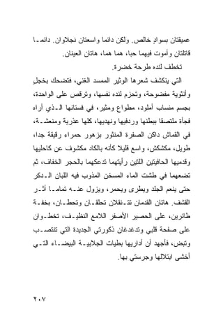 ‫ﻋﻤﻴﻘﺘﺎﻥ ﺒﺴﻭﺍﺩ ﺨﺎﻟﺹ. ﻭﻟﻜﻥ ﺩﺍﺌ ‪‬ﺎ ﻭﺍﺴﻌﺘﺎﻥ ﻨﺠﻼﻭﺍﻥ. ﺩﺍﺌﻤـﺎ‬
                        ‫ﻤ‬                ‫ٍ‬
          ‫ﻗﺎﺘﻠﺘﺎﻥ ﻭﺃﻤﻭﺕ ﻓﻴﻬﻤﺎ ﺤ ‪‬ﺎ، ﻫﻤﺎ ﻫﻤﺎ، ﻫﺎﺘﺎﻥ ﺍﻟﻌﻴﻨﺎﻥ.‬
                                    ‫ﺒ‬
                             ‫ﺘﺨﻁﻑ ﻟﻨﺩﻩ ﻁﺭﺤﺔ ﺨﻀﺭﺓ.‬
‫ﺍﻟﺘﻲ ﻴﻨﻜﺸﻑ ﺸﻌﺭﻫﺎ ﺍﻟﻭﺜﻴﺭ ﺍﻟﻤﻤ ‪‬ﺩ ﺍﻟﻐﻨ ‪ ،‬ﻓﺘﻀﺤﻙ ﺒﺨﺠل‬
‫ٍ‬           ‫ﻲ‬       ‫ﺴ‬
‫ﻭﺃﻨﺜﻭﻴﺔ ﻤﻔﻀﻭﺤﺔ، ﻭﺘﺤﺯﻡ ﻟﻨﺩﻩ ﻨﻔﺴﻬﺎ، ﻭﺘﺭﻗﺹ ﻋﻠﻰ ﺍﻟﻭﺍﺤﺩﺓ،‬
‫ﺒﺠﺴﻡ ﻤﻨﺴﺎﺏ ﺃﻤﻠﻭﺩ، ﻤﻁﻭﺍﻉ ﻭﻤﺜﻴﺭ، ﻓﻲ ﻓﺴﺘﺎﻨﻬﺎ ﺍﻟـﺫﻱ ﺃﺭﺍﻩ‬
‫ﻓﺠﺄﺓ ﻤﻠﺘﺼ ﹰﺎ ﺒﺒﻁﻨﻬﺎ ﻭﺭﺩﻓﻴﻬﺎ ﻭﻨﻬﺩﻴﻬﺎ، ﻜﻠﻬﺎ ﻋﺫ ‪‬ﻴﺔ ﻭﻤﻨﻌﺸـﺔ،‬
           ‫ﺭ‬                                  ‫ﻘ‬
‫ﻓﻲ ﺍﻟﻘﻤﺎﺵ ﺩﺍﻜﻥ ﺍﻟﺼﻔﺭﺓ ﺍﻟﻤﻨﺜﻭﺭ ﺒﺯﻫﻭﺭ ﺤﻤﺭﺍﺀ ﺭﻗﻴﻘﺔ ﺠ ‪‬ﺍ،‬
  ‫ﺩ‬
‫ﻁﻭﻴل، ﻤﻜﺸﻜﺵ، ﻭﺍﺴﻊ ﻗﻠﻴﻼ ﻜﺄﻨﻪ ﺒﺎﻟﻜﺎﺩ ﻤﻜﺸﻭﻑ ﻋﻥ ﻜﺎﺤﻠﻴﻬﺎ‬
‫ﻭﻗﺩﻤﻴﻬﺎ ﺍﻟﺤﺎﻓﻴﺘﻴﻥ ﺍﻟﻠﺘﻴﻥ ﺭﺃﻴﺘﻬﻤﺎ ﺘﺩﻋﻜﻬﻤﺎ ﺒﺎﻟﺤﺠﺭ ﺍﻟﺨ ﹼﺎﻑ، ﺜﻡ‬
      ‫ﻔ‬
‫ﺘﻀﻌﻬﻤﺎ ﻓﻲ ﻁﺸﺕ ﺍﻟﻤﺎﺀ ﺍﻟﻤﺴﺨﻥ ﺍﻟﻤﺫ ‪‬ﺏ ﻓﻴﻪ ﺍﻟﻠﺒﺎﻥ ﺍﻟـﺩ ﹶﺭ‬
 ‫‪‬ﻜ‬                 ‫ﻭ‬      ‫‪‬‬
‫ﺤﺘﻰ ﻴﻨﻌﻡ ﺍﻟﺠﻠﺩ ﻭﻴﻁﺭﻯ ﻭﻴﺤﻤ ‪ ،‬ﻭﻴﺯﻭل ﻋﻨـﻪ ﺘﻤﺎ ‪‬ـﺎ ﺃﺜـﺭ‬
       ‫ﻤ‬                 ‫ﺭ‬
‫ﺍﻟﻘ ﹶﻑ. ﻫﺎﺘﺎﻥ ﺍﻟﻘﺩﻤﺎﻥ ﺘﺘـﻨ ﹼﻼﻥ ﺘﺤﹼﻘـﺎﻥ ﻭﺘﺤ ﹼـﺎﻥ، ﺒﺨﻔـﺔ‬
          ‫ﻁ‬         ‫ﻠ‬     ‫ﻘ‬                      ‫ﹶﺸ‬
‫ﻁﺎﺌﺭﻴﻥ، ﻋﻠﻰ ﺍﻟﺤﺼﻴﺭ ﺍﻷﺼﻔﺭ ﺍﻟﻼﻤﻊ ﺍﻟﻨﻅﻴـﻑ، ﺘﺨﻁـﻭﺍﻥ‬
‫ﻋﻠﻰ ﺼﻔﺤﺔ ﻗﻠﺒﻲ ﻭﺘﺩﻏﺩﻏﺎﻥ ﺫﻜﻭﺭﺘﻲ ﺍﻟﺠﺩﻴﺩﺓ ﺍﻟﺘﻲ ﺘﻨﺘﺼـﺏ‬
‫ﻭﺘﺒ ‪ ،‬ﻓﺄﺠﻬﺩ ﺃﻥ ﺃﺩﺍﺭﻴﻬﺎ ﺒﻁ ‪‬ﺎﺕ ﺍﻟﺠﻼﺒﻴـﺔ ﺍﻟﺒﻴﻀـﺎﺀ ﺍﻟﺘـﻲ‬
                          ‫ﻴ‬                      ‫ﺽ‬
                               ‫ﺃﺨﺸﻰ ﺍﺒﺘﻼﻟﻬﺎ ﻭ ‪‬ﺭﺴﺘﻲ ﺒﻬﺎ.‬
                                        ‫ﺠ‬




‫٧٠٢‬
 