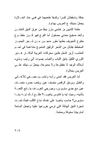 ‫ﺠﺎﻓﺔ ﻭﺘﺴﻘﻁﺎﻥ ﻜ ‪‬ﺭﺍ ﻭﻜ ‪‬ﻔﺎ ﻁﻌﻤﻬﻤﺎ ﻓﻲ ﻓﻤﻲ ﺤﺎﺩ ﺍﻟﺤـﻼﻭﺓ‬
        ‫‪‬‬                   ‫ِﺴ‬     ‫ِﺴ‬
                          ‫ﻴﺠﻌل ﺴﻨﻴﻨﻙ ﻉ ﺍﻟﻌﺭﻴﺱ ﺒﻬ ‪‬ﺍﻭﺓ.‬
                              ‫‪‬ﺩ‬                  ‫ْ‬
‫ﺤﻠﻤﺔ ﺍﻟﺜﺩﻴﻴﻥ ﺒﺯ ﺨﺸﺒﻲ ﺒﺎﺭﺯ ﻴﺒﻅ ﻤﻥ ﻋﺭﻕ ﺍﻟﻨﺒﻕ ﺍﻟﺨﺸـﻥ‬
       ‫ﹾ‬            ‫ﹼ‬        ‫‪‬‬    ‫‪‬‬
‫ﻭﺍﻟﺨﺩ ﺼﻔﻴﺢ ﻤﻌﺩﻨﻲ ﻤﺼﻘﻭل ﺃﻤﺎ ﺍﻟﻔﺭﺝ ﻓﻬﻭ ﻜـﻭﺯ ﻤﻘﻁـﻭﻉ‬
                                ‫‪‬‬          ‫‪‬‬
‫ﻤﻔﺘﻭﺡ ﺍﻟﺘﺠﻭﻴﻑ ﺒﻁﻨﻬﺎ ﻤﻘ ‪‬ﺭ ﻤﻨﺠـﻭﺭ ﻤـﻥ ﺸـﺠﺭ ﺍﻟﺠﻤﻴـﺯ‬
                         ‫ﻭ‬
‫ﺍﻟﻤﺨﻁﻁ ﺒﻔﺘﺎﺌل ﻤﻥ ﺍﻟﺸﻌﺭ ﺍﻟﺭﻗﻴﻕ ﺍﻟﻤﺘﻤﻭﺝ ﻤﺘﺩﺍﻏﻤﺔ ﻓﻲ ﻟﺤـﻡ‬
‫ﺍﻟﺨﺸﺏ، ﺃﺯﻴﺯ ﺍﻟﻨﺤل ﻁﻨﻴﻥ ﻤﺤﺭﻜﺎﺕ ﺍﻟﻌﺭﺒﻴﺔ ﺍﻟﺒﺎﻜـﺎﺭ ﻫـﺩﻴﺭ‬
‫ﺍﻟﻠﻭﺭﻱ ﺍﻟﺜﻘﻴل ﻴﺸﻕ ﺍﻟﻠﺒﺎﺏ ﻭﺍﻟﻌﺒﺎﺏ ﺒﺼﻭﺕ ﺁﻟﻲ ﺭﺘﻴﺏ ﻭﺒﺫﻱﺀ‬
           ‫‪‬‬
‫ﺃﺴﻼﻙ ﺍﻟﻭﺠ‪‬ﺩ ﻻ ﻤﻘﻁﻭﻋﺔ ﻭﻻ ﻤﻤﻨﻭﻋﺔ، ﻴﺠﻌل ﺴـﻨﻴﻨﻙ ﻋﻠـﻰ‬
            ‫ْ‬                           ‫‪‬‬
                                        ‫ﺍﻟﻌﺭﻴﺱ ﺒﺤﻼﻭﺓ.‬
‫ﺃﻤﺎ ﺍﻟﻌﺭﻴﺱ ﻓﻘﺩ ﺃﺤﻨﻰ ﺭﺃﺴﻪ ﻭﺍﺒﺘﺴـﻡ، ﻴﺼـﻐﻲ ﻟﻸﻏـﺎﻨﻲ‬
‫ﻭﺍﻟﻁﺒل ﻭﻴﺭﻤﻕ ﺍﻟﺭﻗﺹ ﺒﻨﺼﻑ ﻋﻴﻥ ﻭﻴﻠﻌﺏ ﺒﺼﺭﻩ ﺒﻨﺼـﻑ‬
‫ﻋﻴﻥ ﻤﻊ ﺠﺩﻱ ﺴﺎﻭﻴﺭﺱ، ﻭﺠﻭﺭﺠﻲ ﺍﻟﻌﺭﻴـﻑ ﻴﺘـﺎﺒﻊ ﺍﻟﻠﻌﺒـﺔ‬
‫ﺒﺄﺫﻨﻴﻪ، ﺭﻤﻴﺕ ﺇﻴﻪ ﻴﺎ ﻓﺎﻨﻭﺱ ﻴﺎﺨﻭﻴـﺎ؟ ﻁﻠـﻊ ﻟـﻙ ﺇﻴـﻪ ﻴﺎﺒـﺎ‬
‫ﺴﺎﻭﻴﺭﺱ؟ ﺤﺎﺴﺏ ﻴﺎﺨﻭﻴﺎ ﻋﻠﻰ ﻨﻔﺴﻙ ﻨﺒﺎﺡ ﺍﻟﻜﻠﺏ ﻓﺠﺄﺓ ﺘﺤـﺕ‬
‫ﺸﺠﺭﺓ ﺍﻟﻨﺒﻕ ﺍﻟﻬﺎﺌﻠﺔ ﺍﻟﺘﻲ ﺘﺭﻤﻲ ﺒﻔﺭﻭﻋﻬﺎ ﻋﻠﻴﻨﺎ ﻭﺘﺠﻌل ﺍﻟﺴﺎﺤﺔ‬
                                ‫ﺃﻤﺎﻡ ﺒﻴﺘﻨﺎ ﻤﺨﻭﻓﺔ ﻭﻤﻌﺘﻤﺔ.‬




‫٩٠٢‬
 