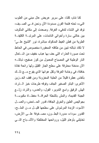 ‫ﻜﻨﺎ ﻨﻨﺎﻡ، ﻜﻠﻨﺎ، ﻋﻠﻰ ﺴﺭﻴﺭ ﻋﺭﻴﺽ ﻋﺎل ﻤﺒﻨﻲ ﻤﻥ ﺍﻟﻁﻭﺏ‬
         ‫‪‬‬
‫ﺍﻟﻨﻲﺀ، ﺘﺤﺘﻪ ﻓﺘﺤﺔ ﺍﻟﻔﺭﻥ ﻤﺴﺩﻭﺩﺓ ﺍﻵﻥ ﻭﻨﺤﻥ ﻓـﻲ ﺍﻟﺼـﻴﻑ،‬
‫ﺘﻭﻗﺩ ﻓﻲ ﺍﻟﺸﺘﺎﺀ ﻟﺘﺩﻓﻲﺀ ﺍﻟﻐﺭﻓﺔ. ﻭﺼﻌﺩﺕ ﺇﻟﻰ ﻤﻜﺎﻨﻲ ﺍﻟﻤﺄﻟﻭﻑ‬
‫ﺒﻴﻥ ﺨﺎﻟﺘﻲ ﺴﺎﺭﺓ ﻭﺃﺨﻭﺍﺘﻲ ﺍﻟﻨﺎﺌﻤﺎﺕ، ﻋﻠﻰ ﺍﻟﻤﺭﺘﺒـﺔ ﺍﻟﻜﺜﻴﻔـﺔ‬
‫ﺍﻟﻁﺭﻴﺔ ﻤﻥ ﻗﻁﻥ ﺍﻟﻐﻴﻁ ﺍﻟﻤﺩﻜﻭﻙ ﻤﺒﺎﺸﺭﺓ، ﻨﻭﺭ "ﺍﻟﺸﻴﺦ ﻋﻠـﻲ"‬
‫ﻻ ﺘﻜﺎﺩ ﺫﺒﺎﻟﺘﻪ ﺘﺒﻴﻥ ﻤﻥ ﻁﺎﻗﺘﻪ ﺍﻟﻤﺤﻔﻭﺭﺓ ﻤﺨﺼﻭﺹ ﻓﻲ ﺍﻟﺤﺎﺌﻁ‬
‫ﺘﺤﺕ ﺼﻭﺭﺓ ﺍﻟﻌﺫﺭﺍﺀ ﺍﻟﺘﻲ ﺤﻑ ﺒﻬﺎ ﻫﺒﺎﺏ ﺨﻔﻴﻑ ﻤﻥ ﺍﺸـﺘﻌﺎل‬
                         ‫ﹼ‬
‫ﺍﻟﻨﺎﺭ ﺍﻟﻭﻁﻴﺌﺔ ﻓﻲ ﺍﻟﻤﺼﺒﺎﺡ ﺍﻟﻤﻌﻤﻭل ﻤﻥ ﻜﻭﺯ ﺼﻔﻴﺢ، ﺫﺒﺎﻟﺘـﻪ‬
‫ﺍﻵﻥ ﻤﺩﺨﻨﺔ ﻤﺤﺘﺭﻗﺔ ﻋﻠﻰ ﺴﻁﺢ ﺍﻟﺠﺎﺯ ﺍﻟﻘﻠﻴل ﻭﻟﻬﺎ ﺭﺍﺌﺤﺔ ﻨﻔﺎﺫﺓ‬
‫ﺨﺎﻓﺘﺔ، ﻓﻲ ﻭﺨﺎﻤﺔ ﺍﻟﻐﺭﻓﺔ ﻭﺜﻘل ﻫﻭﺍﺌﻬﺎ ﺍﻟﺫﻱ ﻴﻔﻭﺡ ﻤـﻊ ﺫﻟـﻙ‬
‫ﺒﺄﻨﻔﺎﺱ ﻋﻁﺭﺓ ﻗﻠﻴﻼ ﻤﻥ ﺍﻟﺤﻠﺒﺔ ﺍﻟﻤﺨﺯﻭﻨﺔ ﻭﻤﻥ ﻗﻔﻑ ﺍﻟﺨـﺯﻴﻥ‬
‫ﺍﻷﺨﺭﻯ: ﺍﻟﺒ ﹼﺎﻭ ﺍﻟﺼﻐﻴﺭ ﺍﻟﺠﺎﻑ ﻭﻓﻭﻗﻪ ﻁ ‪‬ﺤﺎﺕ ﺨﺒﺯ ﺍﻟـﺫﺭﺓ،‬
               ‫ﹸﺭ‬                       ‫ﺘ‬
‫ﺍﻟﻬﺵ ﺍﻟﺭﻗﻴﻕ ﻭﺍﺴﻊ ﺍﻟﺘﺩﻭﻴﺭ، ﺍﻟﻔﻭل، ﻭﺍﻟﻌﺩﺱ، ﻭﺍﻟﺫﺭﺓ، ﺯﹶـﻊ‬
  ‫ِﻟ‬
‫ﺍﻟﺠﺒﻨﺔ ﺍﻟﻘﺩﻴﻤﺔ، ﻭﺍﻟﻤﺵ ﺒﺎﻟﺸﻁﺔ ﺍﻟﺤ ‪‬ﺍﻗـﺔ ﻤﻐﻁـﺎﺓ ﻤﻜﺒﻭﺴـﺔ‬
                   ‫ﺭ‬            ‫ﹼ‬
‫ﺒﺠﻭﺍﻟﻴﺹ ﺍﻟﻁﻴﻥ ﻭﺍﻟﺨ ‪‬ﻕ ﺍﻟﺠﺎ ﹼﺔ، ﻗﺩﻭﺭ ﺍﻟﺤـﺎﻤﺽ، ﻭﺍﻟﻌﺴـل‬
                        ‫ﻓ‬       ‫ِﺭ‬
‫ﺍﻷﺴﻭﺩ، ﺍﻟﺯﺒﺩﺓ ﺍﻟﻤﺭﺸﻭﺵ ﻋﻠﻰ ﺴﻁﺤﻬﺎ ﻗﻠﻴـل ﻤـﻥ ﺍﻟﻤﻠـﺢ،‬
‫ﺍﻟﻘﺩﻭﺭ ﺴﻭﺩﺍﺀ، ﻤﺩ ‪‬ﺭﺓ ﺍﻟﺒﻁـﻭﻥ، ﻤﺼـﻔﻭﻓﺔ ﻋﻠـﻰ ﺍﻷﺭﺽ،‬
                              ‫ﻭ‬
‫ﺘﺨﺎﻴﻠﻨﻲ ﺒﺄﻭﻫﺎﻡ ﺍﻟﻠﻴل، ﻭﺭﻭﺍﺌﺤﻬﺎ ﺍﻟﻤﺨﺘﻠﻁﺔ ﻭﺍﻷﺸـﺒﺎﺡ ﺍﻟﺘـﻲ‬


‫٤٢٢‬
 