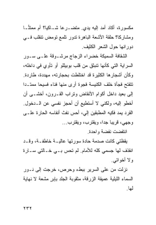 ‫ﻤﻜﺴﻭﺭﺓ، ﺃﻜﺎﺩ ﺃﻤﺩ ﺇﻟﻴﻪ ﻴﺩﻱ. ﻤﺘﻀـﺭ ‪‬ﺎ ﺸـﺎﻜ ‪‬ﺎ؟ ﺃﻡ ﻤﻤﺘ ‪‬ـﺎ‬
  ‫ﻨ‬          ‫ﻴ‬       ‫ﻋ‬                 ‫‪‬‬
‫ﻭﻤﺸﺎﺭ ﹰﺎ؟ ﺤﻠﻘﺔ ﺍﻷﺸﻌﺔ ﺍﻟﺒﺎﻫﺭﺓ ﺘﺩﻭﺭ ﺘﻠﻤﻊ ﺘﻭﻤﺽ ﺘﻨﻘﻠﺏ ﻓـﻲ‬
                                              ‫ﻜ‬
                               ‫ﺩﻭﺭﺍﻨﻬﺎ ﺤﻭل ﺍﻟﺸﻌﺭ ﺍﻟﻜﺜﻴﻑ.‬
‫ﺍﻟﺸﻘﺎﻓﺔ ﺍﻟﺴﻤﻴﻜﺔ ﺨﻀﺭﺍﺀ ﺍﻟﺯﺠﺎﺝ ﻤﺭﺸـﻭﻗﺔ ﻋﻠـﻰ ﺴـﻭﺭ‬
‫ﺍﻟﺴﺭﺍﻴﺔ ﺍﻟﺘﻲ ﻜﺄﻨﻬﺎ ﺘﻨﺒﺜﻕ ﻤﻥ ﻗﻠﺏ ﺒﻭﺒﻴﻠﻠﻭ ﺃﻭ ﺘﺄﻭﻱ ﻓﻲ ﺩﺍﺨﻠﻪ،‬
‫ﻭﻜﺄﻥ ﺃﺸﺠﺎﺭﻫﺎ ﺍﻟﻜﺜﻴﺭﺓ ﻗﺩ ﺍﺨﺘﻠﻁﺕ ﺒﺤﺠﺎﺭﺘﻪ، ﻤﻬ ‪‬ﺩﺓ، ﻁﺎﺭﺩﺓ.‬
          ‫ﺩ‬
‫ﺘﺘﻔﺘﺢ ﻓﺠﺄﺓ ﺨﻠﻑ ﺍﻟﻜﻨﻴﺴﺔ ﻓﺠﻭﺓ ﺃﺭﻯ ﻤﻨﻬﺎ ﻓﻨﺎﺀ ﻓﺴﻴ ‪‬ﺎ ﻤﻤﺘـ ‪‬ﺍ‬
 ‫ﺩ‬       ‫ﺤ‬                   ‫ﹸ‬
‫ﺇﻟﻰ ﺒﻌﻴﺩ ﺩﺍﺨل ﺃﻜﻭﺍﻡ ﺍﻷﻨﻘﺎﺽ ﻭﺘﺭﺍﺏ ﺍﻟﻘـﺭﻭﻥ، ﺃﺨﺸـﻰ ﺃﻥ‬
‫ﺃﺨﻁﻭ ﺇﻟﻴﻪ، ﻭﻟﻜﻨﻲ ﻻ ﺃﺴﺘﻁﻴﻊ ﺃﻥ ﺃﺤﺠﺯ ﻨﻔﺴﻲ ﻋﻥ ﺍﻟـﺩﺨﻭل.‬
‫ﺍﻟﻘﺭﺩ ﻴﻤﺩ ﻓ ﹼﻴﻪ ﺍﻟﻤﻁﺒﻘﻴﻥ ﺇﻟ ‪ ،‬ﺃﺤﺱ ﻨﻔﺙ ﺃﻨﻔﺎﺴﻪ ﺍﻟﺤﺎﺭﺓ ﻋﻠـﻰ‬
                            ‫ﻲ‬               ‫ﻜ‬
                    ‫ﻭﺠﻬﻲ، ﻗﺭﻴ ‪‬ﺎ ﺠ ‪‬ﺍ، ﻭﻴﻘﺘﺭﺏ، ﻭﻴﻘﺘﺭﺏ...‬
                                        ‫ﺒ ﺩ‬
                                  ‫ﺍﻨﺘﻔﻀﺕ ﻨﻔﻀﺔ ﻭﺍﺤﺩﺓ.‬
‫ﻴﻘﻅﺘﻲ ﻜﺎﻨﺕ ﺼﺩﻤﺔ ﺤﺎﺩﺓ ﺴﻭﺭﺘﻬﺎ ﻋﺎﻟﻴـﺔ ﺨﺎﻁﻔـﺔ، ﻭﻗـﺩ‬
‫ﺍﻨﻘﺫﻑ ﻟﻬﺎ ﺠﺴﻤﻲ ﻜﻠﻪ ﻟﻸﻤﺎﻡ. ﻟﻡ ﺘﺤﺱ ﺒـﻲ ﺨـﺎﻟﺘﻲ ﺴـﺎﺭﺓ‬
                                               ‫ﻭﻻ ﺃﺨﻭﺍﺘﻲ.‬
‫ﻨﺯﻟﺕ ﻤﻥ ﻋﻠﻰ ﺍﻟﺴﺭﻴﺭ ﺒﺒﻁﺀ ﻭﺤﺭﺹ، ﺨﺭﺠﺕ ﺇﻟﻰ ﻨـﻭﺭ‬
‫ﺍﻟﺴﻤﺎﺀ ﺍﻟﻠﻴﻠﻴﺔ ﻋﻤﻴﻘﺔ ﺍﻟﺯﺭﻗﺔ، ﻤﺜﻘﻭﺒﺔ ﺍﻟﺠﻠﺩ ﺒﺈﺒﺭ ﻤﺸﻌﺔ ﻻ ﻨﻬﺎﻴﺔ‬
             ‫ٍ‬
                                                       ‫ﻟﻬﺎ.‬


‫٢٣٢‬
 