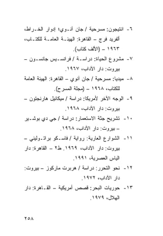 ‫٦- ﺍﻨﺘﻴﺠﻭﻥ: ﻤﺴﺭﺤﻴﺔ / ﺠﺎﻥ ﺁﻨـﻭﻱ؛ ﺇﺩﻭﺍﺭ ﺍﻟﺨـﺭﺍﻁ،‬
‫ﺃﻟﻔﺭﻴﺩ ﻓﺭﺝ – ﺍﻟﻘﺎﻫﺭﺓ: ﺍﻟﻬﻴﺌـﺔ ﺍﻟﻌﺎﻤـﺔ ﻟﻠﻜﺘـﺎﺏ،‬
                       ‫٣٦٩١ – )ﺍﻷﻟﻑ ﻜﺘﺎﺏ(.‬
‫٧- ﻤﺸﺭﻭﻉ ﺍﻟﺤﻴﺎﺓ: ﺩﺭﺍﺴـﺔ / ﻓﺭﺍﻨﺴـﻴﺱ ﺠﺎﻨﺴـﻭﻥ –‬
                   ‫ﺒﻴﺭﻭﺕ: ﺩﺍﺭ ﺍﻵﺩﺍﺏ، ٧٦٩١.‬
‫٨- ﻤﻴﺩﻴﺎ: ﻤﺴﺭﺤﻴﺔ / ﺠﺎﻥ ﺁﻨﻭﻱ – ﺍﻟﻘﺎﻫﺭﺓ: ﺍﻟﻬﻴﺌﺔ ﺍﻟﻌﺎﻤﺔ‬
              ‫ﻟﻠﻜﺘﺎﺏ، ٨٦٩١ – )ﻤﺠﻠﺔ ﺍﻟﻤﺴﺭﺡ(.‬
‫٩- ﺍﻟﻭﺠﻪ ﺍﻵﺨﺭ ﻷﻤﺭﻴﻜﺎ: ﺩﺭﺍﺴﺔ / ﻤﻴﻜﺎﺌﻴل ﻫﺎﺭﻨﺠﺘﻭﻥ –‬
                   ‫ﺒﻴﺭﻭﺕ: ﺩﺍﺭ ﺍﻵﺩﺍﺏ، ٨٦٩١.‬
‫٠١- ﺘﺸﺭﻴﺢ ﺠﺜﺔ ﺍﻻﺴﺘﻌﻤﺎﺭ: ﺩﺭﺍﺴﺔ / ﺠﻲ ﺩﻱ ﺒﻭﺸـﻴﺭ‬
                 ‫– ﺒﻴﺭﻭﺕ: ﺩﺍﺭ ﺍﻵﺩﺍﺏ، ٨٦٩١.‬
‫١١- ﺍﻟﺸﻭﺍﺭﻉ ﺍﻟﻌﺎﺭﻴﺔ: ﺭﻭﺍﻴﺔ / ﻓﺎﺴـﻜﻭ ﺒﺭﺍﺘـﻭﻟﻴﻨﻲ –‬
‫ﺒﻴﺭﻭﺕ: ﺩﺍﺭ ﺍﻵﺩﺍﺏ، ٩٦٩١. ﻁ٢ – ﺍﻟﻘﺎﻫﺭﺓ: ﺩﺍﺭ‬
                       ‫ﺍﻟﻴﺎﺱ ﺍﻟﻌﺼﺭﻴﺔ، ١٩٩١.‬
‫٢١- ﻨﺤﻭ ﺍﻟﺘﺤﺭﺭ: ﺩﺭﺍﺴﺔ / ﻫﺭﺒﺭﺕ ﻤﺎﺭﻜﻭﺯ – ﺒﻴﺭﻭﺕ:‬
                           ‫ﺩﺍﺭ ﺍﻵﺩﺍﺏ، ٢٧٩١.‬
‫٣١- ﺤﻭﺭﻴﺎﺕ ﺍﻟﺒﺤﺭ: ﻗﺼﺹ ﺃﻤﺭﻴﻜﻴﺔ – ﺍﻟﻘـﺎﻫﺭﺓ: ﺩﺍﺭ‬
                               ‫ﺍﻟﻬﻼل، ٩٧٩١.‬


‫٨٥٢‬
 
