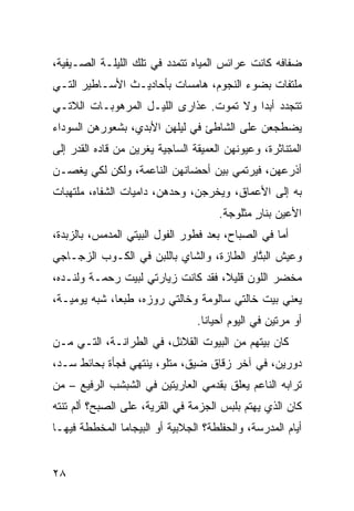 ‫ﻀﻔﺎﻓﻪ ﻜﺎﻨﺕ ﻋﺭﺍﺌﺱ ﺍﻟﻤﻴﺎﻩ ﺘﺘﻤﺩﺩ ﻓﻲ ﺘﻠﻙ ﺍﻟﻠﻴﻠـﺔ ﺍﻟﺼـﻴﻔﻴﺔ،‬
‫ﻤﻠﺘ ﹼﺎﺕ ﺒﻀﻭﺀ ﺍﻟﻨﺠﻭﻡ، ﻫﺎﻤﺴﺎﺕ ﺒﺄﺤﺎﺩﻴـﺙ ﺍﻷﺴـﺎﻁﻴﺭ ﺍﻟﺘـﻲ‬
                                              ‫ﻔ‬
‫ﺘﺘﺠﺩﺩ ﺃﺒ ‪‬ﺍ ﻭﻻ ﺘﻤﻭﺕ. ﻋﺫﺍﺭﻯ ﺍﻟﻠﻴـل ﺍﻟﻤﺭﻫﻭﺒـﺎﺕ ﺍﻟﻼﺘـﻲ‬
                                         ‫ﺩ‬
‫ﻴﻀﻁﺠﻌﻥ ﻋﻠﻰ ﺍﻟﺸﺎﻁﺊ ﻓﻲ ﻟﻴﻠﻬﻥ ﺍﻷﺒﺩﻱ، ﺒﺸﻌﻭﺭﻫﻥ ﺍﻟﺴﻭﺩﺍﺀ‬
‫ﺍﻟﻤﺘﻨﺎﺜﺭﺓ، ﻭﻋﻴﻭﻨﻬﻥ ﺍﻟﻌﻤﻴﻘﺔ ﺍﻟﺴﺎﺠﻴﺔ ﻴﻐﺭﻴﻥ ﻤﻥ ﻗﺎﺩﻩ ﺍﻟﻘﺩﺭ ﺇﻟﻰ‬
               ‫‪‬‬
‫ﺃﺫﺭﻋﻬﻥ، ﻓﻴﺭﺘﻤﻲ ﺒﻴﻥ ﺃﺤﻀﺎﻨﻬﻥ ﺍﻟﻨﺎﻋﻤﺔ، ﻭﻟﻜﻥ ﻟﻜﻲ ﻴ ﹸﺼـﻥ‬
   ‫‪‬ﻐ‬
‫ﺒﻪ ﺇﻟﻰ ﺍﻷﻋﻤﺎﻕ، ﻭﻴﺨﺭﺠﻥ، ﻭﺤﺩﻫﻥ، ﺩﺍﻤﻴﺎﺕ ﺍﻟﺸﻔﺎﻩ، ﻤﻠﺘﻬﺒﺎﺕ‬
                                      ‫ﺍﻷﻋﻴﻥ ﺒﻨﺎﺭ ﻤﺜﻠﻭﺠﺔ.‬
                                              ‫ٍ‬
‫ﺃﻤﺎ ﻓﻲ ﺍﻟﺼﺒﺎﺡ، ﺒﻌﺩ ﻓﻁﻭﺭ ﺍﻟﻔﻭل ﺍﻟﺒﻴﺘﻲ ﺍﻟﻤﺩﻤ ‪ ،‬ﺒﺎﻟﺯﺒﺩﺓ،‬
          ‫ﺱ‬
‫ﻭﻋﻴﺵ ﺍﻟﺒ ﱠﺎﻭ ﺍﻟﻁﺎﺯﺓ، ﻭﺍﻟﺸﺎﻱ ﺒﺎﻟﻠﺒﻥ ﻓﻲ ﺍﻟﻜـﻭﺏ ﺍﻟﺯﺠـﺎﺠﻲ‬
                                         ‫‪‬ﺘ ‪‬‬
‫ﻤﺨﻀﺭ ﺍﻟﻠﻭﻥ ﻗﻠﻴﻼ، ﻓﻘﺩ ﻜﺎﻨﺕ ﺯﻴﺎﺭﺘﻲ ﻟﺒﻴﺕ ﺭﺤﻤـﺔ ﻭﻟﻨـﺩﻩ،‬
                                               ‫‪‬‬
‫ﻴﻌﻨﻲ ﺒﻴﺕ ﺨﺎﻟﺘﻲ ﺴﺎﻟﻭﻤﺔ ﻭﺨﺎﻟﺘﻲ ﺭﻭﺯﻩ، ﻁﺒ ‪‬ﺎ، ﺸﺒﻪ ﻴﻭﻤﻴـﺔ،‬
              ‫ﻌ‬
                                 ‫ﺃﻭ ﻤﺭﺘﻴﻥ ﻓﻲ ﺍﻟﻴﻭﻡ ﺃﺤﻴﺎ ﹰﺎ.‬
                                   ‫ﻨ‬
‫ﻜﺎﻥ ﺒﻴﺘﻬﻡ ﻤﻥ ﺍﻟﺒﻴﻭﺕ ﺍﻟﻘﻼﺌل، ﻓﻲ ﺍﻟﻁ ‪‬ﺍﻨـﺔ، ﺍﻟﺘـﻲ ﻤـﻥ‬
               ‫ﺭ‬
‫ﺩﻭﺭﻴﻥ، ﻓﻲ ﺁﺨﺭ ﺯﻗﺎﻕ ﻀ ‪‬ﻕ، ﻤﺘﻠ ‪ ،‬ﻴﻨﺘﻬﻲ ﻓﺠﺄﺓ ﺒﺤﺎﺌﻁ ‪‬ـ ‪،‬‬
 ‫ﺴ ﺩ‬                    ‫ﻭ‬       ‫ﻴ‬
‫ﺘﺭﺍﺒﻪ ﺍﻟﻨﺎﻋﻡ ﻴﻌﻠﻕ ﺒﻘﺩﻤﻲ ﺍﻟﻌﺎﺭﻴﺘﻴﻥ ﻓﻲ ﺍﻟﺸﺒﺸﺏ ﺍﻟﺭﻓﻴﻊ – ﻤﻥ‬
‫‪‬‬                                                 ‫‪‬‬
‫ﻜﺎﻥ ﺍﻟﺫﻱ ﻴﻬﺘﻡ ﺒﻠﺒﺱ ﺍﻟﺠﺯﻤﺔ ﻓﻲ ﺍﻟﻘﺭﻴﺔ، ﻋﻠﻰ ﺍﻟﺼﺒﺢ؟ ﺃﻟﻡ ﺘﻨﺘﻪ‬
                                           ‫‪‬‬
‫ﺃﻴﺎﻡ ﺍﻟﻤﺩﺭﺴﺔ، ﻭﺍﻟﺤﻔﻠﻁﺔ؟ ﺍﻟﺠﻼﺒﻴﺔ ﺃﻭ ﺍﻟﺒﻴﺠﺎﻤﺎ ﺍﻟﻤﺨ ﹼﻁﺔ ﻓﻴﻬـﺎ‬
        ‫ﻁ‬


‫٨٢‬
 