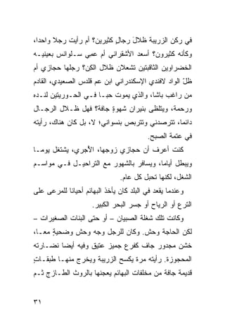 ‫ﻓﻲ ﺭﻜﻥ ﺍﻟﺯﺭﻴﺒﺔ ﻅﻼل ﺭﺠﺎل ﻜﺜﻴﺭﻴﻥ؟ ﺃﻡ ﺭﺃﻴﺕ ﺭﺠﻼ ﻭﺍﺤ ‪‬ﺍ،‬
  ‫ﺩ‬                         ‫ٍ‬    ‫َ‬
‫ﻭﻜﺄﻨﻪ ﻜﺜﻴﺭﻭﻥ؟ ﺃﺴﻌﺩ ﺍﻷﺸﻘﺭﺍﻨﻲ ﺃﻡ ﻋ ِﻲ ﺴـﻠﻭﺍﻨﺱ ﺒﻌﻴﻨﻴـﻪ‬
                 ‫‪ ‬ﻤ‬
‫ﺍﻟﺨﻀﺭﺍﻭﻴﻥ ﺍﻟﺜﺎﻗﺒﺘﻴﻥ ﹸﺸﻌﻼﻥ ﻅﻼل ﺍﻟﻜ ‪‬؟ ﺭ ‪‬ﻠﻬﺎ ﺤﺠﺎﺯﻱ ﺃﻡ‬
            ‫ِﻥ ‪‬ﺠ‬              ‫ﺘ‬
‫ﻅل ﺍﻟﻭﺍﺩ ﻻﻓﻨﹾﺩﻱ ﺍﻹﺴﻜﻨﺩﺭﺍﻨﻲ ﺍﺒﻥ ﻋﻡ ﻗﻠﹾﺩﺱ ﺍﻟﺼﻌﻴﺩﻱ، ﺍﻟﻘﺎﺩﻡ‬
                                               ‫‪‬‬     ‫ّ‬
‫ﻤﻥ ﺭﺍﻏﺏ ﺒﺎﺸﺎ، ﻭﺍﻟﺫﻱ ﻴﻤﻭﺕ ﺤ ‪‬ـﺎ ﻓـﻲ ﺍﻟﺤـﻭﺭ ‪‬ﺘﻴﻥ ﻟﻨـﺩﻩ‬
         ‫ﻴ‬              ‫ﺒ‬
‫ﻭﺭﺤﻤﺔ، ﻭﻴﺘﻠﻅﻰ ﺒﻨﻴﺭﺍﻥ ﺸﻬﻭﺓ ﺠﺎﻓﺔ؟ ﻓﻬل ﻅـﻼل ﺍﻟﺭﺠـﺎل‬
                       ‫ٍ‬
‫ﺩﺍﺌ ‪‬ﺎ، ﺘﺘﺭﺼﺩﻨﻲ ﻭﺘﺘﺭﺒﺹ ﺒﻨﺴﻭﺍﻨﻲ؛ ﻻ، ﺒل ﻜﺎﻥ ﻫﻨﺎﻙ، ﺭﺃﻴﺘﻪ‬
                                                ‫ﻤ‬
                                          ‫ﻓﻲ ﻋﺘﻤﺔ ﺍﻟﺼﺒﺢ.‬
‫ﻜﻨﺕ ﺃﻋﺭﻑ ﺃﻥ ﺤﺠﺎﺯﻱ ﺯﻭﺠﻬﺎ، ﺍﻷ ‪‬ﺭﻱ، ﻴﺸﺘﻐل ﻴﻭ ‪‬ـﺎ‬
  ‫ﻤ‬             ‫ُﺠ‬
‫ﻭﻴﺒﻁل ﺃﻴﺎ ‪‬ﺎ، ﻭﻴﺴﺎﻓﺭ ﺒﺎﻟﺸﻬﻭﺭ ﻤﻊ ﺍﻟﺘﺭﺍﺤﻴـل ﻓـﻲ ﻤﻭﺍﺴـﻡ‬
                                         ‫ﻤ‬
                                ‫ﺍﻟﺸﻐل، ﻟﻜﻨﻬﺎ ﺘﺤﺒل ﻜل ﻋﺎﻡ.‬
‫ﻭﻋﻨﺩﻤﺎ ﻴﻘﻌﺩ ﻓﻲ ﺍﻟﺒﻠﺩ ﻜﺎﻥ ﻴﺄﺨﺫ ﺍﻟﺒﻬﺎﺌﻡ ﺃﺤﻴﺎ ﹰﺎ ﻟﻠﻤﺭﻋﻰ ﻋﻠﻰ‬
            ‫ﻨ‬
                     ‫ﺍﻟﺘﺭﻉ ﺃﻭ ﺍﻟﺭ ‪‬ﺎﺡ ﺃﻭ ﺠﺴﺭ ﺍﻟﺒﺤﺭ ﺍﻟﻜﺒﻴﺭ.‬
                                            ‫‪‬ﻴ‬
‫ﻭﻜﺎﻨﺕ ﺘﻠﻙ ﺸﻐﹾﻠﺔ ﺍﻟﺼﺒﻴﺎﻥ – ﺃﻭ ﺤﺘﻰ ﺍﻟﺒﻨﺎﺕ ﺍﻟﺼﻐﻴﺭﺍﺕ –‬
                                       ‫ﹸ‬
‫ﻟﻜﻥ ﺍﻟ ‪‬ﺎ ‪‬ﺔ ﻭﺤ‪‬ﺵ. ﻭﻜﺎﻥ ﻟﻠﺭﺠل ﻭﺠﻪ ﻭﺤ‪‬ﺵ ﻭﻀﺤﻴﺔ ﻤ ‪‬ـﺎ،‬
   ‫ٍ ﻌ‬          ‫‪ ‬‬                  ‫ﺤﺠ ‪‬‬
‫ﺨﺸﻥ ﻤﺠﺩﻭﺭ ﺠﺎﻑ ﻜﻔﺭﻉ ﺠﻤﻴﺯ ﻋﺘﻴﻕ ﻭﻓﻴﻪ ﺃﻴﻀﺎ ﻨﻀـﺎﺭﺘﻪ‬
‫ﺍﻟﻤﺤﺠﻭﺯﺓ. ﺭﺃﻴﺘﻪ ﻤﺭﺓ ﻴﻜﺴﺢ ﺍﻟﺯﺭﻴﺒﺔ ﻭ ‪‬ﺨﺭﺝ ﻤﻨﻬـﺎ ﻁﺒﻘـﺎﺕ‬
‫ٍ‬               ‫ﻴ‬
‫ﻗﺩﻴﻤﺔ ﺠﺎﻓﺔ ﻤﻥ ﻤﺨﹼﻔﺎﺕ ﺍﻟﺒﻬﺎﺌﻡ ﻴﻌﺠﻨﻬﺎ ﺒﺎﻟﺭﻭﺙ ﺍﻟﻁـﺎﺯﺝ ﺜـﻡ‬
                                     ‫ﻠ‬


‫١٣‬
 