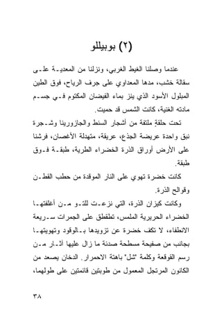 ‫)٢( ﺒﻭﺒﻴﻠﻠﻭ‬
‫ﻋﻨﺩﻤﺎ ﻭﺼﻠﻨﺎ ﺍﻟﻐﻴﻁ ﺍﻟﻐﺭﺒ ‪ ،‬ﻭﻨﺯﻟﻨﺎ ﻤﻥ ﺍﻟﻤﻌ ‪‬ﻴـﺔ ﻋﻠـﻰ‬
        ‫ﺩ‬                 ‫ﻲ‬
‫ﺴﻘﺎﻟﺔ ﺨﺸﺏ، ﻤ ‪‬ﻫﺎ ﺍﻟﻤﻌﺩﺍﻭﻱ ﻋﻠﻰ ﺠﺭﻑ ﺍﻟﺭ ‪‬ﺎﺡ، ﻓﻭﻕ ﺍﻟﻁﻴﻥ‬
             ‫‪‬ﻴ‬                       ‫‪‬ﺩ‬
‫ﺍﻟﻤﺒﻠﻭل ﺍﻷﺴﻭﺩ ﺍﻟﺫﻱ ﻴﻨﺯ ﺒﻤﺎﺀ ﺍﻟﻔﻴﻀﺎﻥ ﺍﻟﻤﻜﺘﻭﻡ ﻓـﻲ ﺠﺴـﻡ‬
                              ‫‪‬‬
                     ‫ﻤﺎﺩﺘﻪ ﺍﻟﻐﻨﻴﺔ، ﻜﺎﻨﺕ ﺍﻟﺸﻤﺱ ﻗﺩ ﺤﻤﻴﺕ.‬
‫ﺘﺤﺕ ﺤﻠﻘﺔ ﻤﻠﺘﻔﺔ ﻤﻥ ﺃﺸﺠﺎﺭ ﺍﻟﺴﻨﻁ ﻭﺍﻟﺠﺎﺯﻭﺭﻴﻨﺎ ﻭﺸـﺠﺭﺓ‬
                                        ‫ٍ‬
‫ﻨﺒﻕ ﻭﺍﺤﺩﺓ ﻋﺭﻴﻀﺔ ﺍﻟﺠﺫﻉ، ﻋﺭﻴﻘﺔ، ﻤﺘﻬ ‪‬ﻟﺔ ﺍﻷﻏﺼﺎﻥ، ﻓﺭﺸﻨﺎ‬
                ‫ﺩ‬
‫ﻋﻠﻰ ﺍﻷﺭﺽ ﺃﻭﺭﺍﻕ ﺍﻟﺫ ‪‬ﺓ ﺍﻟﺨﻀﺭﺍﺀ ﺍﻟﻁﺭﻴﺔ، ﻁﺒﻘـﺔ ﻓـﻭﻕ‬
                            ‫ﹸﺭ‬
                                                 ‫ﻁﺒﻘﺔ.‬
‫ﻜﺎﻨﺕ ﺨﻀ‪‬ﺭﺓ ﺘﻬ ‪‬ﻱ ﻋﻠﻰ ﺍﻟﻨﺎﺭ ﺍﻟﻤﻭﻗﺩﺓ ﻤﻥ ﺤﻁﺏ ﺍﻟﻘﻁـﻥ‬
                                 ‫ﻭ‬        ‫ﹶ‬
                                          ‫ﻭﻗﻭﺍﻟﺢ ﺍﻟﺫﺭﺓ.‬
‫ﻭﻜﺎﻨﺕ ﻜﻴﺯﺍﻥ ﺍﻟﺫﺭﺓ، ﺍﻟﺘﻲ ﹸﺯﻋـﺕ ﻟﻠﺘـﻭ ﻤـﻥ ﺃﻏﻠﻔﺘﻬـﺎ‬
             ‫‪‬‬         ‫ﻨ‬
‫ﺍﻟﺨﻀﺭﺍﺀ ﺍﻟﺤﺭﻴﺭﻴﺔ ﺍﻟﻤﻠﻤﺱ، ﺘﻁﻘﻁﻕ ﻋﻠﻰ ﺍﻟﺠﻤﺭﺍﺕ ﺴـﺭﻴﻌﺔ‬
‫ﺍﻻﻨﻁﻔﺎﺀ، ﻻ ﺘﻜﻑ ﹶﻀﺭﺓ ﻋﻥ ﺘﺯﻭﻴﺩﻫﺎ ﺒـﺎﻟﻭﻗﻭﺩ ﻭﺘﻬﻭﻴﺘﻬـﺎ‬
                                 ‫ﹼ ﺨ‬
‫ﺒﺠﺎﻨﺏ ﻤﻥ ﺼﻔﻴﺤﺔ ﻤﺴﻁﺤﺔ ﺼﺩﺌﺔ ﻤﺎ ﺯﺍل ﻋﻠﻴﻬﺎ ﺁﺜـﺎﺭ ﻤـﻥ‬
‫ﺭﺴﻡ ﺍﻟﻘﻭﻗﻌﺔ ﻭﻜﻠﻤﺔ "ﺸل" ﺒﺎﻫﺘﺔ ﺍﻻﺤﻤﺭﺍﺭ. ﺍﻟﺩﺨﺎﻥ ﻴﺼﻌﺩ ﻤﻥ‬
‫ﺍﻟﻜﺎﻨﻭﻥ ﺍﻟﻤﺭﺘ ‪‬ل ﺍﻟﻤﻌﻤﻭل ﻤﻥ ﻁﻭﺒﺘﻴﻥ ﻗﺎﺌﻤﺘﻴﻥ ﻋﻠﻰ ﻁﻭﻟﻬﻤﺎ،‬
                                       ‫ﺠ‬


‫٨٣‬
 