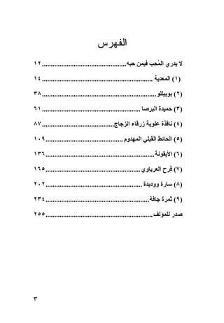 ‫ﺍﻟﻔﻬﺭﺱ‬
‫ﻻ ﻳﺪري اﻟ ُﺤ َ ﻓﻴﻤﻦ ﺣﺒﻪ................................................ ٢١‬
                                                            ‫ﻤ ﺐ‬

‫)١( اﻟﻤﻌﺪﻳﺔ ............................................................... ٤١‬

‫)٢( ﺏﻮﺏﻴﻠﻠﻮ ................................................................. ٨٣‬

‫)٣( ﺣﻤﻴﺪة اﻟﺒﺮﺻﺎ ........................................................ ١٦‬

‫)٤( ﻧﺎﻓﺬة ﻋﻠﻮﻳﺔ زرﻗﺎء اﻟﺰﺟﺎج......................................... ٧٨‬

‫)٥( اﻟﺤﺎﺋﻂ اﻟﻘﺒﻠﻲ اﻟﻤﻬﺪوم ............................................ ٩٠١‬

‫)٦( اﻷﻳﻘﻮﻧﺔ .............................................................. ٦٣١‬

‫)٧( ﻓﺮح اﻟﻌﺮﺏﺎوي ...................................................... ٥٦١‬

‫)٨( ﺳﺎرة وودﻳﺪة ....................................................... ٢٠٢‬

‫)٩( ﺛﻤﺮة ﺟﺎﻓﺔ ........................................................... ٤٣٢‬

‫ﺻﺪر ﻟﻠﻤﺆﻟﻒ ............................................................. ٥٥٢‬




‫٣‬
 