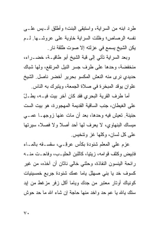 ‫ﻁﺭﺩ ﺍﺒﻨﻪ ﻤﻥ ﺍﻟﺴﺭﺍﻴﺔ، ﻭﺍﺴﺘﺒﻘﻰ ﺍﻟﺒﻨﺕ؛ ﻭﺃﻁﻠﻕ ﺃﻨـﻴﺱ ﻋﻠـﻰ‬
‫ﻨﻔﺴﻪ ﺍﻟﺭﺼﺎﺹ؛ ﻭﻅﻠﺕ ﺍﻟﺴﺭﺍﻴﺔ ﺨﺎﻭﻴﺔ ﻋﻠﻰ ﻋﺭﻭﺸـﻬﺎ. ﻟـﻡ‬
            ‫ﻴﻜﻥ ﺍﻟﺸﻴﺦ ﻴﺴﻤﻊ ﻓﻲ ﻋﺯﻟﺘﻪ ﺇﻻ ﺼﻭﺕ ﻁﻠﻘﺔ ﻨﺎﺭ.‬
‫ﻭﺒﻌﺩ ﺍﻟﺴﺭﺍﻴﺔ ﺘﺄﺘﻲ ﺇﻟﻰ ﻗ ‪‬ﺔ ﺍﻟﺸﻴﺦ ﺃﺒﻭ ﻁﺎﻗ ‪‬ـﺔ، ﺨﻀـﺭﺍﺀ،‬
           ‫ﻴ‬                ‫ﺒ‬
‫ﻤﻨﺨﻔﻀﺔ، ﻭﺤﺩﻫﺎ ﻋﻠﻰ ﻁﺭﻑ ﺠﺴﺭ ﺍﻟﻨﻴل ﺍﻟﻤﺭﺘﻔﻊ، ﻭﻟﻬﺎ ﺸ ‪‬ﺎﻙ‬
  ‫ﺒ‬
‫ﺤﺩﻴﺩﻱ ﻨﺭﻯ ﻤﻨﻪ ﺍﻟﻨﻌﺵ ﺍﻟﻤﻜﺴﻭ ﺒﺤﺭﻴﺭ ﺃﺨﻀﺭ ﻨﺎﺼل. ﺍﻟﺸﻴﺦ‬
                       ‫‪‬‬                    ‫‪‬‬
     ‫ﻋﻠﻭﺍﻥ ﻴﻭﻗﺩ ﺍﻟﻤﺒﺨﺭﺓ ﻓﻲ ﺼﻼﺓ ﺍﻟﺠﻤﻌﺔ، ﻭﻴﺘﺒ ‪‬ﻙ ﺒﻪ ﺍﻟﻨﺎﺱ.‬
                ‫ﺭ‬
‫ﺃﻤﺎ ﻁﺭﻑ ﺍﻟﻘﺭﻴﺔ ﺍﻟﺒ ‪‬ﺭﻱ ﻓﻘﺩ ﻜﺎﻥ ﺁﺨﺭ ﺒﻴﺕ ﻓﻴـﻪ، ﻴﻁـل‬
‫ّ‬                            ‫‪‬ﺤ‬
‫ﻋﻠﻰ ﺍﻟﻐﻴﻁﺎﻥ، ﺠﻨﺏ ﺍﻟﺴﺎﻗﻴﺔ ﺍﻟﻘﺩﻴﻤﺔ ﺍﻟﻤﻬﺠﻭﺭﺓ، ﻫﻭ ﺒﻴﺕ ﺍﻟﺴﺕ‬
‫ِﻨﻴﻨﺔ. ﺘﻌﻴﺵ ﻓﻴﻪ ﻭﺤﺩﻫﺎ، ﺒﻌﺩ ﺃﻥ ﻤﺎﺕ ﻋﻨﻬﺎ ﺯﻭﺠﻬـﺎ ﻋﻤـﻲ‬
                                                 ‫ﺤ‬
‫ﻤﻴﺴﺎﻙ ﺍﻟﺒﻨﻬﺎﻭﻱ، ﻻ ﻴﻌﺭﻑ ﻟﻬﺎ ﺃﺤﺩ ﺃﺼﻼ ﻭﻻ ﻓﺼﻼ، ﺴﻴﺭﺘﻬﺎ‬
                   ‫‪‬‬
                        ‫ﻋﻠﻰ ﻜل ﻟﺴﺎﻥ، ﻭﻜﻠﻬﺎ ﻏﺯ ﻭﺘﻨﺨﻴﺱ.‬
                                ‫‪‬‬
‫ﻋﺯﻡ ﻋﻠﻲ ﺍﻟﻤﻌﻠﻡ ﺸﻨﻭﺩﺓ ﺒﻜﺄﺱ ﻋﺭ ِـﻲ، ﺴﻘﺴـﻘﻪ ﺒﺎﻟﻤـﺎﺀ‬
                  ‫‪ ‬ﻗ‬                   ‫‪‬‬
‫ﻓﺎﺒﻴﺽ ﻭﻜ ﹸﻑ ﻗﻭﺍﻤﻪ، ﺯﻴﺘﻴﺎ، ﻜﺎﻟﻠﺒﻥ ﺍﻟﺤﻠﻴـﺏ، ﻭﻓﺎﺤـﺕ ﻤﻨـﻪ‬
                                           ‫‪ ‬ﺜ‬
‫ﺭﺍﺌﺤﺔ ﺍﻟﻴﻨﺴﻭﻥ ﺍﻟﻨﻔﺎﺫﺓ، ﻭﺤﺜﻨﻲ ﺨﺎﻟﻲ ﻨﺎﺜﺎﻥ ﺃﻥ ﺁﺨﺫﻩ، ﻤﻥ ﻏﻴﺭ‬
‫ﻜﺴﻭﻑ ﹸﺩ ﻴﺎ ﺒﻨﻲ ﺼﻬِل ﻴﺎﻤﺎ ﻋ ‪‬ﻙ ﺸﻨﻭﺩﺓ ﺠﺭ ‪‬ﻊ ﺨﻤﺴﻴﻨﻴﺎﺕ‬
          ‫‪ ‬ﺒ‬        ‫ﻤ‬         ‫‪ ‬ﻠ‬        ‫ﺨ‬
‫ﻜﻭﻨﻴﺎﻙ ﺃﻭ ﹶﺎﺭ ﻤﻌﺘ ‪‬ﺭ ﻤﻥ ﺠ ‪‬ﻙ ﻭﻴﺎﻤﺎ ﺃﻜل ﺯ ﹶﺭ ﻤﺯ ﹼﻁ ﻤﻥ ﺇﻴﺩ‬
        ‫ﻏ‬     ‫‪‬ﻓ‬             ‫ﺩ‬       ‫ﺒ‬       ‫ﺘ‬
‫ﺴﺘﻙ ﻴﺎﷲ ﻴﺎ ﻋﻡ ﺤﺩ ﻭﺍﺨﺩ ﻤﻨﻬﺎ ﺤﺎﺠﺔ ﺇﻥ ﺸﺎﺀ ﺍﷲ ﻤﺎ ﺤﺩ ﺤ ‪‬ﺵ‬
 ‫ﻭ‬


‫٠٧‬
 