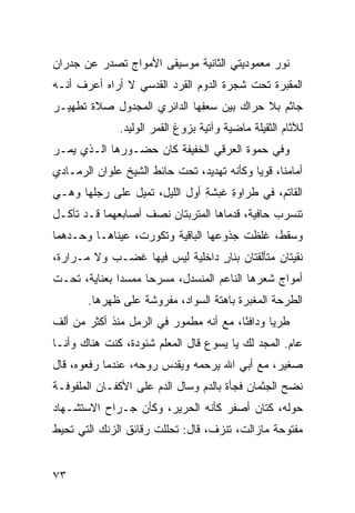 ‫ﻨﻭﺭ ﻤﻌﻤﻭ ‪‬ﻴﺘﻲ ﺍﻟﺜﺎﻨﻴﺔ ﻤﻭﺴﻴﻘﻰ ﺍﻷﻤﻭﺍﺝ ﺘﺼﺩﺭ ﻋﻥ ﺠﺩﺭﺍﻥ‬
                                       ‫ﺩ‬
‫ﺍﻟﻤﻘﺒﺭﺓ ﺘﺤﺕ ﺸﺠﺭﺓ ﺍﻟ ‪‬ﻭﻡ ﺍﻟﻘﺭﺩ ﺍﻟﻘﺩﺴﻲ ﻻ ﺃﺭﺍﻩ ﺃﻋﺭﻑ ﺃﻨـﻪ‬
                        ‫‪‬‬       ‫ﺩ‬
‫ﺠﺎﺜﻡ ﺒﻼ ﺤﺭﺍﻙ ﺒﻴﻥ ﺴﻌ ِﻬﺎ ﺍﻟﺩﺍﺌﺭﻱ ﺍﻟﻤﺠﺩﻭل ﺼﻼﺓ ﺘﻁﻬﻴـﺭ‬
                             ‫‪ ‬ﻔ‬
              ‫ﻟﻶﺜﺎﻡ ﺍﻟﺜﻘﻴﻠﺔ ﻤﺎﻀﻴﺔ ﻭﺁﺘﻴﺔ ﺒﺯﻭﻍ ﺍﻟﻘﻤﺭ ﺍﻟﻭﻟﻴﺩ.‬
                            ‫ﹸ‬          ‫ﹰ‬
‫ﻭﻓﻲ ﺤﻤﻭﺓ ﺍﻟﻌ ‪‬ﻗﻲ ﺍﻟﺨﻔﻴﻔﺔ ﻜﺎﻥ ﺤﻀـﻭﺭﻫﺎ ﺍﻟـﺫﻱ ﻴﻤـﺭ‬
                                 ‫‪‬ﺭ‬
‫ﺃﻤﺎﻤﻨﺎ، ﻗﻭﻴﺎ ﻭﻜﺄﻨﻪ ﺘﻬﺩﻴﺩ، ﺘﺤﺕ ﺤﺎﺌﻁ ﺍﻟﺸﻴﺦ ﻋﻠﻭﺍﻥ ﺍﻟﺭﻤـﺎﺩﻱ‬
‫‪‬‬
‫ﺍﻟﻘﺎﺘﻡ، ﻓﻲ ﻁﺭﺍﻭﺓ ﻏﺒﺸﺔ ﺃﻭل ﺍﻟﻠﻴل، ﺘﻤﻴل ﻋﻠﻰ ﺭﺠ‪‬ﻠﻬﺎ ﻭﻫـﻲ‬
                                ‫ِ‬    ‫ِ‬
‫ﺘﻨﺴﺭﺏ ﺤﺎﻓﻴﺔ، ﻗﺩﻤﺎﻫﺎ ﺍﻟﻤﺘﺭﺒﺘﺎﻥ ﻨﺼﻑ ﺃﺼﺎﺒﻌﻬﻤﺎ ﻗـﺩ ﺘﺂﻜـل‬
‫ﻭﺴﻘﻁ، ﻏﻠﻅﺕ ﺠﺫﻭﻋﻬﺎ ﺍﻟﺒﺎﻗﻴﺔ ﻭﺘﻜ ‪‬ﺭﺕ، ﻋﻴﻨﺎﻫـﺎ ﻭﺤـﺩﻫﻤﺎ‬
                   ‫ﻭ‬
‫ﻨﻘ ‪‬ﺘﺎﻥ ﻤﺘﺄﻟﻘﺘﺎﻥ ﺒﻨﺎﺭ ﺩﺍﺨﻠﻴﺔ ﻟﻴﺱ ﻓﻴﻬﺎ ﻏﻀـﺏ ﻭﻻ ﻤـﺭﺍﺭﺓ،‬
                                ‫ٍ‬                ‫ﻴ‬
‫ﺃﻤﻭﺍﺝ ﺸﻌﺭﻫﺎ ﺍﻟﻨﺎﻋﻡ ﺍﻟﻤﻨﺴﺩل، ﻤﺴﺭ ‪‬ﺎ ﻤﻤﺴ ‪‬ﺍ ﺒﻌﻨﺎﻴﺔ، ﺘﺤـﺕ‬
              ‫ﺩ‬      ‫ﺤ‬
       ‫ﺍﻟﻁﺭﺤﺔ ﺍﻟﻤﻐﺒﺭﺓ ﺒﺎﻫﺘﺔ ﺍﻟﺴﻭﺍﺩ، ﻤﻔﺭﻭﺸﺔ ﻋﻠﻰ ﻅﻬﺭﻫﺎ.‬
‫ﻁﺭ ‪‬ﺎ ﻭﺩﺍﻓ ًﺎ، ﻤﻊ ﺃﻨﻪ ﻤﻁﻤﻭﺭ ﻓﻲ ﺍﻟﺭﻤل ﻤﻨﺫ ﺃﻜﺜﺭ ﻤﻥ ﺃﻟﻑ‬
                                        ‫ﺌ‬       ‫ﻴ‬
‫ﻋﺎﻡ. ﺍﻟﻤﺠﺩ ﻟﻙ ﻴﺎ ﻴﺴﻭﻉ ﻗﺎل ﺍﻟﻤﻌﻠﻡ ﺸﻨﻭﺩﺓ، ﻜﻨﺕ ﻫﻨﺎﻙ ﻭﺃﻨـﺎ‬
‫ﺼﻐﻴﺭ، ﻤﻊ ﺃﺒﻲ ﺍﷲ ﻴﺭﺤﻤﻪ ﻭﻴﻘ ‪‬ﺱ ﺭﻭﺤﻪ، ﻋﻨﺩﻤﺎ ﺭﻓﻌﻭﻩ، ﻗﺎل‬
                        ‫ﺩ‬
‫ﻨﻀﺢ ﺍﻟﺠﺜﻤﺎﻥ ﻓﺠﺄﺓ ﺒﺎﻟﺩﻡ ﻭﺴﺎل ﺍﻟﺩﻡ ﻋﻠﻰ ﺍﻷﻜﻔـﺎﻥ ﺍﻟﻤﻠﻔﻭﻓـﺔ‬
‫ﺤﻭﻟﻪ، ﻜ ﹼﺎﻥ ﺃﺼﻔﺭ ﻜﺄﻨﻪ ﺍﻟﺤﺭﻴﺭ، ﻭﻜﺄﻥ ﺠـﺭﺍﺡ ﺍﻻﺴﺘﺸـﻬﺎﺩ‬
                                         ‫ﺘ‬
‫ﻤﻔﺘﻭﺤﺔ ﻤﺎﺯﺍﻟﺕ، ﺘﻨﺯﻑ، ﻗﺎل: ﺘﺤﹼﻠﺕ ﺭﻗﺎﺌﻕ ﺍﻟﺯﻨﻙ ﺍﻟﺘﻲ ﺘﺤﻴﻁ‬
                      ‫ﻠ ﹾ‬


‫٣٧‬
 